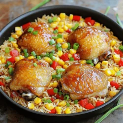 - 2 cups basmati rice, rinsed - 4 chicken thighs, bone-in and skin-on - 1 cup chicken broth - 1/2 cup honey - 1/4 cup BBQ sauce - 1 tablespoon soy sauce - 1 teaspoon smoked paprika - 1 teaspoon garlic powder - 1 teaspoon onion powder - Salt and pepper to taste - 1 cup corn (fresh, frozen, or canned) - 1 red bell pepper, diced - 1/2 cup green onions, sliced (for garnish) Gathering the right ingredients is key to making One-Pan Honey BBQ Chicken Rice. I love using basmati rice because it cooks fluffy and absorbs flavors well. The chicken thighs are juicy and tender, especially when cooked with the skin on. You’ll need honey for sweetness and BBQ sauce for that rich, smoky taste. Chicken broth adds depth. The spices like smoked paprika, garlic powder, and onion powder bring out the best in the dish. Don't forget salt and pepper to enhance all these flavors! Lastly, colorful veggies like corn and red bell pepper not only taste great but also make the dish look beautiful. Sliced green onions on top add a fresh touch. This blend of ingredients makes each bite a delight. For the full recipe and more details, check out the [Full Recipe]. Start by seasoning the chicken thighs. Use salt, pepper, smoked paprika, garlic powder, and onion powder. Rub these spices on both sides. This step adds great flavor. Next, heat a drizzle of olive oil in your skillet over medium-high heat. Place the chicken thighs skin-side down in the hot pan. Sear them for about 5-7 minutes. This makes the skin golden and crispy. Flip the chicken and sear the other side for another 5 minutes. Remove the chicken from the pan and set it aside. Now, it's time to cook the rice and sauce. In the same pan, add 2 cups of rinsed basmati rice. Pour in 1 cup of chicken broth, 1/2 cup of honey, 1/4 cup of BBQ sauce, and 1 tablespoon of soy sauce. Stir well to mix all the ingredients together. This step creates a rich flavor base. Return the chicken to the pan, placing it on top of the rice mixture. Add 1 cup of corn and 1 diced red bell pepper around the chicken. Bring this mixture to a gentle boil. Next, reduce the heat to low. Cover the pan with a lid, and let it cook for about 25-30 minutes. Check the rice to see if it's tender and has absorbed all the liquid. Once cooked, remove the pan from heat and let it sit for another 5 minutes. Fluff the rice with a fork and check that the chicken is cooked through. The internal temperature should reach 165°F (75°C). For an extra touch, garnish with sliced green onions before serving. For the full recipe, check the section above. To get a great sear, always place the chicken skin-side down. This helps to crisp the skin, making it tasty and golden. Use medium-high heat for the best results. This heat level helps the chicken cook without burning. You can add more spices for extra flavor. Try cayenne for heat or thyme for a fresh taste. If you want to change the BBQ sauce, mix in some mustard or hot sauce. This will give it a unique twist that matches your taste. Serving directly from the pan gives a rustic feel. It’s easy and fun for guests. For a pop of color, drizzle extra BBQ sauce on top. Adding sliced green onions not only looks good but adds a fresh bite. Enjoy your meal with beautiful and tasty flair! {{image_2}} You can change the chicken cuts for this dish. Chicken breasts work well. They cook faster and stay juicy. You can also use chicken tenders if you prefer smaller pieces. If you want to try other meats, pork chops are great. They give a rich flavor. You can also use boneless turkey thighs. These options keep the meal tasty and fun. Adding different veggies can change the dish. You can use broccoli, zucchini, or peas. These veggies add color and nutrients. For seasonal freshness, try asparagus in spring. In summer, use cherry tomatoes for a sweet burst. In fall, butternut squash adds a warm flavor. Each choice makes your meal unique. If you want to make your sauce, mix ketchup, brown sugar, and vinegar. This homemade sauce can fit your taste. You can even add hot sauce for a kick. For healthier choices, look for low-sugar BBQ sauces. They keep the flavor but cut down on sugar. You can also use sauce made from fruit, like peach or apple. This adds a sweet twist to your chicken. For the full recipe, check the main article. To keep your One-Pan Honey BBQ Chicken Rice fresh, store it in airtight containers. Let it cool to room temperature first. Then, place it in the fridge. This way, it stays good for up to four days. If you want to freeze it, pack it in freezer-safe bags. Be sure to remove as much air as possible. This helps prevent freezer burn. You can freeze it for up to three months. When it's time to enjoy leftovers, you can reheat them safely. The best methods are the microwave or stovetop. For the microwave, place the rice and chicken in a bowl. Add a splash of water to keep it moist. Cover it with a lid or microwave-safe wrap. Heat in short bursts until hot, stirring often. If you're using the stovetop, heat it in a skillet over low heat. Stir gently to keep it from sticking. To maintain texture and flavor, avoid overheating. Check that the chicken reaches 165°F (75°C) again. This keeps it safe to eat and tasty! The total cook time is about 1 hour. Here’s the breakdown: - Prep time: 10 minutes - Cooking time: 30 minutes - Resting time: 5 minutes This timing makes it easy to plan your meal. You can spend the prep time gathering your ingredients and seasoning the chicken. Once the chicken is cooked, the rice takes about 25 to 30 minutes to become tender. Yes, you can make this dish ahead of time. To prepare in advance, cook the dish as usual. Once it cools, store it in an airtight container. Keep it in the fridge for up to three days. You can also freeze it for up to two months. Just thaw it overnight in the fridge when ready to eat. I recommend using basmati rice for this dish. Basmati has a nice texture and flavor. It cooks well and absorbs the honey BBQ sauce perfectly. You can also use jasmine rice as an alternative. Both types of rice complement the chicken nicely, giving you a tasty meal. Other rice types may not give the same results in texture or taste. In this blog post, we explored making One-Pan Honey BBQ Chicken Rice. We detailed the key ingredients, from rice and chicken thighs to flavorful sauces. The step-by-step instructions guided you through prepping, cooking, and final touches. I shared tips for searing chicken, enhancing flavors, and presenting the dish beautifully. With variations and storage ideas, you can customize and enjoy each meal. Remember, cooking should be fun and creative. Try this recipe and make it your own to impress friends and family. Enjoy your cooking journey!