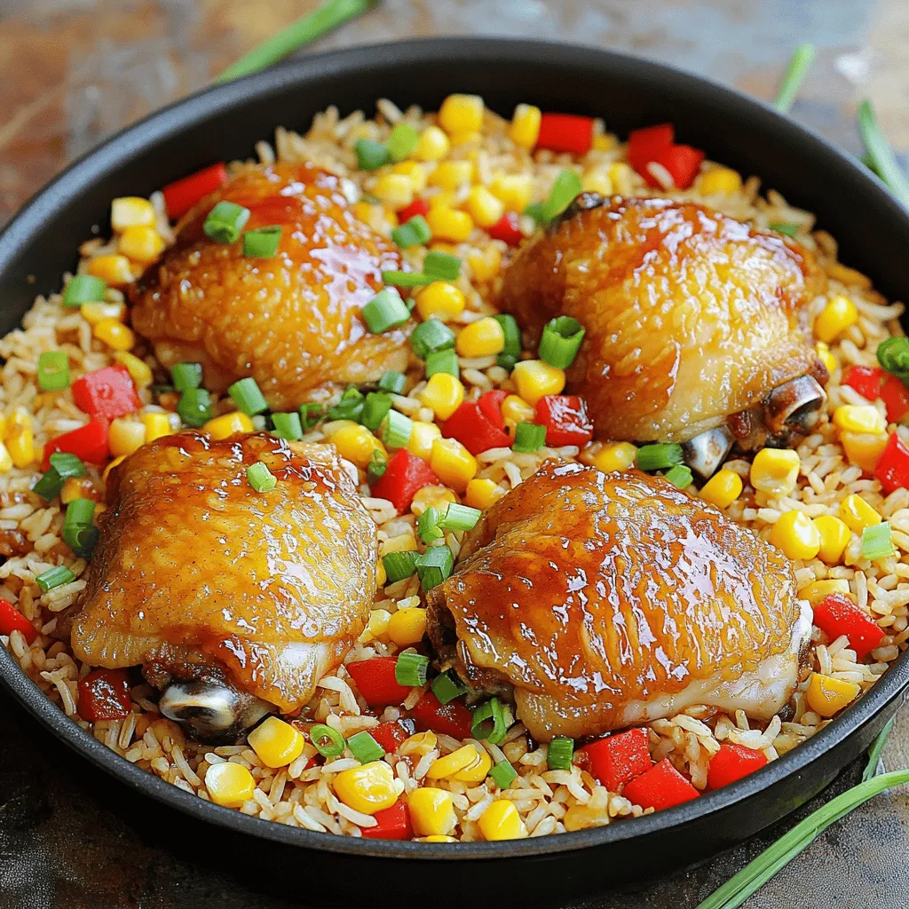 - 2 cups basmati rice, rinsed - 4 chicken thighs, bone-in and skin-on - 1 cup chicken broth - 1/2 cup honey - 1/4 cup BBQ sauce - 1 tablespoon soy sauce - 1 teaspoon smoked paprika - 1 teaspoon garlic powder - 1 teaspoon onion powder - Salt and pepper to taste - 1 cup corn (fresh, frozen, or canned) - 1 red bell pepper, diced - 1/2 cup green onions, sliced (for garnish) Gathering the right ingredients is key to making One-Pan Honey BBQ Chicken Rice. I love using basmati rice because it cooks fluffy and absorbs flavors well. The chicken thighs are juicy and tender, especially when cooked with the skin on. You’ll need honey for sweetness and BBQ sauce for that rich, smoky taste. Chicken broth adds depth. The spices like smoked paprika, garlic powder, and onion powder bring out the best in the dish. Don't forget salt and pepper to enhance all these flavors! Lastly, colorful veggies like corn and red bell pepper not only taste great but also make the dish look beautiful. Sliced green onions on top add a fresh touch. This blend of ingredients makes each bite a delight. For the full recipe and more details, check out the [Full Recipe]. Start by seasoning the chicken thighs. Use salt, pepper, smoked paprika, garlic powder, and onion powder. Rub these spices on both sides. This step adds great flavor. Next, heat a drizzle of olive oil in your skillet over medium-high heat. Place the chicken thighs skin-side down in the hot pan. Sear them for about 5-7 minutes. This makes the skin golden and crispy. Flip the chicken and sear the other side for another 5 minutes. Remove the chicken from the pan and set it aside. Now, it's time to cook the rice and sauce. In the same pan, add 2 cups of rinsed basmati rice. Pour in 1 cup of chicken broth, 1/2 cup of honey, 1/4 cup of BBQ sauce, and 1 tablespoon of soy sauce. Stir well to mix all the ingredients together. This step creates a rich flavor base. Return the chicken to the pan, placing it on top of the rice mixture. Add 1 cup of corn and 1 diced red bell pepper around the chicken. Bring this mixture to a gentle boil. Next, reduce the heat to low. Cover the pan with a lid, and let it cook for about 25-30 minutes. Check the rice to see if it's tender and has absorbed all the liquid. Once cooked, remove the pan from heat and let it sit for another 5 minutes. Fluff the rice with a fork and check that the chicken is cooked through. The internal temperature should reach 165°F (75°C). For an extra touch, garnish with sliced green onions before serving. For the full recipe, check the section above. To get a great sear, always place the chicken skin-side down. This helps to crisp the skin, making it tasty and golden. Use medium-high heat for the best results. This heat level helps the chicken cook without burning. You can add more spices for extra flavor. Try cayenne for heat or thyme for a fresh taste. If you want to change the BBQ sauce, mix in some mustard or hot sauce. This will give it a unique twist that matches your taste. Serving directly from the pan gives a rustic feel. It’s easy and fun for guests. For a pop of color, drizzle extra BBQ sauce on top. Adding sliced green onions not only looks good but adds a fresh bite. Enjoy your meal with beautiful and tasty flair! {{image_2}} You can change the chicken cuts for this dish. Chicken breasts work well. They cook faster and stay juicy. You can also use chicken tenders if you prefer smaller pieces. If you want to try other meats, pork chops are great. They give a rich flavor. You can also use boneless turkey thighs. These options keep the meal tasty and fun. Adding different veggies can change the dish. You can use broccoli, zucchini, or peas. These veggies add color and nutrients. For seasonal freshness, try asparagus in spring. In summer, use cherry tomatoes for a sweet burst. In fall, butternut squash adds a warm flavor. Each choice makes your meal unique. If you want to make your sauce, mix ketchup, brown sugar, and vinegar. This homemade sauce can fit your taste. You can even add hot sauce for a kick. For healthier choices, look for low-sugar BBQ sauces. They keep the flavor but cut down on sugar. You can also use sauce made from fruit, like peach or apple. This adds a sweet twist to your chicken. For the full recipe, check the main article. To keep your One-Pan Honey BBQ Chicken Rice fresh, store it in airtight containers. Let it cool to room temperature first. Then, place it in the fridge. This way, it stays good for up to four days. If you want to freeze it, pack it in freezer-safe bags. Be sure to remove as much air as possible. This helps prevent freezer burn. You can freeze it for up to three months. When it's time to enjoy leftovers, you can reheat them safely. The best methods are the microwave or stovetop. For the microwave, place the rice and chicken in a bowl. Add a splash of water to keep it moist. Cover it with a lid or microwave-safe wrap. Heat in short bursts until hot, stirring often. If you're using the stovetop, heat it in a skillet over low heat. Stir gently to keep it from sticking. To maintain texture and flavor, avoid overheating. Check that the chicken reaches 165°F (75°C) again. This keeps it safe to eat and tasty! The total cook time is about 1 hour. Here’s the breakdown: - Prep time: 10 minutes - Cooking time: 30 minutes - Resting time: 5 minutes This timing makes it easy to plan your meal. You can spend the prep time gathering your ingredients and seasoning the chicken. Once the chicken is cooked, the rice takes about 25 to 30 minutes to become tender. Yes, you can make this dish ahead of time. To prepare in advance, cook the dish as usual. Once it cools, store it in an airtight container. Keep it in the fridge for up to three days. You can also freeze it for up to two months. Just thaw it overnight in the fridge when ready to eat. I recommend using basmati rice for this dish. Basmati has a nice texture and flavor. It cooks well and absorbs the honey BBQ sauce perfectly. You can also use jasmine rice as an alternative. Both types of rice complement the chicken nicely, giving you a tasty meal. Other rice types may not give the same results in texture or taste. In this blog post, we explored making One-Pan Honey BBQ Chicken Rice. We detailed the key ingredients, from rice and chicken thighs to flavorful sauces. The step-by-step instructions guided you through prepping, cooking, and final touches. I shared tips for searing chicken, enhancing flavors, and presenting the dish beautifully. With variations and storage ideas, you can customize and enjoy each meal. Remember, cooking should be fun and creative. Try this recipe and make it your own to impress friends and family. Enjoy your cooking journey!