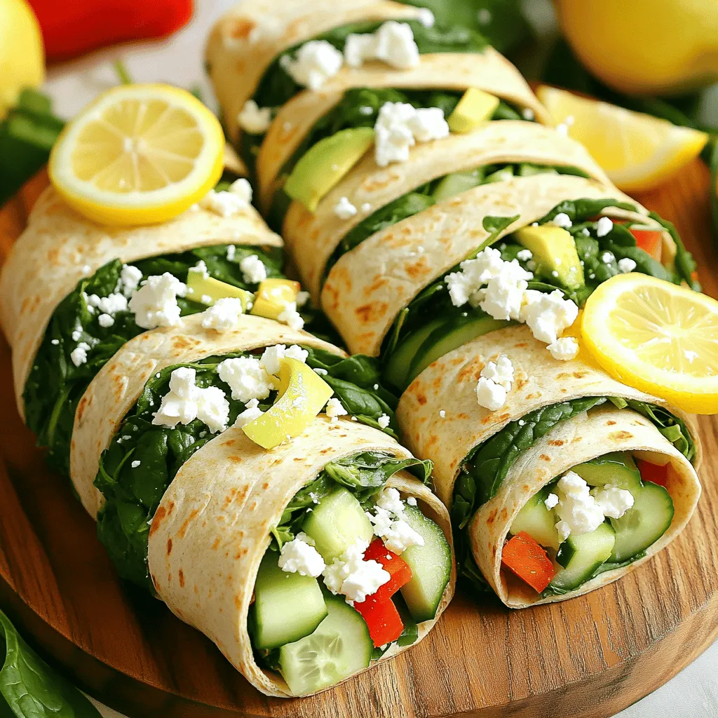 To make Healthy Spinach and Feta Wraps, gather the following items: - 4 large whole wheat tortillas - 2 cups fresh spinach, washed and roughly chopped - 1 cup feta cheese, crumbled - 1 red bell pepper, thinly sliced - 1/2 cucumber, thinly sliced - 1/4 red onion, finely minced - 1 avocado, sliced - 2 tablespoons hummus (plain or garlic flavor) - 1 tablespoon lemon juice - Salt and pepper to taste - 1/4 teaspoon garlic powder (optional) These ingredients come together to create a tasty and healthy meal. You can add a few extras to boost the taste of your wraps: - Fresh herbs like parsley or dill - A drizzle of olive oil - Sun-dried tomatoes for a tangy twist - Chopped olives for a salty kick Feel free to mix and match these items to suit your taste. Each wrap is packed with nutrients. Here’s a quick look at the nutrition values per serving: - Calories: 300 - Protein: 10g - Carbohydrates: 35g - Dietary Fiber: 8g - Sugars: 3g - Fat: 14g These wraps are not only delicious but also provide a balanced meal option. Enjoy making these wraps, and explore the [Full Recipe] for detailed instructions! To start, take your whole wheat tortillas. Place them flat on a clean surface. Spread 1/2 tablespoon of hummus on each tortilla. Leave a small space at the edges. This helps keep the filling from spilling out. In a medium bowl, combine the fresh spinach and crumbled feta cheese. Add in the sliced red bell pepper, cucumber, red onion, and avocado. Pour in the lemon juice. Season with salt and pepper. If you like, add garlic powder for more flavor. Gently mix all the ingredients together until they are well combined. Now, it's time to put it all together. Take a tortilla with hummus and place the filling on top. Spread it out evenly. Fold the sides of the tortilla inward. Then roll it up tightly from the bottom to the top. Make sure the filling stays inside as you roll. Slice the wrap in half diagonally for easy eating. You can serve it with extra hummus on the side. For the full recipe, check out the Healthy Spinach and Feta Wraps section. To make the best healthy spinach and feta wraps, choose fresh ingredients. Look for bright green spinach leaves. They should feel crisp and firm. The feta cheese should be soft and creamy. Check for a good smell. For the red bell pepper, pick one that is shiny and firm. A fresh cucumber will have a smooth skin. Soggy wraps ruin the fun of eating. To keep your wraps crisp, spread hummus on the tortillas, not too thick. Use less watery veggies, like cucumber. You can also layer ingredients wisely. Place dry ingredients first, and then add wetter ones. This keeps moisture away from the tortilla. A pretty wrap makes the meal feel special. Slice each wrap in half for easy eating. Arrange them on a bright platter. You can garnish with extra feta or lemon slices. This adds color and makes it more inviting. For extra flair, drizzle a little olive oil on top. This enhances the look and taste. You can find the full recipe to make these delicious wraps. Enjoy your cooking! {{image_2}} You can switch up the fillings in your spinach and feta wraps. Try adding grilled chicken or turkey for more protein. For a twist, use roasted vegetables like zucchini or eggplant. You can even add beans for fiber and a heartier meal. Mix and match your favorites to keep things fresh. These wraps are easy to make vegetarian or vegan. For a vegetarian option, keep the feta cheese. If you want a vegan wrap, swap the feta for avocado or a nut-based cheese. Hummus is already vegan, so you’re good there. This way, everyone can enjoy a tasty wrap! If you like a kick, add some heat to your wraps. Chopped jalapeños or a pinch of red pepper flakes can do the trick. You might also mix in a spicy hummus or a drizzle of sriracha. Just remember to taste as you go. You can always add more, but you can't take it out! Explore these variations to make your wraps exciting and full of flavor. For the complete recipe, check out the Full Recipe section. After making your healthy spinach and feta wraps, you may have some leftovers. To store them, wrap each one in plastic wrap or foil. This keeps the wraps fresh and helps prevent them from drying out. Place the wrapped wraps in an airtight container. You can keep them in the fridge for up to three days. If you notice any sogginess, eat them sooner. If you want to save your wraps for later, freezing is a great option. First, wrap each wrap tightly in plastic wrap. Then, place them in a freezer-safe bag or container. Make sure to label the bags with the date. These wraps can stay in the freezer for about one month. When you are ready to eat them, simply thaw in the fridge overnight. To enjoy your wraps again, you can reheat them easily. Unwrap the wrap from plastic or foil. Use a microwave for quick heating. Heat on high for about 30 seconds to one minute. If you prefer a crispy texture, warm them in a skillet over medium heat. Cook for about 2-3 minutes on each side. This way, the wraps stay tasty and fresh, just like when you first made them. For the full recipe, check out the ingredients and instructions above! You can use goat cheese, ricotta, or even cottage cheese. Each adds a unique taste. Goat cheese is creamy and tangy. Ricotta gives a light and fluffy feel. Cottage cheese is mild but still tasty. Try them out to see what you like best! Yes, you can! Just prepare the filling and store it in a sealed container. Spread the hummus on the tortillas when you are ready to eat. This keeps the wraps fresh and prevents them from getting soggy. They taste great even if made a few hours in advance. The wraps stay fresh for about two days in the fridge. Make sure to wrap them tightly in plastic wrap or foil. This helps keep them from drying out. If you notice any change in smell or texture, it’s best to throw them away. Enjoy your Healthy Spinach and Feta Wraps! For the full recipe, click here. In this article, we explored how to make tasty spinach and feta wraps. We focused on key ingredients, easy instructions, and creative variations to suit any taste. I shared tips for fresh veggies, preventing soggy wraps, and great ways to present your dish. We also covered storage and FAQs to help you enjoy your wraps longer. Now, it’s your turn to try these ideas in your kitchen. Enjoy making delicious wraps that everyone will love!