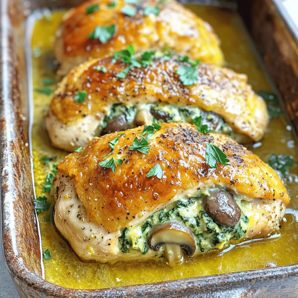 For this tasty stuffed chicken, gather these simple ingredients: - 4 boneless, skinless chicken breasts - 2 cups mushrooms, finely chopped (button or cremini work well) - 1 small onion, finely chopped - 2 cloves garlic, minced - 1/2 cup spinach, finely chopped - 1/2 cup low-fat cream cheese, softened - 1/2 cup shredded mozzarella cheese - 1 teaspoon dried thyme - 1 teaspoon dried basil - Salt and pepper to taste - 1 tablespoon olive oil - Fresh parsley for garnish Each serving is not only delicious but also healthy. Here’s what you get per serving: - Calories: 290 - Protein: 32g - Carbohydrates: 6g - Dietary Fiber: 1g - Fat: 14g - Saturated Fat: 6g This dish packs protein from the chicken and cheese, plus vitamins from the mushrooms and spinach. You can easily swap ingredients for your own tastes or needs: - Chicken: Use turkey breasts for a lighter option. - Mushrooms: Try portobello for a meatier texture. - Cream Cheese: Greek yogurt works well for a tangy twist. - Cheese: Swap mozzarella for cheddar or feta for more flavor. - Herbs: Use fresh herbs if you have them; they add great taste. These changes keep the dish fresh and fun. Check the Full Recipe for more cooking tips! 1. Start by preheating your oven to 375°F (190°C). This step warms up the oven for even cooking. 2. In a skillet, pour in the olive oil and heat it over medium heat. 3. Add the finely chopped onion and minced garlic to the skillet. Cook until the onion is soft and clear, which takes about 3-4 minutes. 4. Next, toss in the finely chopped mushrooms. Cook them until they turn brown, which takes about 5-7 minutes. 5. Add the chopped spinach into the mix and stir. Cook until the spinach wilts, which should take about 2 minutes. 6. Season the mixture with thyme, basil, salt, and pepper to taste. Remove from heat and let it cool a bit. 7. In a bowl, combine the mushroom mixture with softened cream cheese and shredded mozzarella. Mix well until everything is blended. 8. Take each chicken breast and use a sharp knife to make a pocket. Cut horizontally, but do not slice all the way through. 9. Stuff each chicken breast with the mushroom filling. If needed, use toothpicks to keep the filling inside. 10. Place the stuffed chicken breasts in a greased baking dish. Sprinkle salt and pepper on top for added flavor. 11. Bake in the preheated oven for 25-30 minutes. Check that the chicken reaches an internal temperature of 165°F (74°C). 12. Once done, remove the chicken from the oven. Let it rest for 5 minutes before serving. 13. Garnish each stuffed chicken breast with fresh parsley for a touch of color. This adds a nice visual appeal to your dish. 14. Serve the healthy mushroom stuffed chicken with your favorite sides for a tasty weeknight meal. Enjoy the savory flavors and feel good about your healthy choice! 15. For the complete recipe, check out the Full Recipe section earlier in the article. To make stuffed chicken just right, focus on the filling. Use fresh ingredients for flavor. I love using mushrooms, spinach, and creamy cheese. This mix adds taste and keeps the chicken moist. When you cut the chicken, make sure to create a deep pocket. Not cutting all the way through helps hold the filling better. After stuffing, secure the opening with toothpicks if needed. This keeps the filling inside while it cooks. One big mistake is overcooking the chicken. This can make it dry and tough. Use a meat thermometer to check the internal temperature. It should reach 165°F (74°C) for safety. Another mistake is not seasoning enough. Don’t skip the salt and pepper. They enhance the taste of every bite. Lastly, be careful not to rush the cooling of the filling. Letting it cool a bit makes it easier to handle. For this recipe, a sharp knife is key. It helps you cut the chicken properly. I also recommend a large skillet for cooking the filling. A good baking dish ensures even cooking. You might want a meat thermometer for best results. It helps you know when the chicken is done. Lastly, having toothpicks on hand can help keep your filling snug. You can find all the details in the Full Recipe for a tasty way to enjoy this dish. {{image_2}} You can mix things up with your stuffing. Try adding some diced bell peppers for a sweet crunch. Chopped sun-dried tomatoes add a tangy flavor. You might also like to add nuts for a bit of crunch. Pine nuts or walnuts work well. Fresh herbs like parsley or chives boost the taste too. These additions will make your mushroom stuffing even more exciting. If you want to switch proteins, turkey works great. Turkey breasts are lean and tasty. You can also use pork tenderloin for a richer flavor. For a vegetarian option, try stuffed portobello mushrooms. They are meaty and absorb flavors well. This way, you can enjoy a filling meal without chicken. For a dairy-free version, substitute cream cheese with a plant-based cream. Nutritional yeast can add a cheesy flavor without dairy. If you need to keep it low-carb, use zucchini or eggplant instead of chicken. Both options can hold the stuffing nicely. For gluten-free diets, ensure all ingredients are certified gluten-free. These swaps make this dish fit various dietary needs while keeping it delicious. For the full recipe, check out the Savory Mushroom-Stuffed Chicken Delight. After enjoying your mushroom stuffed chicken, let it cool down. Place the leftovers in an airtight container. Store it in the fridge for up to three days. This keeps the chicken fresh and ready for a quick meal. When you're ready to eat your leftovers, preheat your oven to 350°F (175°C). Place the stuffed chicken in a baking dish. Cover it with foil to keep it moist. Heat for about 15-20 minutes, or until it's warm. You can also use the microwave for a quick option. Heat on medium power for 2-3 minutes, checking to avoid overcooking. You can freeze the mushroom stuffed chicken for longer storage. Wrap each piece in plastic wrap, then place it in a freezer bag. Be sure to remove as much air as possible. It will stay good for up to three months. When you're ready to eat, thaw it in the fridge overnight before reheating. For best flavor, enjoy it within a month. For the full recipe, refer to the detailed instructions above. The best mushrooms for stuffing chicken are button or cremini. Both have great flavor and texture. You can also try shiitake or portobello for a bolder taste. They add a nice earthiness to your dish. I like to finely chop them to blend well with the filling. This way, every bite is packed with yummy mushroom goodness. Yes, you can prepare this dish ahead of time. You can stuff the chicken breasts and then cover them in the fridge. Just make sure to cook them within 24 hours for the best taste and safety. When you're ready to cook, just take them out and bake. This makes dinner easy on busy weeknights! To check if the chicken is done, use a meat thermometer. The inside should reach 165°F (74°C). If you don't have a thermometer, you can cut into the thickest part. The juices should run clear, not pink. This ensures your meal is safe and delicious. Trust me, no one likes dry chicken, so avoid overcooking! For the detailed cooking method, you can refer to the Full Recipe. This blog post covered how to make stuffed chicken, from ingredients to storage. You learned about the key ingredients and their nutrition. I shared tips to perfect your dish and highlighted common mistakes to avoid. You can use various proteins and customize the stuffing. Remember to store leftovers properly and reheat them safely. With these steps, you can create a tasty meal every time. Enjoy your cooking journey and impress your friends and family!