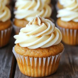 To make Pumpkin Spice Latte Cupcakes, gather these ingredients: - 1 ½ cups all-purpose flour - 1 teaspoon baking powder - 1 teaspoon baking soda - ½ teaspoon salt - 2 teaspoons pumpkin pie spice - ½ cup unsalted butter, softened - 1 cup granulated sugar - 2 large eggs - 1 cup pumpkin puree - ¾ cup brewed coffee, cooled - 1 teaspoon vanilla extract - 1 cup powdered sugar - 2 tablespoons milk - ¼ teaspoon ground cinnamon (for garnish) Using fresh ingredients really boosts flavor. For pumpkin puree, I love using homemade. It tastes richer than canned. If you use canned, check for quality brands with just pumpkin listed. Always measure your flour correctly. Too much can make cupcakes dense. Also, use room temperature eggs and butter for a smooth batter. This helps the cupcakes rise better. Enjoy the process, and get ready for a delightful treat! For the full recipe, refer to the earlier section. First, preheat your oven to 350°F (175°C). This is key for even baking. Next, line your muffin tin with cupcake liners. This helps with easy removal later. Now, let’s mix the dry ingredients. In a medium bowl, whisk together these ingredients: - 1 ½ cups all-purpose flour - 1 teaspoon baking powder - 1 teaspoon baking soda - ½ teaspoon salt - 2 teaspoons pumpkin pie spice Set this bowl aside. In a large bowl, cream together ½ cup of softened unsalted butter and 1 cup of granulated sugar. Use an electric mixer for about 3-4 minutes. Aim for a light and fluffy mixture. Next, add 2 large eggs, one at a time. Beat well after adding each egg. Now, mix in 1 cup of pumpkin puree. This will give your cupcakes that rich pumpkin flavor. It’s time to combine the wet and dry ingredients. Gradually add the dry mix to the wet mix. Alternate with ¾ cup of cooled brewed coffee. Start and end with the dry mix. Stir until just combined, then add 1 teaspoon of vanilla extract. Now, fill the cupcake liners. Divide the batter evenly, filling each about 2/3 full. This allows room for rising. Bake in your preheated oven for 18-22 minutes. A toothpick inserted in the center should come out clean. After baking, let the cupcakes cool in the tin for about 5 minutes. Then, transfer them to a wire rack to cool completely. This step is important for perfect frosting later. Let’s make the icing now. In a small bowl, combine 1 cup of powdered sugar and 2 tablespoons of milk. Mix until you achieve a smooth consistency. Adjust the milk if needed. Once the cupcakes are cool, drizzle the icing on top. For a finishing touch, sprinkle a pinch of ground cinnamon. This adds both flavor and a lovely look. These cupcakes are perfect for fall gatherings, cozy evenings, or just a sweet treat for yourself. Enjoy your Pumpkin Spice Latte Cupcakes! For the full recipe, refer to the earlier sections. To bake perfect pumpkin spice latte cupcakes, avoid common mistakes. One mistake is overmixing the batter. This can lead to dense cupcakes. Mix until just combined to keep them light and fluffy. Another mistake is not measuring ingredients correctly. Use dry measuring cups for flour and sugar. Level them off with a straight edge. To achieve the best cupcake texture, make sure your butter is softened. Cold butter won't mix well. Also, ensure your eggs are at room temperature. This helps create a better emulsion. Use fresh pumpkin puree for richer flavor. If you can, make it from scratch. Get creative with frosting designs! You can swirl the icing high for a fun look. For a simple design, spread the frosting flat on top. You can even use a piping bag for fancy patterns. Adding edible decorations makes your cupcakes pop. Try chocolate sprinkles or chopped nuts for crunch. You can also use caramel drizzle for extra sweetness. Fresh whipped cream can add a light touch. For a final touch, sprinkle with a bit of ground cinnamon. These ideas will make your cupcakes stand out at any gathering. For the full recipe, check the main article. {{image_2}} You can easily add extra flavor to your pumpkin spice latte cupcakes. Consider mixing in chocolate chips or chopped nuts. Chocolate chips give a sweet touch. Nuts add a nice crunch. Both make the cupcakes even more fun to eat. For frosting, you have options too. Cream cheese frosting pairs well with pumpkin flavors. It adds a tangy taste. You can also try chocolate frosting for a richer treat. Each frosting choice changes the flavor and look of your cupcakes. If you need gluten-free cupcakes, you can use a gluten-free flour blend. Many brands work well in baking. Check the mix for good results, as some blends differ in taste. For vegan options, substitute eggs with applesauce or flaxseed meal. Use plant-based butter or oil in place of dairy butter. You can also use almond or oat milk instead of regular milk. These small changes keep your cupcakes delicious and suitable for many diets. If you want to cut sugar, try using honey or maple syrup. These natural sweeteners add a nice flavor. Just adjust the liquid ingredients to keep the batter right. For the full recipe, you can check the main section of this article. Enjoy experimenting with these variations! To keep your pumpkin spice latte cupcakes fresh, use airtight containers. This helps keep moisture in and air out. Store them at room temperature for up to three days. If you want to keep them longer, the fridge is a good option. Just remember, refrigeration can change their texture a bit. To maintain freshness, avoid stacking the cupcakes. This prevents them from getting squished. You can also place parchment paper between layers if you need to stack them. Make sure the icing is set before covering them. This way, you won’t mess up the frosting. Freezing cupcakes is a great way to save them for later. Start by letting the cupcakes cool completely. Once they are cool, wrap each cupcake in plastic wrap. Then, place them in a freezer-safe bag or container. This protects them from freezer burn. Cupcakes can be frozen for up to three months. When you're ready to enjoy them, take them out of the freezer. Let them thaw in the fridge overnight for the best taste and texture. If you're in a hurry, you can let them sit at room temperature for a few hours. Just remember, avoid microwaving them. This can dry them out. For the best results, frost them after thawing. This keeps the icing fresh and tasty. You can always check the [Full Recipe] for more tips. Can I use fresh pumpkin instead of canned? Yes, you can use fresh pumpkin. Just make sure to cook and puree it first. This gives a great flavor. Fresh pumpkin adds a nice touch and can enhance the taste of your cupcakes. How do I know when the cupcakes are done? You can check if they are done by inserting a toothpick into the center. If it comes out clean, they are ready. Cupcakes usually take about 18-22 minutes to bake. Can I make this recipe ahead of time? Yes, you can make the batter a day in advance. Just store it in the fridge. You can also bake the cupcakes and frost them later for serving. What can I substitute for coffee in the recipe? If you don’t want to use coffee, try brewed tea or even milk. You can also use hot water with a bit of cocoa powder for a different flavor. This keeps your cupcakes moist and tasty. For the complete recipe, check out the [Full Recipe]. In this blog post, you learned how to make delicious cupcakes from scratch. We covered key ingredients, step-by-step instructions, and helpful baking tips. You discovered variations for flavors and dietary needs, plus storage methods to keep your treats fresh. Remember, baking is fun and allows for creativity. Use the tips shared to avoid common mistakes. Enjoy your baking journey, and don’t be afraid to try new ideas. You’ll impress friends and family with your tasty creations.