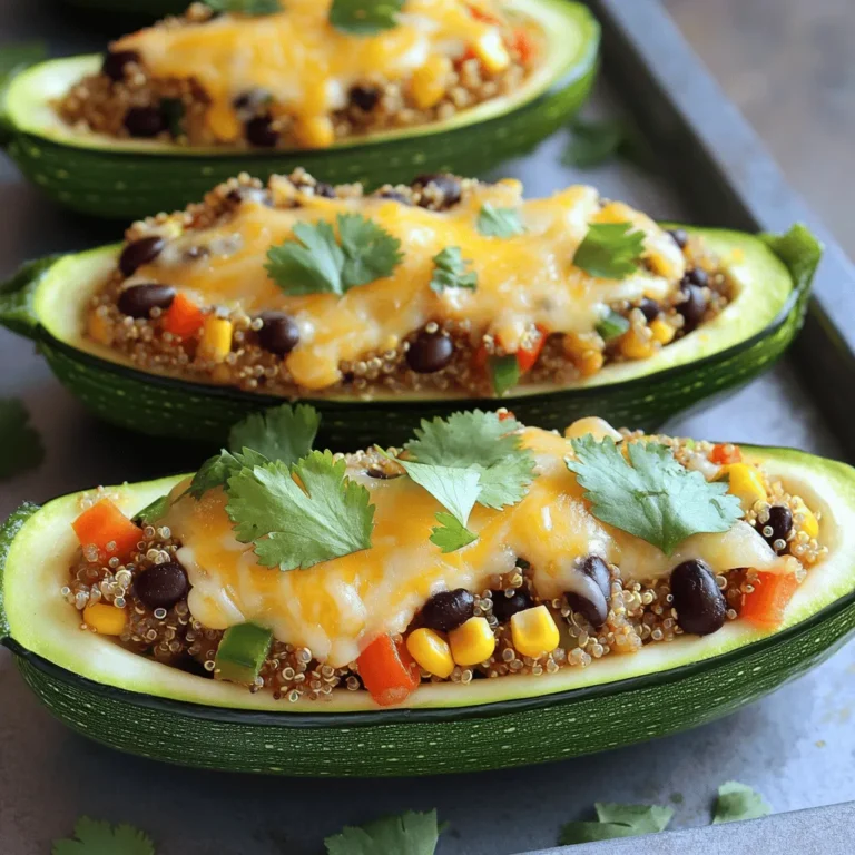 - Zucchinis: Start with 4 medium zucchinis. They serve as the boat for your filling. - Quinoa and Legumes: Use 1 cup of cooked quinoa and 1 cup of black beans for protein. These add texture and flavor. - Vegetables and Spices: Include a small red bell pepper, a small red onion, and spices like chili powder, cumin, and smoked paprika. These enhance the taste and make it colorful. - Cheese and Garnishes: Top with 1 cup of shredded cheese, either cheddar or pepper jack. Fresh cilantro or parsley adds a nice touch when serving. These ingredients blend well to create a tasty and healthy dish. Each one plays a key role in the flavor and texture of your stuffed zucchini boats. You can find the full recipe to guide you through the cooking process. 1. First, preheat your oven to 375°F (190°C). This helps the zucchini cook evenly. 2. Next, take each zucchini and slice it in half lengthwise. Use a spoon to scoop out the center. This creates little boats to hold the filling. Set aside the scooped-out flesh for later use. 1. In a skillet, heat 2 tablespoons of olive oil over medium heat. 2. Add 1 small finely chopped red onion and 1 small diced red bell pepper. Sauté these for about 5 minutes until they soften. 3. Stir in the reserved zucchini flesh, 1 teaspoon of chili powder, 1 teaspoon of cumin, and 1/2 teaspoon of smoked paprika. Add salt and pepper to taste. Cook this mix for another 2-3 minutes until it smells great. 4. In a large bowl, combine 1 cup of cooked quinoa, 1 cup of rinsed black beans, and 1 cup of corn kernels. Add in the sautéed vegetable mixture. Mix everything well. 1. Fill each zucchini boat with the quinoa filling. Press down gently to pack it in. 2. Place the stuffed zucchini in a baking dish. Top each one with 1 cup of shredded cheese. 3. Cover the dish with aluminum foil and bake for 25 minutes. After that, remove the foil and bake for another 10-15 minutes until the cheese is bubbly and golden. 4. Once done, let the zucchini boats cool for a few minutes. Garnish with fresh cilantro or parsley before serving. For the full recipe, check out the detailed instructions above. Enjoy your healthy and tasty stuffed zucchini boats! To cook zucchini boats evenly, choose medium zucchinis. They should be firm and smooth. Cut them in half lengthwise and scoop out the center. This creates a hollow boat to hold your filling. Keep the scooped flesh; it adds flavor to your filling. Using fresh ingredients makes a big difference. Fresh zucchini, vibrant bell peppers, and ripe tomatoes enhance taste. They also give your dish a bright look. Always rinse canned beans and corn to remove excess sodium. Fresh herbs like cilantro or parsley add freshness and flavor. Pair your zucchini boats with a tangy sauce. A dollop of sour cream or a drizzle of salsa works well. You could also serve them with a side salad or rice. This adds more color and nutrition to your plate. For garnishes, sprinkle chopped fresh herbs on top. You can also add a squeeze of lime for a zesty kick. If you like extra crunch, try adding crushed tortilla chips on top before serving. These small touches make your dish even more appealing and tasty. {{image_2}} You can fill zucchini boats with many tasty options. If you like meat, try ground turkey or beef. Just cook the meat first with spices. You can also use sausage for a bold flavor. For a lighter choice, use shredded chicken mixed with herbs. If you prefer a vegetarian or vegan option, use lentils or chickpeas. Both add protein and flavor. You can mix in mushrooms, spinach, or diced tomatoes too. These veggies boost nutrition and taste. A mix of brown rice and beans can also work well. It's filling and easy to make. To make your zucchini boats even better, add herbs and spices. Fresh basil, oregano, or thyme can bring out great flavors. If you like it spicy, try adding red pepper flakes or jalapeños. Just a pinch can change everything! Cheese can also enhance the taste. You can use regular cheese like mozzarella or cheddar. If you want a vegan option, try cashew cheese or nutritional yeast. Both give a nice cheesy flavor without dairy. Mix and match these ideas to create your perfect stuffed zucchini boats. For the full recipe, check below! To keep your stuffed zucchini boats fresh, store them in the fridge. Place leftovers in an airtight container. They can last up to three days. If you want to keep them longer, freezing is a great option. Wrap each zucchini boat tightly in plastic wrap. Then, place them in a freezer-safe bag. They can stay good for up to three months in the freezer. When it’s time to eat those delicious leftovers, reheating is key. The best way to reheat stuffed zucchini boats is in the oven. Preheat your oven to 350°F (175°C). Place the zucchini boats on a baking sheet. Cover them with foil to keep the moisture in. Heat for about 15-20 minutes until warmed through. You can also use the microwave for quick reheating. Just place them on a plate and heat for 1-2 minutes. However, this method may make them a bit soggy. Always check if they are hot inside before serving. Enjoy your tasty meal again! Can I make them ahead of time? Yes, you can prepare stuffed zucchini boats ahead of time. You can fill the zucchini and store them in the fridge for up to 24 hours before baking. This saves time and adds flavor as the filling settles overnight. What are good side dishes to serve with them? Stuffed zucchini boats pair well with many side dishes. Here are a few ideas: - A fresh green salad with a light vinaigrette. - Roasted vegetables for a warm side. - Quinoa or rice for a hearty addition. How do I know when they are done cooking? Your zucchini boats are done when the cheese is melted and golden. The zucchini should be tender but not mushy. You can test this by gently inserting a fork into the zucchini. If it goes in easily, they are ready to enjoy! Stuffed zucchini boats are easy and fun to make. We discussed key ingredients, like zucchini, quinoa, and cheese. You learned the steps to prepare, fill, and bake them to perfection. I shared tips to ensure even cooking and tasty serving ideas. You can also try different fillings and flavors based on your taste. Keep leftovers fresh and know how to reheat them well. Enjoy your cooking and explore all the variations. You will create delicious meals that everyone loves!