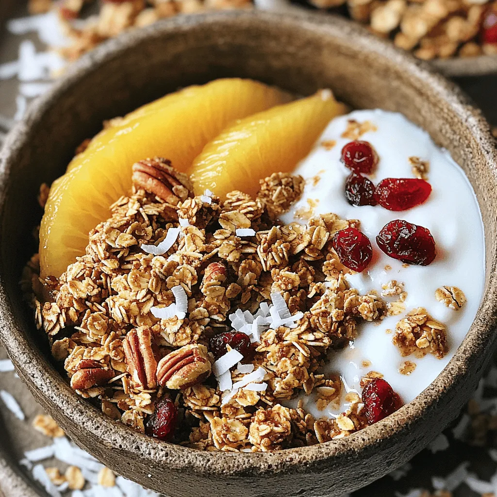To make a great maple pecan granola, you need these main ingredients: - 3 cups rolled oats - 1 cup chopped pecans - 1/2 cup unsweetened coconut flakes These ingredients create a hearty base. Rolled oats provide fiber and texture. Pecans add crunch and healthy fats. Coconut flakes give a sweet, chewy touch. The liquid ingredients bind everything together. You’ll need: - 1/2 cup pure maple syrup - 1/4 cup melted coconut oil - 1/2 teaspoon vanilla extract Maple syrup gives sweetness and flavor. Coconut oil helps with clumping and adds a light taste. Vanilla extract enhances the overall taste. To boost the flavor, you’ll want to add: - 1/2 teaspoon ground cinnamon - 1/4 teaspoon salt - Optional: 1/2 cup dried cranberries or raisins Cinnamon brings warmth and depth. A touch of salt balances the sweetness. Dried fruit adds extra flavor and chewiness if you like. For the full recipe, check the section above. Each ingredient plays a role in making your granola crunchy and tasty. - Preheat oven to 350°F (175°C) and prepare baking sheet. - In a large mixing bowl, combine the rolled oats, chopped pecans, coconut flakes, ground cinnamon, and salt. Mix well to distribute the dry ingredients evenly. Starting with a clean workspace helps a lot. Make sure you have all your ingredients ready. I like to measure everything out first. It saves time and keeps you organized. - Whisk together coconut oil, maple syrup, and vanilla extract. In another bowl, whisk together the melted coconut oil, maple syrup, and vanilla extract. This step blends the flavors well. The warm oil helps the syrup flow easily. - Combine and coat ingredients, spread evenly, bake, and cool. Now, pour the liquid mixture over the dry ingredients. Stir until everything is coated. This is where the magic happens! Spread the granola mixture evenly on your prepared baking sheet. Press it down gently to help it clump together. Bake for 20-25 minutes until golden brown. Stir halfway through for even baking. Once done, take it out and let it cool completely on the baking sheet. If you want, mix in dried cranberries or raisins while it’s still warm. Once cooled, break the granola into clusters. Store it in an airtight container. You can find the full recipe above to ensure you don’t miss a step! To get that perfect crunch in your granola, clumping is key. Here’s how you can make it stick together: - Press it down: After spreading your granola on the baking sheet, press it down firmly. This helps it stick during baking. - Use less liquid: Too much maple syrup can make the granola too loose. Stick to the 1/2 cup as listed in the Full Recipe. Even baking is also important. Stir the granola halfway through baking. This ensures it cooks evenly. Uneven baking can lead to some parts burning while others remain soft. Adding extra spices can elevate your granola. Try: - Nutmeg: Just a pinch offers warmth. - Ginger: Adds a zesty kick. When mixing in dried fruits, do this after baking. Adding them too early can cause them to burn. If you want to add cranberries or raisins, mix them in while the granola is warm. This helps them stick better. Enjoy your maple pecan granola in many ways. Here are some ideas: - With yogurt: Top your granola with yogurt and fresh fruit for a tasty breakfast. - In milk: Serve it like cereal with milk for a quick meal. You can also get creative. Use granola as a topping for desserts like ice cream or sprinkle it on salads for extra crunch. The possibilities are endless! {{image_2}} You can mix up the nuts in your granola. Try almonds, walnuts, or hazelnuts. Each nut gives a new taste and crunch. If you want a nut-free version, use seeds instead. Sunflower seeds or pumpkin seeds work great. They add protein and good fats without the nuts. Maple syrup is sweet and rich, but you can change it up. Honey or agave syrup are good choices. They add their own unique flavors. If you like it sweeter, add more sweetener. If you prefer less sweetness, reduce the amount. Taste as you mix to find what you like. Want to spice things up? Add chocolate chips for a sweet twist. Dark chocolate adds a rich flavor. You can also try spices like nutmeg or ginger. For seasonal fun, add pumpkin spice in the fall. Each of these changes keeps the granola exciting. Explore new flavors with every batch! For the full recipe, check out the Maple Pecan Granola. To keep your granola fresh, use airtight containers. Glass jars or plastic bins work great. They protect the granola from air and moisture. Store them in a cool, dry place like a pantry. Avoid leaving them open or near heat sources. If you live in a hot area, you might want to use the fridge. This extra step can help keep your granola crisp longer. Granola can last about two weeks at room temperature. If stored in the fridge, it can last up to a month. Always check for signs of spoilage. If it smells off or feels soft, it might be time to toss it. Hard clumps or a stale taste are also signs of aging. If your granola loses its crunch, don’t worry! You can easily restore its texture. Spread it on a baking sheet and heat it in the oven at 300°F for about 10 minutes. Keep an eye on it to avoid burning. Stir it halfway through to ensure even heating. Once it cools, it should be crunchy again. Enjoy your Maple Pecan Granola just like you made it fresh! To make your maple pecan granola gluten-free, you can use gluten-free oats. These oats are processed in a way that avoids cross-contamination with gluten. If you want to replace the oats, consider using quinoa flakes or puffed rice. They add a nice crunch. You can also use almond flour or coconut flour for extra flavor. Just remember, the texture may change a bit. Yes, you can freeze maple pecan granola. First, let it cool completely after baking. Then, place it in an airtight container or a zip-top freezer bag. Make sure you squeeze out the air before sealing. When you want to eat it, thaw it in the fridge overnight. You can also reheat it in the oven for a few minutes to get it crispy again. Maple pecan granola is not just tasty; it’s also good for you. Here are some benefits: - Oats are rich in fiber. They help with digestion and keep you full. - Pecans are full of healthy fats and antioxidants. They support heart health. - Maple syrup has some vitamins and minerals, like manganese and zinc. - Coconut flakes provide healthy fats and can help boost energy. This granola gives you a balanced start to your day or a healthy snack. You can find maple pecan granola at many stores. Health food stores often have good options. Brands like Nature Valley and Purely Elizabeth make tasty granola. You can also check local grocery stores. They often have a cereal aisle with various brands. If you prefer to make it at home, you can follow the Full Recipe I provided. It's simple and fun! Making maple pecan granola is easy and fun. We covered the main ingredients, like oats and pecans, along with the best ways to mix and bake. You got tips for texture, flavor, and serving ideas. Remember to store granola properly to keep it fresh. You can even try different nuts or sweeteners. Whether you enjoy it with yogurt or as a snack, this recipe brings joy to your day. Happy cooking and enjoy your delicious creation!
