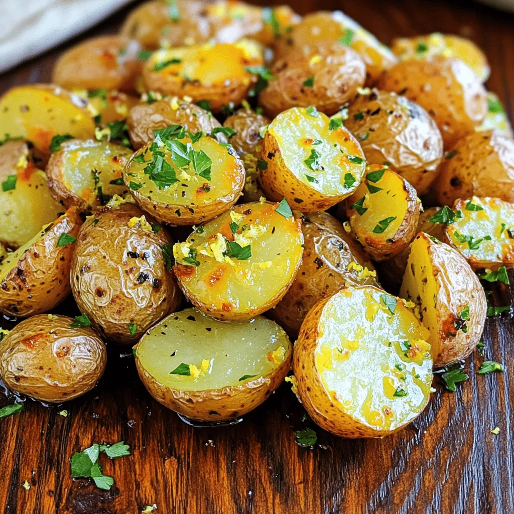 To make these lemon garlic herb roasted potatoes, gather these key items: - 2 pounds baby potatoes, halved - 4 tablespoons olive oil - 4 cloves garlic, minced - Zest and juice of 1 lemon - 2 teaspoons dried thyme - 2 teaspoons dried rosemary - Salt and pepper to taste - Fresh parsley, chopped (for garnish) You can add a few fun twists to the dish: - Red pepper flakes for a spicy kick - Parmesan cheese for a rich flavor - Fresh herbs like basil or oregano for extra freshness If you don't have an ingredient, here are some easy swaps: - Use canola oil instead of olive oil - Try fresh garlic if you prefer over minced - Swap lemon juice with lime juice for a different zest - Use any other dried herbs, like Italian seasoning, in place of thyme or rosemary Feel free to explore these options to make the dish your own! For the full recipe, check the section above. To start, gather your baby potatoes. These small potatoes cook evenly and have great flavor. Wash them well under cold water. Cut each potato in half to expose the soft inside. This step helps the potatoes absorb the flavors better. Next, grab a large mixing bowl. Add the halved potatoes, olive oil, and minced garlic. Then, add the lemon zest and juice. Zest gives a nice aroma, while juice adds brightness. Sprinkle in the dried thyme and rosemary. Season with salt and pepper to taste. Toss everything together well. Make sure each potato is coated evenly so they roast perfectly. Now, it's time to roast. Preheat your oven to 425°F (220°C). Spread the seasoned potatoes on a baking sheet lined with parchment paper. This makes cleanup easy. Roast the potatoes for about 25-30 minutes. Halfway through, turn the potatoes to ensure they cook evenly. They should turn golden brown and crispy. When done, they will be tender when pierced with a fork. Once out of the oven, let them cool for a minute. Finally, transfer them to a serving dish and sprinkle chopped fresh parsley on top for a beautiful finish. Enjoy this lemon garlic herb roasted potatoes recipe for a flavorful delight! For the complete recipe, check out the [Full Recipe]. To get perfect lemon garlic herb roasted potatoes, you need even cooking. Cut the potatoes in half to help them cook faster and more evenly. Try to make all the pieces the same size. This way, they roast at the same rate. Spread the potatoes out on the baking sheet in one layer. If they touch each other, they can steam instead of roast. To make the flavors pop, use fresh ingredients when you can. Fresh garlic gives a strong taste. Lemon zest adds a refreshing twist. Don’t skip the herbs! Thyme and rosemary boost the flavor. Make sure to coat the potatoes well with olive oil and seasonings. Toss them in a large bowl to mix everything together. This helps every potato soak up the good stuff. Crispiness is key for great roasted potatoes. Start with a hot oven, set at 425°F (220°C). This high heat helps them get golden and crunchy. Turn the potatoes halfway through roasting. This ensures they brown evenly on all sides. If you want extra crunch, let them roast a bit longer. Keep an eye on them so they don’t burn. For the full recipe, check the section above! {{image_2}} You can switch up the herbs in this recipe. Instead of thyme and rosemary, try using oregano or basil. Each herb brings a unique taste. You can also mix fresh herbs into the dish. Fresh parsley or chives can add a nice touch. Feel free to experiment with your favorites and create your own blend. Want to boost the flavor? Consider adding more citrus! You can use lime or orange juice along with the lemon. Their zesty flavors will brighten the dish. You can also add lemon slices on top of the potatoes before roasting. This adds a lovely citrus aroma and extra flavor. If you want to try a different cooking method, you have options! You can boil the potatoes first for a soft texture. Then, you can roast them for that crispy finish. Another option is to use an air fryer. This method cooks the potatoes quickly and makes them crispy. You will get that golden brown texture in less time. Each method gives you a unique twist on the lemon garlic herb roasted potatoes. For the full recipe, check the previous section. To keep your lemon garlic herb roasted potatoes fresh, let them cool first. Place them in an airtight container. Store them in the fridge for up to four days. Make sure to separate any sauce or juices to avoid sogginess. This way, your tasty dish stays crisp and flavorful. Reheating your potatoes is easy. You can use an oven or a skillet. If using the oven, preheat it to 350°F (175°C). Spread the potatoes on a baking sheet and heat for about 10-15 minutes. If using a skillet, add a splash of oil and heat on medium. Stir often until they are warm and crispy again. You can freeze these potatoes for later. First, cool them completely. Then, place them in a freezer-safe bag. Remove as much air as you can before sealing. They can last for up to three months in the freezer. When you want to eat them, thaw overnight in the fridge, then reheat as mentioned above. Enjoy the same great taste later! For the full recipe, check out the instructions above. Roast lemon garlic herb potatoes for 25-30 minutes at 425°F (220°C). Check for doneness by piercing a potato with a fork. The fork should slide in easily if they are tender. Turning the potatoes halfway through helps them cook evenly and get crispy. Yes, you can use regular potatoes. Just cut them into smaller, even pieces. This ensures they cook at the same rate as baby potatoes. Remember, the size of the pieces matters for even cooking. Dried thyme and rosemary are perfect for this dish. They add great flavor and aroma. You can also try fresh versions of these herbs. Other herbs like oregano or basil can work too. Just use what you love! For more details, check the Full Recipe. This article covered essential tips for making perfect lemon garlic herb potatoes. We explored required ingredients, optional additions, and smart substitutes. I shared step-by-step instructions for prepping and roasting, along with ways to achieve crispy texture and maximum flavor. Finally, I provided storage techniques and answered common questions. Now, you have all the tools to create a tasty side dish. Enjoy experimenting with variations and savor each bite. Your next meal will impress everyone!