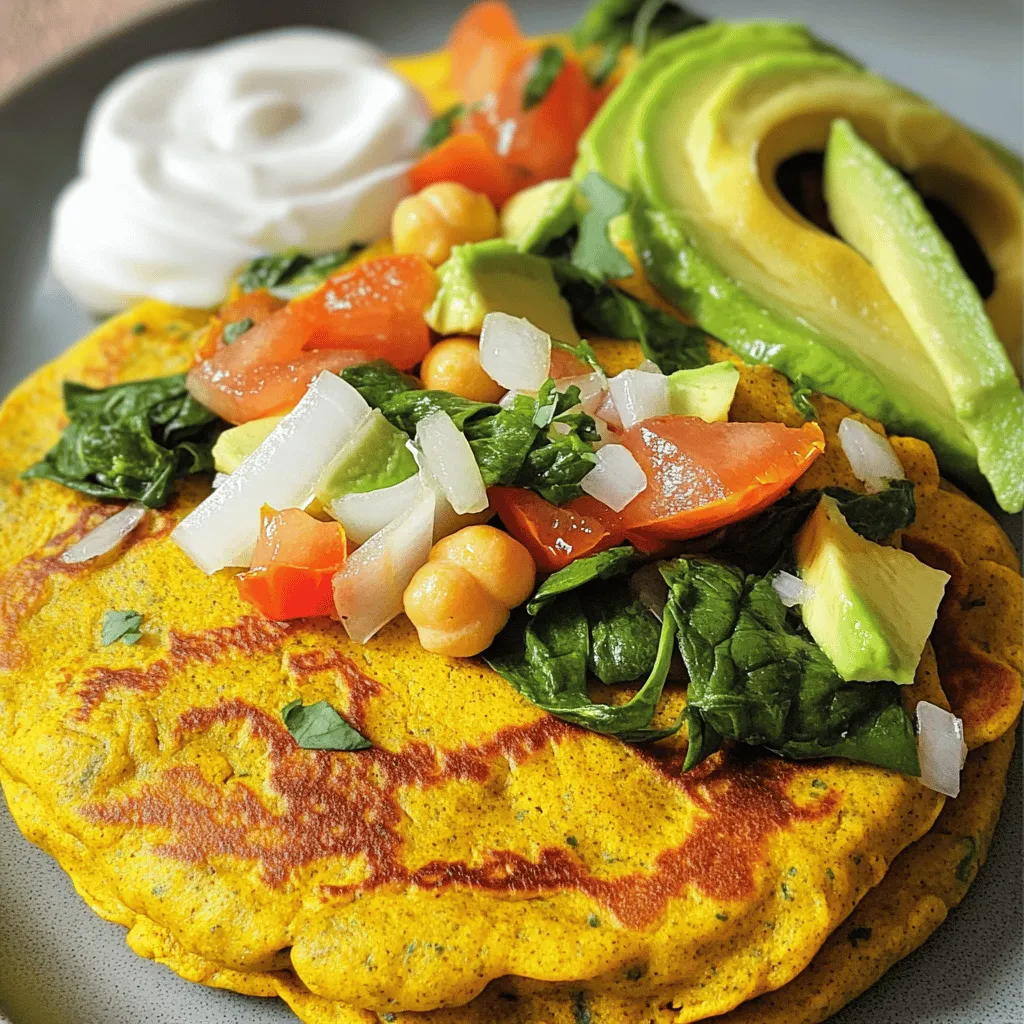To make chickpea flour pancakes, gather the following ingredients: - 1 cup chickpea flour (besan) - 1 cup water - 1/2 teaspoon turmeric powder - 1/2 teaspoon cumin powder - 1/4 teaspoon red chili powder (optional) - Salt to taste - 1/2 cup chopped spinach - 1/2 cup diced tomatoes - 1/4 cup finely chopped onion - 2 tablespoons chopped fresh cilantro - 2 tablespoons olive oil (for cooking) Chickpea flour is high in protein and fiber. It keeps you full. Turmeric has anti-inflammatory properties and adds bright color. Cumin boosts digestion. Spinach adds vitamins A and K. Tomatoes give you antioxidants. Onions provide flavor and vitamins. Cilantro offers freshness and helps detoxify. Olive oil is a healthy fat that improves heart health. When choosing chickpea flour, look for a fine texture. It should feel soft to the touch. Check the color; it should be a light yellow. Avoid any that look dark or have an off smell. Fresh flour is key to great pancakes. Store it in a cool, dry place to keep it fresh longer. Making chickpea flour pancakes is simple and fun. Here’s how you do it: 1. In a bowl, mix the chickpea flour, turmeric, cumin, red chili powder, and salt. 2. Gradually add water while whisking. Keep mixing until the batter is smooth. 3. Fold in the spinach, tomatoes, onion, and cilantro. Make sure they are well mixed. 4. Heat a non-stick skillet on medium heat. Add a tablespoon of olive oil. 5. Pour a ladle of batter onto the skillet. Spread it into a circle about 6 inches wide. 6. Cook for 2-3 minutes. Look for bubbles on the surface and lifted edges. 7. Flip the pancake carefully. Cook for another 2-3 minutes until golden brown. 8. Repeat this with the remaining batter, adding more oil as needed. 9. Serve hot with chutney, yogurt, or avocado slices. To get the best texture, here are a few tips: - Whisk well: Ensure there are no lumps in the batter. Smooth batter leads to soft pancakes. - Heat control: Keep your skillet on medium heat. Too hot can burn the pancakes. - Rest your batter: Let the batter sit for 5-10 minutes. This helps the flour absorb water well. - Cooking time: Don’t rush. Wait for bubbles to form before flipping. This shows it's ready. Chickpea flour pancakes are tasty any time. Here are some ideas for serving: - Pair them with fresh chutney for a zesty kick. - Use yogurt on the side for a creamy touch. - Add slices of avocado for healthy fats and creaminess. - Top with fresh herbs for added flavor and color. Enjoy your delicious chickpea flour pancakes! For the full recipe, check the above section. When making chickpea flour pancakes, avoid a few common pitfalls. First, don’t skip the whisking step. If you don’t whisk well, your batter may have lumps. Always add water slowly to get a smooth mix. This makes the pancakes light and fluffy. Another mistake is cooking at too high a heat. If your skillet is too hot, the outside may burn while the inside stays raw. Keep the heat at medium. This helps cook them evenly. Also, don’t forget to adjust the salt. Taste your batter before cooking. If it’s bland, add a bit more salt to enhance flavor. If you have leftover pancakes, storing them is easy. Let them cool completely first. Once cool, stack them with parchment paper between each pancake. This prevents sticking. Place the stack in an airtight container. You can store them in the fridge for up to three days. For longer storage, freeze them. Wrap each pancake in plastic wrap and place them in a freezer bag. They can last for up to two months in the freezer. Using the right tools makes cooking easier. A non-stick skillet is key for pancakes. It prevents sticking and makes flipping simple. A ladle helps pour the batter evenly. Invest in a good whisk. It makes mixing the batter smooth and quick. A spatula is also important for flipping the pancakes without breaking them. To spice things up, try using a mixing bowl with a lid. This helps you store leftover batter easily. For the best results, stick with quality kitchen tools. They can improve your cooking experience. For the complete recipe, check out the Full Recipe section above. {{image_2}} You can easily change the taste of your chickpea flour pancakes. Try adding garlic powder, onion powder, or herbs like oregano or basil. You can also mix in grated cheese for a rich flavor. For a spicy kick, add jalapeños or black pepper. These simple changes can make your pancakes exciting and new. Chickpea flour is naturally gluten-free, so it’s great for anyone with gluten issues. If you want to add more texture, try mixing in gluten-free oats or quinoa. You can also substitute some chickpea flour with almond flour for a nutty taste. Both options will keep your pancakes delicious and gluten-free. Toppings can change the way your pancakes taste. For a fresh touch, use avocado slices or a dollop of yogurt. You can also add fresh salsa or chopped herbs on top. If you want something sweet, drizzle maple syrup or honey over your pancakes. These toppings will make your meal more enjoyable and fun to eat. Check out the Full Recipe for more ideas! To keep your chickpea flour pancakes fresh, let them cool first. Then, stack the pancakes with parchment paper between each one. This method helps prevent sticking. Place the stack in an airtight container. Store it in the fridge for up to three days. If you want to save them for longer, consider freezing. When you are ready to enjoy your leftovers, reheat them properly. The best way is to use a skillet. Heat the skillet over medium heat and add a little oil. Place the pancake in the skillet and warm it for about two minutes on each side. This method keeps them crispy. You can also use a microwave if you're in a hurry. Just heat for about 30 seconds, but this may make them soft. For long-term storage, freezing is a great option. Place your cooled pancakes in a single layer on a baking sheet. Freeze them for about an hour. This step helps them stay separate. Once frozen, transfer them to a freezer-safe bag. They can last up to two months in the freezer. When you want to eat them, just reheat straight from frozen. Enjoy your chickpea flour pancakes anytime! Chickpea flour pancakes are thin, savory pancakes made from ground chickpeas. They are gluten-free and packed with protein. These pancakes use chickpea flour, also known as besan. I mix it with water and spices for flavor. You can add veggies like spinach or tomatoes for extra nutrition. Yes, you can easily make chickpea flour pancakes vegan. The main ingredients are chickpea flour and water. Since these are plant-based, they fit a vegan diet. Just avoid adding any animal products. You can also use plant-based oil for cooking. You can tell pancakes are done when bubbles form on the surface. The edges will start to lift, showing they are cooked. Flip them gently and cook the other side until golden brown. This usually takes about 2-3 minutes on each side. You can serve chickpea flour pancakes with many tasty options. Some favorites include yogurt, chutney, or avocado slices. Fresh herbs like cilantro add a nice touch too. Feel free to pair them with your favorite sauces or dips. Absolutely! Chickpea flour is versatile and can be used in many recipes. You can make fritters, bread, or even thickening sauces. It works well in gluten-free baking too. Explore your creativity and try chickpea flour in different dishes. Chickpea flour pancakes are fun to make and delicious to eat. You will need a few simple ingredients. Here is what you need: - 1 cup chickpea flour (besan) - 1 cup water - 1/2 teaspoon turmeric powder - 1/2 teaspoon cumin powder - 1/4 teaspoon red chili powder (optional) - Salt to taste - 1/2 cup chopped spinach - 1/2 cup diced tomatoes - 1/4 cup finely chopped onion - 2 tablespoons chopped fresh cilantro - 2 tablespoons olive oil (for cooking) Now, let's get cooking! First, mix your dry ingredients. In a bowl, combine the chickpea flour, turmeric, cumin, optional chili powder, and salt. Stir this well to blend the spices. Next, add the water slowly while whisking. You want to make a smooth batter, without lumps. If you see lumps, whisk harder. It's important for a nice texture. Once your batter is smooth, fold in your veggies. Add the chopped spinach, diced tomatoes, chopped onion, and cilantro. Mix gently so everything is evenly spread out. Now, heat a non-stick skillet over medium heat. Pour a tablespoon of olive oil into the skillet. When the oil is hot, pour a ladleful of batter into the skillet. Shape it into a circle about six inches wide. Cook for 2-3 minutes. You will see bubbles form on the pancake. The edges should start to lift. This means it’s time to flip it! Carefully turn the pancake and cook the other side for another 2-3 minutes until it is golden brown. Repeat this for the rest of the batter. Make sure to add more oil to the skillet as needed. Serve your pancakes hot. They taste great with chutney, yogurt, or avocado slices. Enjoy your meal! Chickpea flour pancakes are nutritious and easy to make. We’ve covered ingredients, preparation, and helpful tips. You can enjoy various flavors and creative toppings. Remember to avoid common mistakes for the best results. Store leftovers properly for later enjoyment. With this guide, you can master these tasty pancakes and impress anyone you share them with. Enjoy cooking, and have fun experimenting with your own ideas!