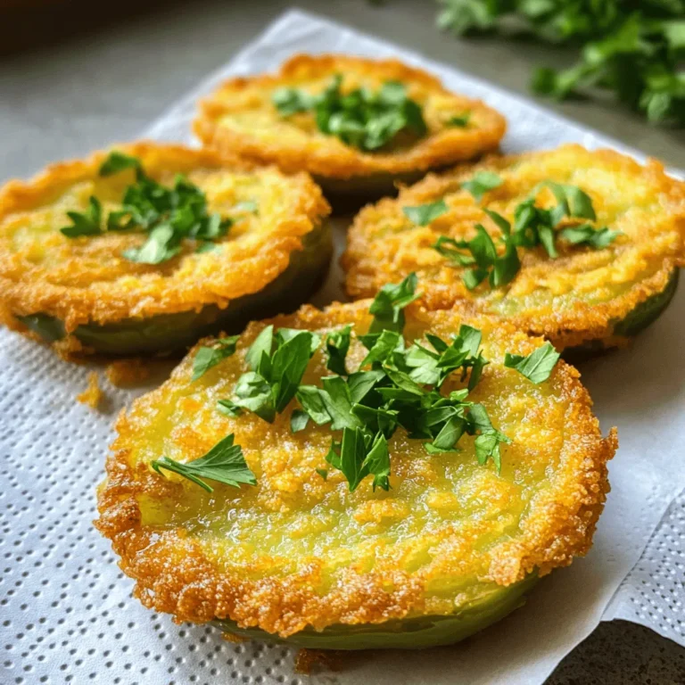 To make fried green tomatoes, you will need: - 4 medium green tomatoes, sliced into ½-inch thick rounds - 1 cup buttermilk - 1 cup cornmeal - ½ cup all-purpose flour - 1 teaspoon paprika - ½ teaspoon garlic powder - ½ teaspoon cayenne pepper (adjust for heat preference) - Salt and pepper to taste - Vegetable oil for frying - Fresh parsley, chopped (for garnish) You can swap buttermilk with regular milk or a dairy-free option. Add a splash of vinegar for tang. Use gluten-free flour if needed. You can replace cornmeal with crushed crackers for a unique twist. If you want less heat, cut the cayenne pepper or leave it out. Choose firm, bright green tomatoes. They should feel heavy for their size. Avoid ones with blemishes or soft spots. The best green tomatoes are firm and unripe. They should have a nice shine, indicating freshness. Always pick tomatoes that are in season for the best flavor. Start with fresh, firm green tomatoes. I like to use medium-sized ones for the best bite. Wash them well under cold water. Slice each tomato into ½-inch thick rounds. Try to keep the slices even for a uniform cook. Set them aside on a plate lined with paper towels to absorb any moisture. Next, pour 1 cup of buttermilk into a shallow dish. Dip each tomato slice into the buttermilk, coating it well. Let the extra buttermilk drip off before moving to the next step. In another bowl, mix 1 cup of cornmeal, ½ cup of all-purpose flour, paprika, garlic powder, cayenne, salt, and pepper. This mixture gives the tomatoes a crunchy texture. Dredge each slice in the cornmeal mix, pressing gently to stick. Make sure each slice is fully covered. Heat about ½ inch of vegetable oil in a large skillet over medium heat. You want it hot, around 350°F or 175°C. Carefully add the coated tomato slices to the hot oil in batches. Avoid overcrowding the pan, or they won't fry evenly. Fry each side for about 3-4 minutes until they turn golden brown and crispy. Use a slotted spoon to remove them and drain on paper towels. Repeat until all slices are fried. Serve your fried green tomatoes right away, garnished with fresh parsley for a nice touch. Enjoy this crunchy and flavorful delight from the full recipe! To get that perfect crunch, use a mix of cornmeal and flour. The cornmeal gives a nice texture, while the flour helps it stick. Make sure your oil is hot enough, around 350°F. Test it by dropping in a small piece of batter. If it bubbles and sizzles, it’s ready. Fry in small batches so the oil stays hot, which keeps the crunch. You can change the flavor by adding spices to your mix. Try adding herbs like oregano or thyme for a fresh taste. If you love heat, add more cayenne pepper. For a cheesy twist, sprinkle some grated Parmesan cheese into the breading mix. This gives a great flavor kick and makes your fried green tomatoes unique! One common mistake is using ripe tomatoes. They can become mushy when fried. Always choose firm, green tomatoes for the best results. Another mistake is overcrowding the skillet. It lowers the oil temperature and makes your tomatoes soggy. Lastly, don’t skip the buttermilk step. It helps the breading stick and adds flavor. Follow these tips for a crispy, tasty treat every time. For a detailed guide, check out the Full Recipe. {{image_2}} Fried green tomatoes shine with Southern flavors. You can add a touch of heat with jalapeños. Slice them thin and mix into your batter for a spicy kick. Another great addition is cheese. Try crumbled feta or shredded cheddar mixed with the cornmeal. These additions bring new flavors to the classic dish. You can change the texture of your fried green tomatoes by altering the breading. Instead of cornmeal, use crushed crackers for a crunchier bite. For a gluten-free option, swap in almond flour. You can even try a two-step breading. Dip the tomatoes first in flour, then in buttermilk, and finally in breadcrumbs. This gives a unique texture and look. Fried green tomatoes are great alone but pair well with many sides. Serve them with a tangy remoulade or spicy aioli for dipping. They also taste amazing on a sandwich. Layer them with lettuce, bacon, and a spread of your choice. For a light meal, top a salad with crispy tomatoes and a vinaigrette. Each option elevates this dish into a new experience. Check out the Full Recipe for more ideas! After you fry your green tomatoes, you might have some left. To store them, let them cool down. Place them in an airtight container. Keep them in the fridge for up to three days. Make sure they are not stacked too high. This helps keep them from getting soggy. When you want to enjoy your leftovers, reheating is key. Preheat your oven to 350°F (175°C). Spread the fried tomatoes on a baking sheet. Bake for about 10-15 minutes. This helps them regain their crispiness. You can also use an air fryer for a quicker method. It only takes about 5 minutes in an air fryer. If you want to save fried green tomatoes for later, you can freeze them. First, let them cool completely. Then, spread them out on a baking sheet in a single layer. Freeze them for about an hour. After that, place them in a freezer bag. They can last for up to three months. When ready to eat, thaw in the fridge and reheat as mentioned above. Enjoy your crispy fried green tomato delight any time! Check the Full Recipe for more tips. Fried green tomatoes are slices of unripe tomatoes. They are coated in a mix of cornmeal and flour. Then, they are fried until golden and crispy. The taste is tangy and savory. This dish comes from the Southern United States. It is a popular appetizer or side dish. To make fried green tomatoes vegan, replace buttermilk with plant-based milk. Use almond or soy milk for a great flavor. Add a bit of vinegar for tang. The rest of the recipe stays the same. The coating will still be crispy and flavorful. You can use ripe tomatoes, but the texture changes. Ripe tomatoes are softer and may not hold up well. They will taste sweeter and less tangy. If you prefer a sweeter flavor, ripe tomatoes work, but they won't be as crunchy. Fried green tomatoes taste great with many dips. Here are some popular choices: - Ranch dressing - Remoulade sauce - Spicy aioli - Honey mustard - A simple squeeze of lemon juice Each sauce adds a unique touch to the dish. Try different dips to find your favorite! For a complete cooking guide, check the Full Recipe. In this post, we covered everything you need for fried green tomatoes. I shared required ingredients, substitutions, and tips on choosing the best tomatoes. You learned the steps for prep, frying, and serving. I also shared tricks for a perfect crunch and flavor tweaks. Plus, we explored storage options and common FAQs. Fried green tomatoes are tasty and fun to make. Use these tips to impress your family and friends! Happy cooking!