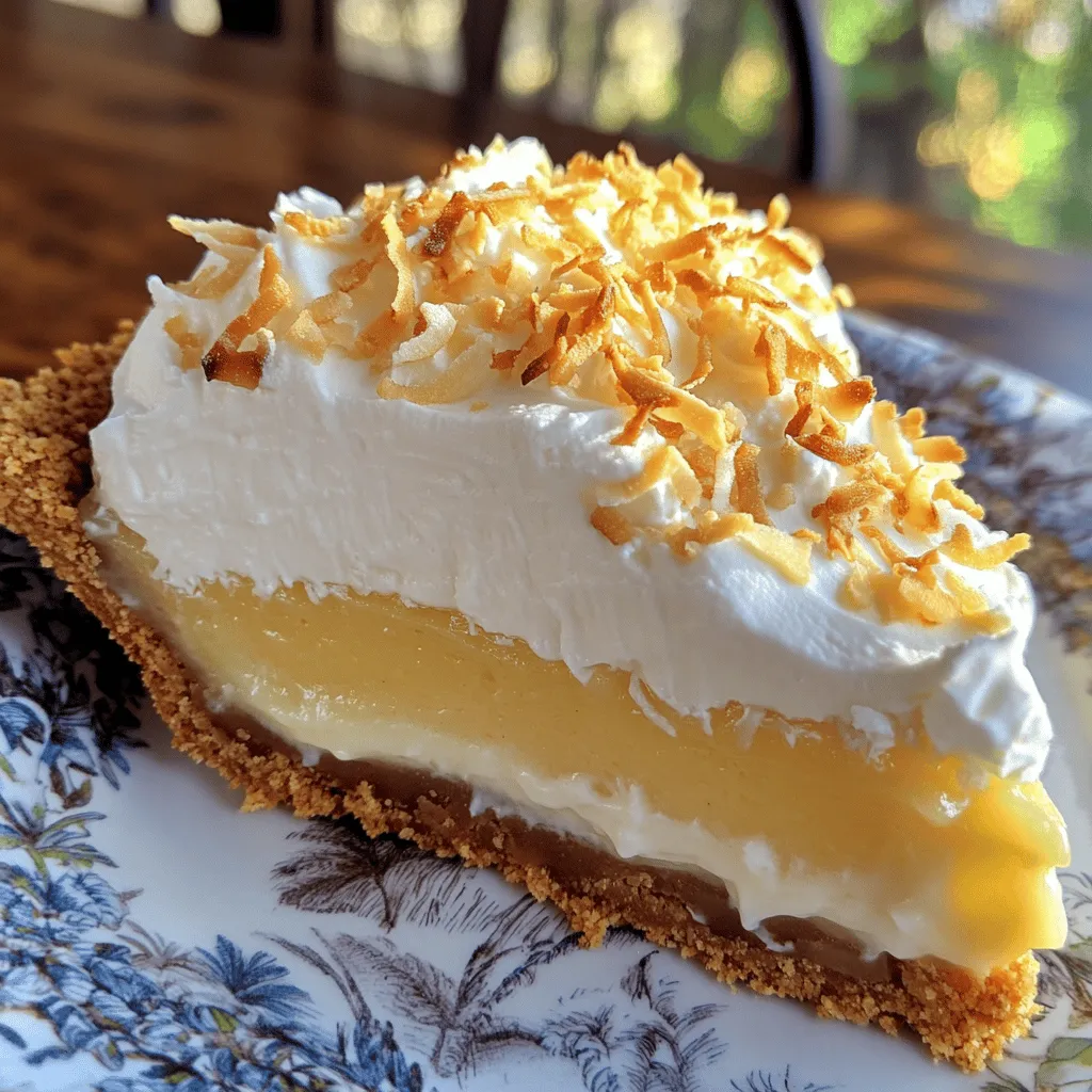 To make a great Coconut Cream Pie, gather these simple items: - 1 ½ cups graham cracker crumbs - ½ cup unsweetened shredded coconut - ⅓ cup sugar - ½ cup unsalted butter, melted - 2 cups whole milk - ½ cup granulated sugar - 3 large egg yolks (lightly beaten) - ¼ cup cornstarch - 1 teaspoon vanilla extract - ½ cup coconut cream - Pinch of salt - 1 cup heavy whipping cream - 2 tablespoons powdered sugar - Toasted coconut flakes for garnish These ingredients create a creamy, dreamy filling with a crunchy crust. The graham cracker crumbs give a sweet base. Adding unsweetened coconut boosts the flavor. The butter helps the crust hold together. When making the filling, whole milk adds richness. The egg yolks provide a smooth texture, while cornstarch thickens the mixture. Vanilla extract and coconut cream give it a lovely flavor. Finally, whipped cream on top makes it extra special. The toasted coconut flakes add a nice touch. For the full recipe, check out the Tropical Bliss Coconut Cream Pie. 1. Preheat the oven. Set it to 350°F (175°C). 2. Mix the crust ingredients. In a bowl, combine: - 1 ½ cups graham cracker crumbs - ½ cup unsweetened shredded coconut - ⅓ cup sugar - ½ cup unsalted butter, melted Stir until everything blends well. 3. Press into pie dish. Take a 9-inch pie dish and press the mixture firmly into the bottom and sides. 4. Bake the crust. Place it in the oven for 8-10 minutes. Look for a light golden color. Remove it and let it cool completely. 1. Combine filling ingredients. In a medium saucepan, whisk together: - 2 cups whole milk - ½ cup granulated sugar - 3 large egg yolks (lightly beaten) - ¼ cup cornstarch - A pinch of salt Do this over medium heat. 2. Cook until thick. Stir constantly until it bubbles and thickens. This should take about 5-7 minutes. 3. Add flavorings. Remove it from heat. Stir in: - 1 teaspoon vanilla extract - ½ cup coconut cream Mix until it is smooth and well combined. 1. Pour filling into the crust. Carefully pour the filling into the cooled crust. Use a spatula to smooth the top. 2. Chill the pie. Cover it with plastic wrap, pressing it onto the filling to avoid a skin. Refrigerate for at least 2 hours. 3. Top with whipped cream. In a mixing bowl, beat: - 1 cup heavy whipping cream - 2 tablespoons powdered sugar Beat until soft peaks form, about 3-4 minutes. 4. Garnish the pie. Spread the whipped cream over the pie. Add toasted coconut flakes for a nice finish. Follow these steps for a delightful Coconut Cream Pie. For more details, check the Full Recipe. To create a great crust, use cold butter. Cold butter helps make the crust flaky and light. Cut the butter into small cubes before mixing it with the other ingredients. This keeps it cold and makes a big difference. Make sure not to over bake your crust. Bake just until it is lightly golden, about 8 to 10 minutes. If you bake it too long, it will become hard and dry. Keep an eye on it as it bakes. Stirring is key when making the filling. Constant stirring helps prevent lumps and ensures a smooth texture. Use a whisk to mix everything well as it cooks. This makes the filling creamy and rich. For extra flavor, add a pinch of salt. It enhances the sweetness of the coconut and balances the taste. You can also add a splash of rum for a fun twist. Experiment with flavors to make it your own. To get the right whipped cream, beat it until you see soft peaks. This usually takes about 3 to 4 minutes. Don’t over beat it; otherwise, it will turn grainy. Use a chilled bowl for the best results. When serving, gently spread the whipped cream on top of the pie. Use a spatula to create a smooth layer. For an extra touch, sprinkle toasted coconut flakes on top. It adds flavor and looks beautiful on the pie. Enjoy making your Coconut Cream Pie Delightful and Simple Recipe! For the [Full Recipe], check the earlier sections for steps. {{image_2}} You can switch up the crust for your coconut cream pie. A traditional pie crust works great. Just roll it out and fit it into your dish. Bake it until golden brown for a delicious base. If you prefer gluten-free options, use a gluten-free cookie or almond flour crust. It adds a unique flavor and texture. Both choices make the pie tasty and fun! Want to add some twist? Mix in chocolate for a rich flavor. Just melt some chocolate and stir it into the filling. You can also add lime zest for a fresh kick. This brightens up the taste and makes it more exciting. Try using different types of coconut too. Shredded coconut gives texture, while coconut milk adds creaminess. You can even use toasted coconut for a nutty flavor! Pair the pie with fresh tropical fruits like mango or pineapple. Their sweetness complements the pie well. You can also serve it with a scoop of vanilla ice cream for extra creaminess. When it comes to garnishes, get creative! Use whipped cream and sprinkle toasted coconut flakes on top. You could even add a few chocolate shavings. These little touches make your pie look and taste amazing! For the full recipe, check out the Tropical Bliss Coconut Cream Pie. To keep your coconut cream pie fresh, store it in the fridge right away. Use an airtight container or cover it with plastic wrap. This keeps out air and moisture. If you want to freeze it, wrap the pie tightly in plastic wrap and then in foil. This will help prevent freezer burn. In the fridge, your pie lasts about 3-4 days. Always check for freshness. Signs of spoilage include a sour smell or a change in texture. If you see any mold, it's time to toss it out. Most people enjoy coconut cream pie cold, but you can warm it up if you wish. To do this, place a slice in the microwave for about 10-15 seconds. Be careful not to overheat. This might make the filling too soft. Enjoy your tropical treat! For the full recipe, check out the Tropical Bliss Coconut Cream Pie above. Coconut cream pie has roots in American cuisine. It likely came from the mid-19th century. Cooks wanted to make sweet, creamy pies using coconut. These pies became popular in the South and on islands. They are a favorite at many gatherings and celebrations. Today, coconut cream pie is loved for its tropical taste and rich texture. Yes, you can make coconut cream pie in advance. This makes it easy for parties or special meals. Here are some tips: - Prepare the crust and filling a day ahead. - Store the crust in an airtight container. - Refrigerate the filling until ready to use. - Assemble the pie just before serving to keep it fresh. If your coconut cream filling did not set, there are common reasons. Here are some troubleshooting tips: - You may not have cooked it long enough. The mixture needs to thicken to bubble. - Not enough cornstarch can cause a runny filling. Make sure to measure correctly. - If you skip refrigerating, the filling won’t firm up. Chilling is key to setting. This delightful recipe will have you creating a creamy, coconut-filled treat that everyone will love. For the full recipe, check out the Tropical Bliss Coconut Cream Pie! You now know how to make a great Coconut Cream Pie. We covered the tasty ingredients, step-by-step instructions, and neat tips to help you succeed. You can even mix things up with different flavors or crusts. Remember, proper storage keeps your pie fresh longer, too. With this knowledge, you're ready to impress friends and family. Enjoy every bite of your delicious creation!