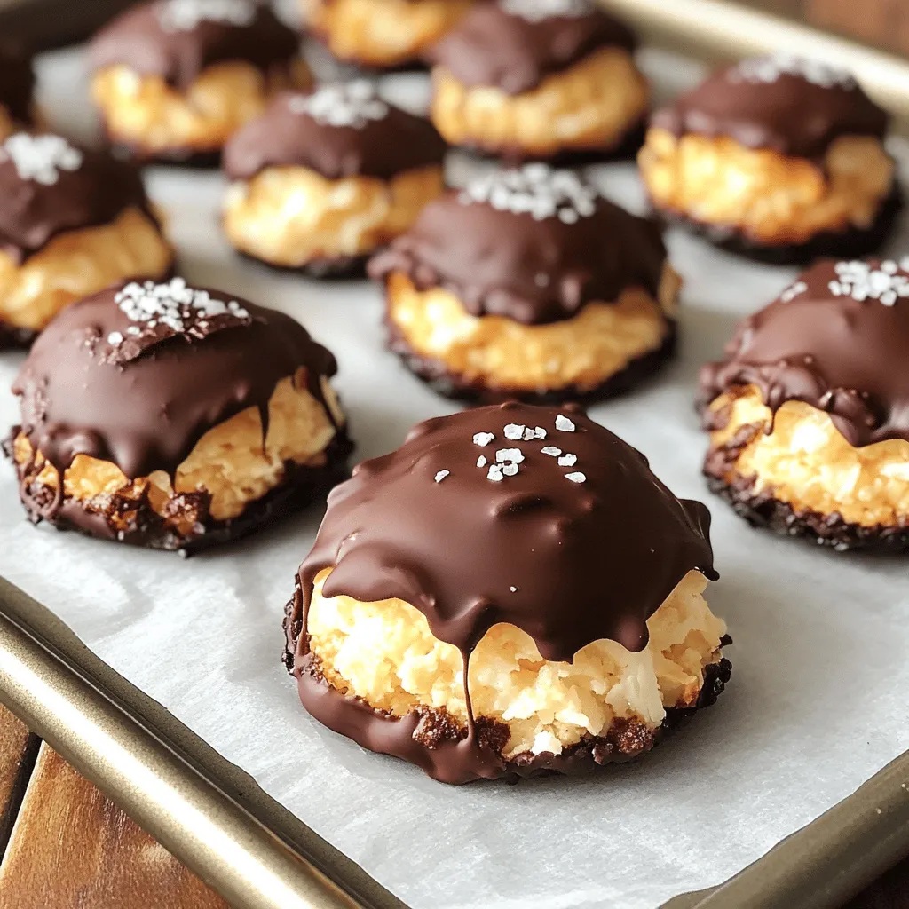To make delightful coconut macaroons with dark chocolate, gather these simple ingredients: - 3 cups shredded unsweetened coconut - 2/3 cup sweetened condensed milk - 1 teaspoon vanilla extract - 1/4 teaspoon almond extract - 1/4 teaspoon salt - 1 cup dark chocolate chips - 1 tablespoon coconut oil (optional) These ingredients create a perfect balance of sweet and rich flavors. The shredded coconut gives a chewy texture, while the dark chocolate adds a touch of luxury. Sweetened condensed milk binds everything and adds sweetness. Using extracts enhances the taste and aroma, making each bite a joy. If you want a smoother chocolate finish, consider adding coconut oil. It helps melt the dark chocolate evenly and creates a lovely sheen. When choosing chocolate chips, opt for high-quality dark chocolate. This will give your macaroons a deep, rich flavor. If you need dairy-free options, many brands offer dairy-free chocolate chips. For the full recipe, refer to the above details. Prepare to enjoy a treat that satisfies your sweet tooth! - Preheat the oven to 325°F (160°C) and line a baking sheet with parchment paper. - In a large bowl, mix 3 cups of shredded unsweetened coconut, 2/3 cup of sweetened condensed milk, 1 teaspoon of vanilla extract, 1/4 teaspoon of almond extract, and 1/4 teaspoon of salt. Stir until well mixed. - Use your hands or a cookie scoop to form small mounds, about 2 tablespoons each. Place them on the prepared baking sheet. Leave space between each mound. - Bake in the preheated oven for 18-20 minutes. Watch for the tops to turn golden brown. - Once baked, let the macaroons cool on the baking sheet for a few minutes before moving them to a wire rack. - Melt 1 cup of dark chocolate chips and 1 tablespoon of coconut oil in a microwave-safe bowl. Heat in 30-second bursts, stirring until smooth. - Once the macaroons have cooled completely, dip the bottoms into the melted chocolate. You can also drizzle chocolate on top for a fun look. - Place dipped macaroons back onto the parchment paper. If you like, sprinkle a pinch of sea salt on the chocolate for extra flavor. - Let the chocolate set at room temperature or refrigerate for about 15 minutes until firm. For the detailed recipe, you can refer to the Full Recipe provided. - Use the right type of coconut: I recommend using unsweetened shredded coconut. This keeps the macaroons from being too sweet and allows the coconut flavor to shine. Avoid flaked coconut as it doesn't hold together well. - Adjust sweetness to preference: If you like your treats sweeter, try adding a bit more sweetened condensed milk. Start with a tablespoon at a time, tasting as you go. This way, you control the sweetness. - Ensuring proper baking time: Bake the macaroons until they are golden brown on top. This usually takes about 18-20 minutes. Keep an eye on them. If they brown too quickly, lower the oven temperature slightly. - Choosing the best dark chocolate: I suggest using dark chocolate with at least 60% cocoa for a rich flavor. If you prefer dairy-free options, check for dairy-free chocolate chips. - Preventing chocolate from seizing: Melt the chocolate slowly and carefully. Use a microwave in short bursts, stirring in between. If it starts to seize, add a bit of coconut oil to smooth it out. - Tips for a smooth chocolate finish: For a shiny finish, make sure your macaroons are completely cool before dipping. This helps the chocolate set nicely and look great. Drizzling chocolate can also add a special touch. For the full recipe, check out Coconut Macaroons Drenched in Dark Chocolate. {{image_2}} You can make coconut macaroons even more exciting by adding different extracts. Try using coconut extract for a stronger flavor. Hazelnut extract can bring a nutty twist that pairs well with chocolate. If you want extra sweetness, switch to sweetened coconut. This will give your treats a richer taste and a delightful chewiness. Need a dairy-free option? Simply use dairy-free dark chocolate chips. For a vegan macaroon, replace sweetened condensed milk with a plant-based alternative. You can find coconut cream or homemade nut milk as great substitutes. These changes make the macaroons suitable for more diets. Plus, they remain just as tasty! To make your macaroons look fancy, consider decorating them with nuts or dried fruit. Chopped almonds or dried cherries add a pop of color and crunch. You can also dip the macaroons in white or milk chocolate for a different flavor. This adds contrast and makes them look stunning on any plate. For the full recipe, check out the details above and enjoy creating these delightful treats! To keep your coconut macaroons fresh, store them in an airtight container. This will help keep them moist and tasty. Use a container made of glass or plastic with a tight seal. You can layer parchment paper between macaroons to prevent sticking. For long-term storage, you can freeze the macaroons. Place them in a single layer on a baking sheet. Freeze for about two hours until firm. Then, move them to an airtight freezer bag or container. Press out as much air as you can before sealing. To thaw, just take them out and let them sit at room temperature for about 30 minutes. Coconut macaroons can last for about one week at room temperature. If stored in the fridge, they may last a bit longer. Always check for signs of spoilage. Look for any moisture on the macaroons or a change in smell. If they feel hard or dry, it’s best to toss them. Enjoy your treats while they’re at their best! For the full recipe, visit the earlier sections. To make coconut macaroons chewier, use fresh coconut instead of dried. Fresh coconut has more moisture and gives a soft bite. You can also bake them for less time, around 15 minutes. This keeps the insides soft while still giving a nice crust. Another tip is to add a bit more sweetened condensed milk. This adds sweetness and moisture, making them more chewy and delicious. Yes, you can. If you want a dairy-free option, use dairy-free dark chocolate chips. You can also swap the almond extract for coconut extract if you love coconut flavor. If you don’t have shredded coconut, try using coconut flour, but adjust the amount. For a nut-free version, skip the almond extract completely. Just make sure to keep the key ingredients like coconut and sweetened condensed milk. The best way to melt chocolate is using a microwave. Place the chocolate chips in a microwave-safe bowl. Heat them in 30-second bursts, stirring after each time. This keeps the chocolate from burning. You can also use a double boiler. Just fill a pot with water, and place another bowl on top. Heat the water slowly and stir the chocolate until it melts. Adding coconut oil can help make it smooth, too. For the full recipe, check out the detailed steps provided earlier. These coconut macaroons are easy to make with simple ingredients and steps. Start with the right coconut, combine everything, and bake until golden. Then, dip them in chocolate for a tasty treat. Don't forget to try different flavors or make them vegan. Store leftovers properly to enjoy later. With these tips, you can create delightful macaroons every time. Enjoy baking and experimenting with this fun recipe!