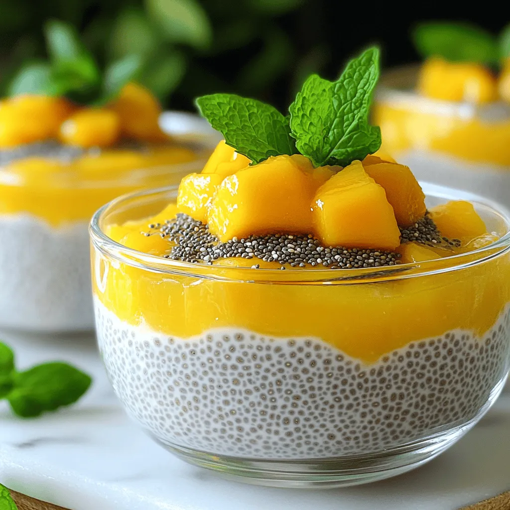 - Coconut milk - Ripe mango - Chia seeds - Sweetener options - Vanilla extract - Salt - Garnishes To create my Mango Coconut Chia Pudding, you need simple ingredients that blend well. - Coconut milk: Start with one cup of coconut milk. This can be from a can or a carton. It adds creaminess and flavor. - Ripe mango: Use one medium ripe mango. Puree it for the base and save some for topping. Mango gives a sweet and tropical taste. - Chia seeds: You will need a quarter cup of chia seeds. These tiny seeds absorb liquid and create a thick pudding. - Sweetener options: Add two tablespoons of honey or maple syrup. You can adjust this based on how sweet you like it. - Vanilla extract: Use half a teaspoon of vanilla extract for a warm flavor boost. - Salt: A pinch of salt enhances all the flavors. - Garnishes: Fresh mint leaves are optional but add a nice touch. These ingredients combine to make a tasty treat. You can find the full recipe in the section above. Enjoy this delight that is both healthy and satisfying! First, grab a medium mixing bowl. Add 1 cup of coconut milk and 1 medium ripe mango, pureed. Use a whisk to blend them until smooth. Next, mix in 2 tablespoons of honey or maple syrup for sweetness. You can adjust this based on how sweet you want it. Don’t forget to add 1/2 teaspoon of vanilla extract. This adds a nice flavor. Finally, sprinkle in a pinch of salt. Salt enhances all the flavors. Now it's time for the chia seeds. Gradually add 1/4 cup of chia seeds to the bowl. Stir continuously as you add them. This helps avoid clumping. You want to make sure each seed gets mixed in well, so the pudding thickens evenly. After mixing, cover the bowl with plastic wrap. You can also use an airtight container if you prefer. Refrigerate the mixture for at least 4 hours. For the best results, let it chill overnight. This gives the chia seeds time to absorb the liquid. When you are ready to serve, stir the pudding again. If it’s too thick, just add a little more coconut milk. Enjoy your Mango Coconut Chia Pudding! For the full recipe, check the earlier section. To get the right texture for your mango coconut chia pudding, start by adjusting the liquid. If your pudding is too thick, add more coconut milk slowly. Mix it in gently until you reach your desired creaminess. Stirring is key! Use a whisk to mix your ingredients well before adding chia seeds. This helps avoid clumps. After you add the seeds, stir continuously for a minute. This keeps the seeds evenly spread in the mix. Sweetness can vary based on taste. If you love it sweet, add more honey or syrup. For a lighter touch, use less. You can also swap in natural sweeteners like agave or stevia. These options give you control over how sweet you want your pudding. How you serve your pudding can make it more inviting. Use clear glasses or bowls to show off the layers and color. Top each serving with a spoonful of mango puree. Fresh mint leaves add a pop of green and a fresh taste. Colorful dishes not only please the eye but also make the meal feel special. For the full recipe, check out the details above. {{image_2}} You can change the taste of your mango coconut chia pudding easily. Adding other fruits makes it fun. Berries like strawberries or blueberries bring a sweet burst. Bananas add creaminess and natural sweetness. You can also use different plant-based milks. Almond or oat milk gives a new twist. Each choice changes the flavor and keeps it interesting. If you want it vegan, skip honey and use maple syrup. This keeps your pudding plant-based. For those looking to eat keto, use a low-carb sweetener. You can also avoid allergens by checking each ingredient. Make sure your coconut milk is safe for all. This way, everyone can enjoy the treat. When you have a large gathering, you can scale up the recipe. Just double or triple the ingredients. This way, everyone gets to taste it. For storage, use separate jars for easy grabbing. If you make a big batch, keep some in the fridge. It stays fresh for a few days. Enjoy it throughout the week! To keep your mango coconut chia pudding fresh, use an airtight container. This helps to lock in the flavors and moisture. I recommend glass containers for easy cleaning and safe storage. Make sure to seal the lid tightly to avoid any leaks or spills. Store it in the fridge right after making it. Your pudding will stay fresh in the fridge for up to five days. Look for changes in texture or smell. If it smells sour or has an off taste, it’s time to toss it. The chia seeds should remain plump and not mushy. Always trust your senses to check for freshness. You can freeze chia pudding for longer storage. Pour the pudding into freezer-safe containers. Leave some space at the top for expansion. When you're ready to enjoy it, move it to the fridge for a slow thaw overnight. Once thawed, stir it well. If it looks too thick, add a little coconut milk to bring it back to life. Enjoy your healthy treat anytime! For the full recipe, check out the link. Chia pudding is a great source of nutrition. Chia seeds are full of fiber. They help with digestion and keep you full longer. They also have omega-3 fatty acids, good for your heart. Plus, they are rich in protein and calcium. This makes chia pudding a healthy snack or breakfast option. Yes, you can easily make this pudding ahead of time. In fact, I recommend it! Chia pudding needs some time to thicken. You can prepare it the night before, which saves time in the morning. Just store it in an airtight container in the fridge. It will be ready when you are, making meal prep easy and fun. If your chia pudding is too thick, don’t worry! You can fix it quickly. Just add a little more coconut milk. Stir it well until you reach the right texture. You can adjust it to your liking. Remember, it should be creamy but not too runny. Enjoy your perfect mango coconut chia pudding! For the full recipe, check the section above. You now know how to make a delicious chia pudding. We covered key ingredients, step-by-step instructions, tips, and storage options. You can mix coconut milk and ripe mango for a tasty base, add chia seeds for texture, and sweeten it to your liking. Feel free to explore flavor variations and adjust serving sizes. Remember, this pudding is easy to make ahead of time. Enjoy your creation, and don't hesitate to share your unique twist!