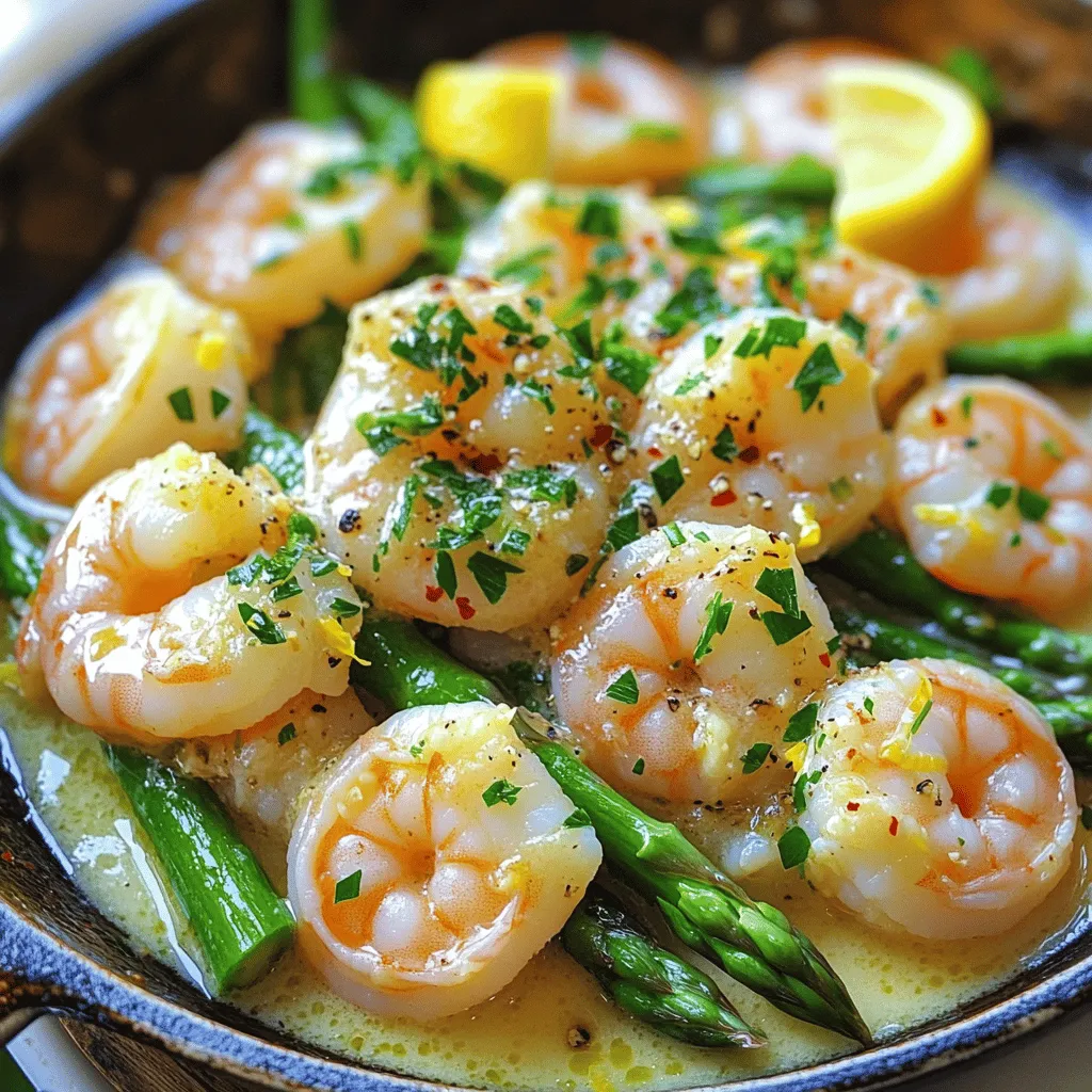 - 1 pound large shrimp, peeled and deveined Choose large shrimp for a juicy bite. You can find them frozen or fresh at the store. Ensure they are peeled and deveined for easy cooking. - 1 bunch asparagus, trimmed and cut into 2-inch pieces Look for bright green asparagus with firm stalks. Snap the ends to remove the tough part. Cut them into 2-inch pieces for even cooking. - 4 tablespoons unsalted butter Unsalted butter allows you to control the saltiness in your dish. It adds rich flavor and helps the garlic infuse beautifully. - 4 cloves garlic, minced Fresh garlic packs a punch! Mince it fine for a strong flavor that blends well with the butter. Avoid using pre-minced garlic for the best taste. - 1 teaspoon red pepper flakes (optional, for a kick) This adds heat. Start with a small amount. You can always add more if you'd like it spicier. - 2 tablespoons fresh lemon juice Fresh lemon juice brightens the dish. It cuts through the richness of the butter and shrimp. - Salt and pepper to taste Simple seasonings enhance the dish. Taste as you go to get the right balance. - 2 tablespoons chopped fresh parsley (for garnish) Fresh parsley adds color and freshness. Chop it right before serving to keep it vibrant. Using fresh and quality ingredients makes a big difference. For the full recipe, check my detailed cooking instructions. To cook the shrimp, heat 2 tablespoons of butter in a large skillet over medium-high heat. Make sure the butter is melted before adding the shrimp. This keeps the shrimp from sticking. Season them with salt, pepper, and red pepper flakes if you want some heat. Cook the shrimp for about 2-3 minutes on each side. They should turn pink and opaque. This shows they are fully cooked. Once done, remove the shrimp from the skillet and set them aside. When cooking asparagus, timing is key. You want it tender but still bright green. In the same skillet, add the remaining 2 tablespoons of butter. Once melted, toss in the asparagus pieces. Sauté for about 4-5 minutes. You can tell the asparagus is done when it is bright green and tender. This makes it taste fresh and crisp. After the asparagus is ready, add minced garlic to the skillet. Cook it for about 1 minute until it smells good. This is when you return the shrimp to the skillet. Add fresh lemon juice for a bright flavor. Toss everything together well. This helps mix the shrimp and asparagus in the garlic butter sauce. For a nice touch, garnish the dish with chopped fresh parsley before serving. The colors and flavors will shine in your bowl. You can find the full recipe for Garlic Butter Shrimp and Asparagus above. - Overcooking shrimp: Shrimp cook quickly. If you cook them too long, they become tough. Aim for 2-3 minutes per side until they turn pink and opaque. - Undercooking asparagus: Asparagus should remain bright green and tender. Cook it for about 4-5 minutes. Test a piece with a fork to check for doneness. - Recommended spices and herbs: I love to add red pepper flakes for a touch of heat. Fresh parsley gives a pop of color and flavor. You can also try thyme or basil for more depth. - Tips for balancing acidity: Lemon juice brightens the dish. It cuts through the richness of the butter. Add it during the last minute of cooking for the best effect. - Recommended skillet types: Use a large, heavy skillet. Non-stick pans work well for easy cleanup. A cast-iron skillet can add great flavor. - Importance of using a good spatula: A sturdy spatula helps you mix the shrimp and asparagus without breaking them. Choose a spatula that can handle heat and is easy to grip. For the full recipe, check out Garlic Butter Shrimp & Asparagus Delight. {{image_2}} You can easily swap shrimp for chicken or tofu. If you choose chicken, cut it into small pieces. Cook the chicken until it’s golden and fully cooked. For tofu, use firm or extra-firm. Press it to remove excess water, then cube it. Sauté it until crispy for great texture. If you want alternatives for asparagus, green beans or broccoli work well. For green beans, trim the ends and use them just like asparagus. For broccoli, cut it into bite-sized florets. Sauté until bright and tender. You can prepare this dish on the grill for a smoky flavor. Skewer shrimp and asparagus, then brush with garlic butter. Grill for about 2-3 minutes per side. This method adds a nice char and enhances the taste. For an oven-baked version, preheat your oven to 400°F. Spread the shrimp and asparagus on a baking sheet. Drizzle with garlic butter and bake for about 10-12 minutes. This method makes cleanup easy and keeps the shrimp juicy. Adding cheese can make this dish richer. A sprinkle of grated Parmesan or crumbled feta adds a creamy touch. Mix it in right before serving for a delightful twist. Incorporating other vegetables can boost flavor and nutrition. Try bell peppers, zucchini, or cherry tomatoes. Cut them into small pieces and add them to the skillet with asparagus. This adds color and variety to your meal. For the complete recipe, refer to the [Full Recipe]. To store leftovers, place them in a sealed container. Make sure the shrimp and asparagus cool down first. Store in the fridge for up to three days. After that, the shrimp may lose flavor and texture. Always check for any off smells before eating. To freeze leftovers, first, cool them completely. Then, place the shrimp and asparagus in an airtight container or freezer bag. Remove as much air as possible. You can freeze them for up to three months. When ready to eat, thaw overnight in the fridge for best results. For reheating, use a skillet over low heat. Add a bit of butter to keep it moist. Stir often to heat evenly. Avoid using the microwave, as it can make shrimp rubbery. The goal is to bring back that fresh flavor and texture, just like from the Full Recipe! You can tell shrimp are done when they turn pink and opaque. They should curl into a "C" shape. If they look grey or are still translucent, they need more time. Cook them for about 2-3 minutes on each side. This way, you will get juicy shrimp every time. Yes, you can prepare the shrimp and asparagus ahead of time. However, it is best to cook them fresh for the best taste. If you make it in advance, store it in the fridge. Reheat gently on the stove or in the microwave. This helps keep the texture nice. A chilled Sauvignon Blanc works great with this dish. This wine has a crisp taste that matches the bright flavors of the shrimp and asparagus. You could also try a light Pinot Grigio. Both wines enhance the garlic and lemon notes. Yes, it is safe to eat previously frozen shrimp. Freezing shrimp helps keep them fresh. Just make sure to thaw them properly in the fridge or under cold water. This keeps them safe and tasty. To add spice, use more red pepper flakes. You can also add diced jalapeños or a dash of hot sauce. Start with a little, then taste as you go. This way, you can find the right heat level for your liking. Many sides pair well with this dish. Consider serving it over rice or pasta for a filling meal. A fresh salad or crusty bread also works nicely. These sides soak up the tasty garlic butter sauce and make the meal even better. For the full recipe, check out the main article. In this blog post, we explored key ingredients, tips, and step-by-step instructions for making Garlic Butter Shrimp and Asparagus. You learned about selecting fresh shrimp, asparagus, and herbs. I shared cooking tips to get the best texture and taste. Remember to avoid common mistakes like overcooking shrimp. You can also customize the dish with different proteins and spices. Whether you’re enjoying leftovers or trying a new twist, this dish is sure to impress. Happy cooking!