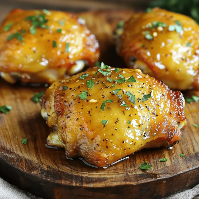 - 4 bone-in, skin-on chicken thighs - 1/4 cup honey - 1/4 cup Dijon mustard - 2 tablespoons olive oil - 2 cloves garlic, minced - 1 teaspoon dried thyme - 1 teaspoon smoked paprika - Salt and pepper to taste - Fresh parsley, chopped (for garnish) When I make honey mustard chicken thighs, I always start with the main ingredients. The chicken thighs are key. They have skin, which helps keep them moist and full of flavor. Honey adds a sweet touch, while Dijon mustard gives it a tangy kick. Olive oil helps everything blend well. Next, I focus on seasoning and aromatics. I love adding minced garlic for its strong flavor. Dried thyme gives a nice herbal note. Smoked paprika adds a bit of warmth and color. Salt and pepper complete the mix, balancing all the flavors. If you want to make it pretty, add fresh parsley as a garnish. It looks nice and adds a fresh taste. For the full recipe, check out the details above. Enjoy making this dish with your family! To start, grab a bowl and whisk together these simple ingredients: - 1/4 cup honey - 1/4 cup Dijon mustard - 2 tablespoons olive oil - 2 cloves garlic, minced - 1 teaspoon dried thyme - 1 teaspoon smoked paprika - Salt and pepper to taste Make sure the mixture is smooth. Next, add the chicken thighs to the bowl. Use your hands to coat each piece well in the marinade. Cover the bowl and place it in the fridge. Let it sit for at least 30 minutes. For even better taste, I recommend marinating for up to 2 hours. Now it’s time to prepare for baking. Preheat your oven to 400°F (200°C). While that heats up, take a greased baking dish. Remove the chicken from the marinade and place it skin-side up in the dish. Don’t forget to save the leftover marinade for later! Place the baking dish in the oven and bake the chicken for 30-35 minutes. You want the skin to turn crispy and golden. Use a meat thermometer to check the internal temperature. It should reach 165°F (75°C). In the last 10 minutes, take that reserved marinade and brush it over the chicken. This extra glaze adds more flavor and a shiny finish. For the full recipe, feel free to check the details above! For the best flavor, always use fresh ingredients. Fresh honey and Dijon mustard combine for a sweet and tangy taste. Marinate the chicken thighs longer for richer taste. I recommend at least 30 minutes, but two hours is even better. This time allows the flavors to sink in deeply. Using a meat thermometer helps you cook the chicken perfectly. Aim for an internal temperature of 165°F (75°C). This ensures the chicken is safe to eat. For extra crispiness, broil the chicken for a minute at the end. This quick step gives the skin a beautiful golden brown finish. Pair your honey mustard chicken thighs with roasted vegetables for a colorful plate. A fresh salad also makes a great side. Both options add nutrition and balance to your meal. You can find the full recipe above to get started on this delicious dish! {{image_2}} I love adding herbs to my honey mustard chicken thighs. Fresh herbs like rosemary or basil bring great flavor. Just chop them up and mix them into the marinade. This simple step adds a layer of depth to the dish. You will be amazed at how fresh herbs enhance the taste. It makes the meal feel special, like a fine restaurant dish. If you enjoy heat, try the spicy honey mustard variation. Adding cayenne pepper or red pepper flakes gives the chicken a kick. This twist makes the dish exciting and bold. You can control the spice level based on your taste. I recommend starting with a small amount, then adding more if desired. The heat pairs well with the sweetness of the honey too. Grilling is another fantastic option for honey mustard chicken thighs. It adds a smoky flavor that baking cannot achieve. Just marinate the chicken as usual, then grill over medium heat. Cook until the internal temperature reaches 165°F (75°C). This method gives your chicken a nice char and juicy texture. Plus, grilling is perfect for summer gatherings and outdoor meals. For detailed steps, check out the Full Recipe. Store leftovers in an airtight container for up to 3 days. This keeps the chicken fresh. When you want to eat it again, just take it out and enjoy! You can freeze marinated chicken thighs for up to 3 months before cooking. This is great for busy days. Just remember to thaw them in the fridge overnight before cooking. To reheat, place the chicken in the oven at 350°F (175°C) until heated through. This helps keep the skin crispy. Enjoy your flavorful meal without losing any taste! For best flavor, marinate for at least 30 minutes, preferably up to 2 hours. This time lets the chicken soak up the honey and mustard mix. It enhances the taste, making it juicy and flavorful. Yes, you can use boneless chicken thighs. Just adjust the cooking time to around 25-30 minutes. Boneless thighs cook faster and still stay tender when done right. Roasted potatoes, green beans, and rice are excellent choices. They balance the sweet and tangy flavors of the chicken. You can also try salads or steamed veggies for a fresh touch. Yes, you can cook it in an air fryer. Set it to 375°F (190°C) for about 25 minutes. The air fryer makes the skin crispy without using too much oil. Yes, this recipe is great for meal prep. You can marinate the chicken ahead of time and cook it when you are ready to eat. This makes it easy to enjoy a tasty meal any day. For the full recipe, refer to the earlier sections. This blog post took you through a tasty honey mustard chicken thighs recipe. We covered key ingredients, easy steps, and helpful tips. You learned about marinating and cooking options, along with ways to store leftovers. You can enjoy this dish with various sides or even grill it for a change. Remember, the right herbs and spices can make a big difference. Try out your own variations to keep it exciting. Cooking can be fun and rewarding with this simple recipe!