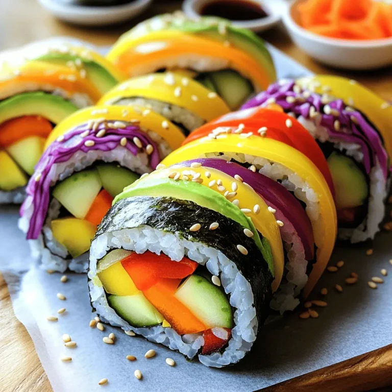 To make rainbow veggie sushi rolls, gather these items: - 2 cups sushi rice - 3 cups water - 1/4 cup rice vinegar - 1 tablespoon sugar - 1 teaspoon salt - Nori sheets (seaweed) - 1/2 avocado, sliced - 1 cucumber, julienned - 1 carrot, julienned - 1 small red bell pepper, sliced into thin strips - 1 small yellow bell pepper, sliced into thin strips - 1 cup purple cabbage, finely shredded - Soy sauce, for dipping - Sesame seeds, for garnish (optional) - Pickled ginger, for serving (optional) You will need a few tools to make sushi: - Medium saucepan - Bamboo sushi mat - Sharp knife - Small bowl - Wooden spatula - Clean surface for rolling Choosing fresh veggies is key for great sushi. Here are my tips: - Look for bright colors. The more vivid, the better! - Check for firmness. Fresh veggies should feel crisp and not soft. - Smell the produce. It should smell clean and earthy, not stale. - Buy organic when possible. This helps with flavor and health. - Use seasonal veggies for the best taste and price. For the full recipe, follow the steps outlined above to create your own delicious rainbow veggie sushi rolls! To start, rinse the sushi rice. Use cold water until it runs clear. This step helps remove excess starch. Clean rice makes better sushi. Next, in a medium saucepan, combine the rinsed rice and three cups of water. Bring this mix to a boil. Once boiling, lower the heat to a simmer. Cover the pot and cook for 18 to 20 minutes. The rice should be tender and the water absorbed. After cooking, make a vinegar mix. In a small bowl, combine rice vinegar, sugar, and salt. Stir until dissolved. Once the rice cools slightly, fold the vinegar mix into it. Use a wooden spatula to be gentle. Let the rice cool to room temperature. This will help it stick together when forming rolls. Lay a bamboo sushi mat on a clean surface. Place a sheet of nori on top with the shiny side down. Wet your hands to stop the rice from sticking. Take a handful of sushi rice and spread it over the nori. Leave a one-inch space at the top. Now, it’s time to add your veggies. Arrange slices of avocado, cucumber, carrot, bell peppers, and cabbage in the center. Feel free to mix colors for that lovely rainbow look! Starting from the bottom edge, roll the sushi away from you. Apply gentle pressure to keep it tight. Tuck in the filling as you roll. Keep going until the nori wraps around the filling. Seal the edge with a bit of water. Using a sharp knife, slice the roll into 6 to 8 pieces. To keep cuts clean, wipe the knife with a damp cloth between each slice. This helps with neat edges. Repeat the process with the rest of your ingredients until you have enough rolls. Serve your beautiful sushi rolls with soy sauce for dipping. If you like, sprinkle sesame seeds on top for a nice finish. Adding pickled ginger on the side can give an extra kick to your meal. Enjoy this fresh and vibrant dish! For the complete process, refer to the Full Recipe. Rolling sushi can be tricky, but it gets easier with practice. Start with a bamboo mat. Place a sheet of nori on the mat, shiny side down. Spread a thin layer of sushi rice over the nori, leaving a border at the top. This helps seal the roll. Arrange your veggies in the center, and then roll it tightly from the bottom. Use gentle pressure to compress the roll. When you reach the end, wet the edge of the nori to seal it. Sticking rice can ruin your sushi. Rinse the rice well before cooking. This removes extra starch. After cooking, let the rice cool a bit. Wetting your hands helps too. Use a little water when handling the rice. It keeps the grains from sticking to your fingers. If rice sticks to your knife, wet it before slicing the sushi rolls. Boost the taste of your sushi with simple tricks. Use fresh, colorful veggies for a crisp bite. Add a splash of rice vinegar to the sushi rice for a tangy kick. You can also sprinkle sesame seeds on top for extra crunch. Soy sauce is a classic dip, but you can try spicy mayo or wasabi for a fun twist. For more flavor, add pickled ginger on the side. It cleanses your palate and adds zest. For the full recipe, check out the Rainbow Veggie Sushi Rolls section above. {{image_2}} You can change the fillings in your rainbow veggie sushi rolls. Try using different veggies like: - Spinach - Zucchini - Radishes - Asparagus - Sweet potato Each veggie adds a new taste and color. You can mix and match based on what you like or have at home. Don't be afraid to get creative! For a protein boost, add plant-based options. Some great choices are: - Tofu: Use firm or extra-firm tofu. Slice it thin and marinate for extra flavor. - Tempeh: This fermented soy product offers a nutty taste. Slice it thin and cook it before adding to the rolls. - Edamame: These young soybeans are packed with protein. You can use them whole or mashed. These additions make the rolls filling and nutritious without losing flavor. Presentation matters! Here are some fun ideas: - Use a colorful plate to display your rolls. - Arrange the rolls in a circular shape for a beautiful look. - Add edible flowers or microgreens for a pop of color. - Serve with small bowls of soy sauce and pickled ginger for dipping. These tips make your sushi rolls not just tasty, but also a feast for the eyes. Check out the Full Recipe for more details! Store leftover sushi rolls in an airtight container. This keeps them fresh and tasty. Place a damp paper towel inside to prevent the rice from drying out. Use the sushi within one day for the best taste. If you need more time, consider freezing the rolls. Sushi is best enjoyed fresh. However, if you need to reheat it, use a microwave for a few seconds. Wrap the sushi in a damp paper towel. This helps keep the rice from getting tough. Avoid reheating sushi too much, as it can lose flavor and texture. Most fresh veggies last about three to five days in the fridge. The sushi rice, once cooked, is best used within two days. Store it in a cool place. Nori sheets can last for months if kept dry. Always check the expiration dates on packaged items. You can easily make sushi without a mat. Use a clean kitchen towel instead. Lay the nori on the towel and spread the rice on top. When you roll, use the towel to help shape the sushi tightly. This method works well, and you still get nice rolls. If you can’t find sushi rice, use short-grain rice. It has a similar sticky texture. You can also try quinoa for a gluten-free option. Just cook it well and season it with rice vinegar for flavor. Both substitutes will still taste great in your Rainbow Veggie Sushi Rolls. Yes, Rainbow Veggie Sushi Rolls are quite healthy! They are packed with fresh veggies. These rolls are low in calories and high in nutrients. The colorful ingredients also provide different vitamins and minerals. Plus, you control the ingredients and can make them even healthier. Enjoy them as a light meal or snack without any guilt! This blog post guides you through making sushi with fresh ingredients and helpful tips. We covered the complete list of ingredients, essential tools, and ways to choose the best vegetables. You learned to prepare sushi rice, roll neatly, and slice your rolls perfectly. We also shared variations for fillings, storage tips, and answered common questions. Making sushi is fun and rewarding. Use these tips to enjoy your sushi-making journey!