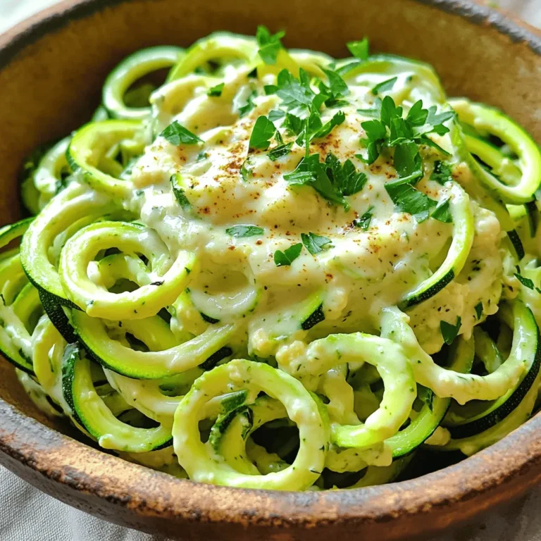 To make a tasty Zucchini Noodle Alfredo, you need the following ingredients: - 4 medium zucchinis, spiralized into noodles - 1 cup cauliflower florets, steamed - 1 cup unsweetened almond milk - 1/4 cup nutritional yeast - 2 tablespoons olive oil - 1 tablespoon garlic, minced - 1 tablespoon onion powder - 1 teaspoon vegetable broth powder (optional) - Salt and pepper, to taste - Fresh parsley, chopped (for garnish) - Grated Parmesan cheese (optional, for a non-vegan version) These ingredients create a creamy and rich sauce that pairs perfectly with the zucchini noodles. Feel free to customize your Alfredo dish with these optional ingredients: - Fresh spinach or kale for added greens - Cherry tomatoes for a burst of color and flavor - Mushrooms for extra earthiness - Red pepper flakes for a spicy kick - Cooked chicken or shrimp for added protein Adding these can enhance the dish and make it your own. This dish is not only delicious but also packed with nutrients. Here’s a quick look at the nutritional benefits: - Zucchini is low in calories and high in vitamins A and C. - Cauliflower is rich in fiber and antioxidants. - Nutritional yeast adds protein and B vitamins. - Almond milk is a low-calorie dairy alternative. This recipe is a great option for a light meal that doesn't skimp on flavor. It fits well into vegan and gluten-free diets, offering a nourishing choice for many. Enjoy the creamy goodness without the guilt! For the full recipe, check out the detailed cooking instructions. To start, you need four medium zucchinis. Spiralize them into noodles using a spiralizer or a vegetable peeler. If you don’t have a spiralizer, a peeler works well too. After spiralizing, set the noodles aside. They should look like thin pasta strands. This makes the dish light and fun. For the sauce, you will need one cup of steamed cauliflower florets. Steam them until they are soft, which takes about ten minutes. Once cooked, place the florets in a blender. Add one cup of unsweetened almond milk, one-fourth cup of nutritional yeast, two tablespoons of olive oil, one tablespoon of minced garlic, and one tablespoon of onion powder. Season with salt and pepper. Blend all these until the mixture is smooth and creamy. If you like, you can add vegetable broth powder for extra flavor. Taste and adjust the seasoning if needed. Now, grab a large skillet and heat a little olive oil over medium heat. Add your spiralized zucchini noodles and sauté them for about three to four minutes. You want them to soften just a bit. Then, pour your creamy Alfredo sauce over the noodles in the skillet. Stir well to coat all the noodles. Let it cook for another minute to warm the sauce. Finally, remove it from the heat. Serve right away, garnishing with fresh parsley and some grated Parmesan cheese if you want. Enjoy your delicious Zucchini Noodle Alfredo! For the complete details on this recipe, check the Full Recipe. Pick firm zucchinis that feel heavy for their size. Look for smooth skin without spots. Smaller zucchinis taste better and are less watery. They also spiralize easier. Aim for zucchinis about 6 to 8 inches long. Always wash them well before using. To make a rich and creamy sauce, blend the cooked cauliflower well. The almond milk adds creaminess without the calories. Nutritional yeast gives it a cheesy flavor without dairy. Adjust the salt and pepper to your taste. You can also add a splash of vegetable broth for extra depth. Sauté the zucchini noodles for only a few minutes. Overcooking makes them mushy. Pat them dry after spiralizing to remove excess moisture. You can also salt them lightly and let them sit. This draws out water before cooking. Serve the dish right away for the best texture. For the full recipe, check out the detailed steps. {{image_2}} You can make this dish vegan easily. Instead of using regular milk, use almond milk. Nutritional yeast gives a cheesy flavor without dairy. It’s rich in vitamins, too. You won’t miss the cream! This recipe is naturally gluten-free. Zucchini is a great substitute for pasta. If you want extra flavor, try gluten-free pasta. Just cook it separately and mix it with the sauce. It will still taste fantastic. Want to add protein? Chicken or shrimp works great! Cook chicken breast in the skillet before adding the zucchini noodles. If you prefer shrimp, sauté them until pink. Both options will make your meal heartier and more satisfying. For the full recipe, check out the previous sections. You can store leftover Zucchini Noodle Alfredo in an airtight container. Place it in the fridge. It will stay fresh for up to three days. Make sure to cool it down before sealing. This keeps the noodles from getting too soggy. To reheat, use a skillet over medium heat. Add a splash of almond milk to keep it creamy. Stir often for even heating. You can also use a microwave. Heat it in 30-second intervals, stirring in between. This way, it warms up without drying out. Freezing Zucchini Noodle Alfredo is not ideal. The zucchini noodles can get mushy when thawed. However, you can freeze the Alfredo sauce. Just pour it into a freezer-safe bag or container. It will last up to three months. When ready, thaw it overnight in the fridge before using. Then, cook fresh zucchini noodles when you’re ready to eat. For the full recipe, check out my guide. Yes, you can. Any non-dairy milk works well. You can try oat milk, soy milk, or coconut milk. Each type gives a unique flavor. If you prefer dairy, whole milk or cream will also work. Just remember, the taste may change a bit. You can spiralize zucchini using a vegetable peeler. Simply peel the zucchini into long strips. Keep peeling until you reach the seeds in the center. You can also use a box grater for thin noodle-like strands. Just be careful with your fingers. This method may take a bit longer, but it works great! Zucchini Noodle Alfredo pairs well with many dishes. Consider serving it with grilled chicken or shrimp for protein. A side salad with fresh greens adds a nice crunch. You can also serve garlic bread for a classic touch. For a heartier meal, add roasted veggies. Enjoy mixing and matching! Zucchini Noodle Alfredo is a fresh twist on pasta. You learned essential and optional ingredients, along with their nutritional benefits. We covered step-by-step instructions to create this creamy dish and shared tips for perfect noodles. You can customize it easily with vegan and gluten-free options. Don’t forget about proper storage and reheating tips for leftovers. Enjoy making this dish with friends! It’s tasty, healthy, and fun to prepare.