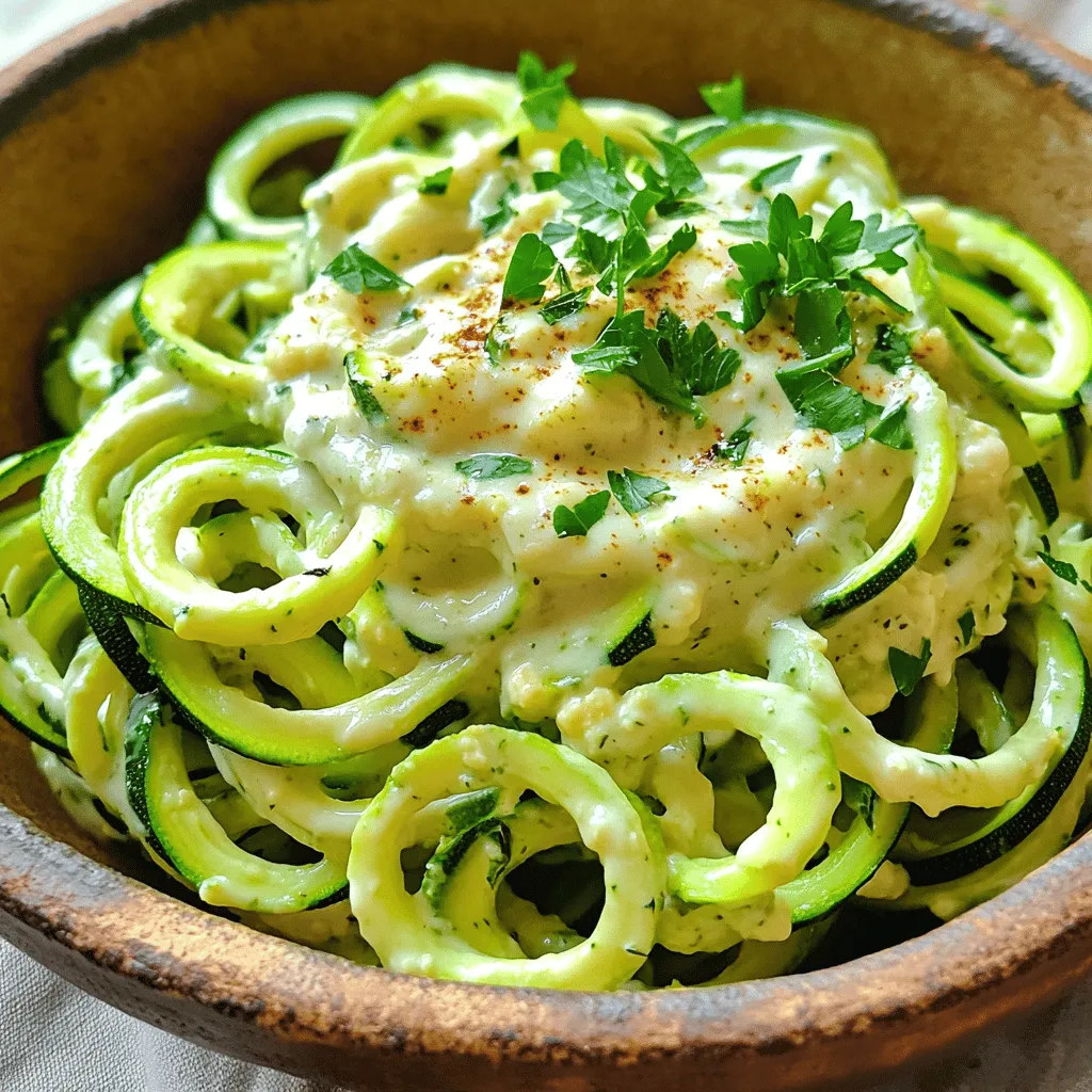 To make a tasty Zucchini Noodle Alfredo, you need the following ingredients: - 4 medium zucchinis, spiralized into noodles - 1 cup cauliflower florets, steamed - 1 cup unsweetened almond milk - 1/4 cup nutritional yeast - 2 tablespoons olive oil - 1 tablespoon garlic, minced - 1 tablespoon onion powder - 1 teaspoon vegetable broth powder (optional) - Salt and pepper, to taste - Fresh parsley, chopped (for garnish) - Grated Parmesan cheese (optional, for a non-vegan version) These ingredients create a creamy and rich sauce that pairs perfectly with the zucchini noodles. Feel free to customize your Alfredo dish with these optional ingredients: - Fresh spinach or kale for added greens - Cherry tomatoes for a burst of color and flavor - Mushrooms for extra earthiness - Red pepper flakes for a spicy kick - Cooked chicken or shrimp for added protein Adding these can enhance the dish and make it your own. This dish is not only delicious but also packed with nutrients. Here’s a quick look at the nutritional benefits: - Zucchini is low in calories and high in vitamins A and C. - Cauliflower is rich in fiber and antioxidants. - Nutritional yeast adds protein and B vitamins. - Almond milk is a low-calorie dairy alternative. This recipe is a great option for a light meal that doesn't skimp on flavor. It fits well into vegan and gluten-free diets, offering a nourishing choice for many. Enjoy the creamy goodness without the guilt! For the full recipe, check out the detailed cooking instructions. To start, you need four medium zucchinis. Spiralize them into noodles using a spiralizer or a vegetable peeler. If you don’t have a spiralizer, a peeler works well too. After spiralizing, set the noodles aside. They should look like thin pasta strands. This makes the dish light and fun. For the sauce, you will need one cup of steamed cauliflower florets. Steam them until they are soft, which takes about ten minutes. Once cooked, place the florets in a blender. Add one cup of unsweetened almond milk, one-fourth cup of nutritional yeast, two tablespoons of olive oil, one tablespoon of minced garlic, and one tablespoon of onion powder. Season with salt and pepper. Blend all these until the mixture is smooth and creamy. If you like, you can add vegetable broth powder for extra flavor. Taste and adjust the seasoning if needed. Now, grab a large skillet and heat a little olive oil over medium heat. Add your spiralized zucchini noodles and sauté them for about three to four minutes. You want them to soften just a bit. Then, pour your creamy Alfredo sauce over the noodles in the skillet. Stir well to coat all the noodles. Let it cook for another minute to warm the sauce. Finally, remove it from the heat. Serve right away, garnishing with fresh parsley and some grated Parmesan cheese if you want. Enjoy your delicious Zucchini Noodle Alfredo! For the complete details on this recipe, check the Full Recipe. Pick firm zucchinis that feel heavy for their size. Look for smooth skin without spots. Smaller zucchinis taste better and are less watery. They also spiralize easier. Aim for zucchinis about 6 to 8 inches long. Always wash them well before using. To make a rich and creamy sauce, blend the cooked cauliflower well. The almond milk adds creaminess without the calories. Nutritional yeast gives it a cheesy flavor without dairy. Adjust the salt and pepper to your taste. You can also add a splash of vegetable broth for extra depth. Sauté the zucchini noodles for only a few minutes. Overcooking makes them mushy. Pat them dry after spiralizing to remove excess moisture. You can also salt them lightly and let them sit. This draws out water before cooking. Serve the dish right away for the best texture. For the full recipe, check out the detailed steps. {{image_2}} You can make this dish vegan easily. Instead of using regular milk, use almond milk. Nutritional yeast gives a cheesy flavor without dairy. It’s rich in vitamins, too. You won’t miss the cream! This recipe is naturally gluten-free. Zucchini is a great substitute for pasta. If you want extra flavor, try gluten-free pasta. Just cook it separately and mix it with the sauce. It will still taste fantastic. Want to add protein? Chicken or shrimp works great! Cook chicken breast in the skillet before adding the zucchini noodles. If you prefer shrimp, sauté them until pink. Both options will make your meal heartier and more satisfying. For the full recipe, check out the previous sections. You can store leftover Zucchini Noodle Alfredo in an airtight container. Place it in the fridge. It will stay fresh for up to three days. Make sure to cool it down before sealing. This keeps the noodles from getting too soggy. To reheat, use a skillet over medium heat. Add a splash of almond milk to keep it creamy. Stir often for even heating. You can also use a microwave. Heat it in 30-second intervals, stirring in between. This way, it warms up without drying out. Freezing Zucchini Noodle Alfredo is not ideal. The zucchini noodles can get mushy when thawed. However, you can freeze the Alfredo sauce. Just pour it into a freezer-safe bag or container. It will last up to three months. When ready, thaw it overnight in the fridge before using. Then, cook fresh zucchini noodles when you’re ready to eat. For the full recipe, check out my guide. Yes, you can. Any non-dairy milk works well. You can try oat milk, soy milk, or coconut milk. Each type gives a unique flavor. If you prefer dairy, whole milk or cream will also work. Just remember, the taste may change a bit. You can spiralize zucchini using a vegetable peeler. Simply peel the zucchini into long strips. Keep peeling until you reach the seeds in the center. You can also use a box grater for thin noodle-like strands. Just be careful with your fingers. This method may take a bit longer, but it works great! Zucchini Noodle Alfredo pairs well with many dishes. Consider serving it with grilled chicken or shrimp for protein. A side salad with fresh greens adds a nice crunch. You can also serve garlic bread for a classic touch. For a heartier meal, add roasted veggies. Enjoy mixing and matching! Zucchini Noodle Alfredo is a fresh twist on pasta. You learned essential and optional ingredients, along with their nutritional benefits. We covered step-by-step instructions to create this creamy dish and shared tips for perfect noodles. You can customize it easily with vegan and gluten-free options. Don’t forget about proper storage and reheating tips for leftovers. Enjoy making this dish with friends! It’s tasty, healthy, and fun to prepare.
