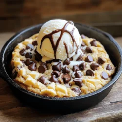 - 1 cup unsalted butter, softened - 3/4 cup brown sugar, packed - 1/4 cup granulated sugar - 1 large egg - 1 teaspoon vanilla extract - 2 1/4 cups all-purpose flour - 1 teaspoon baking soda - 1/2 teaspoon salt - 1 cup semi-sweet chocolate chips - 1/2 cup chopped nuts (optional, like walnuts or pecans) - Vanilla ice cream (for serving) The main ingredients for this cookie skillet are simple but key. Each plays a role. The butter gives a rich taste. The sugars add sweetness and help with browning. The egg binds the dough and adds moisture. Flour creates the structure. Baking soda helps the cookie rise. Salt enhances the flavors. Chocolate chips are the star! They melt and create gooey pockets. Nuts add crunch if you choose to include them. - Different types of chocolate chips (milk, dark, or white) - Nuts other than walnuts or pecans - Sprinkles or additional toppings for serving You can switch things up with options. Use milk or dark chocolate chips for different sweetness. Try white chocolate for a unique twist. Other nuts work well too, like almonds or hazelnuts. For extra fun, add sprinkles on top. These choices let you customize your dessert and make it your own! For the Full Recipe, follow the steps to create this sweet treat. - Preheat the oven to 350°F (175°C). - Cream together the butter and sugars until smooth and fluffy. Start by preheating your oven. This helps your cookie bake evenly. While it's warming up, take a large mixing bowl. Add your softened butter, brown sugar, and granulated sugar. Use a mixer or a spoon to blend them. You want the mix to be light and fluffy. This step adds air, making your cookie soft. - Beat in the egg and vanilla extract. - Combine dry ingredients (flour, baking soda, and salt) in a separate bowl. Next, beat in one large egg and one teaspoon of vanilla extract. Mix until combined well. The egg adds moisture, and the vanilla gives it that great flavor. In a different bowl, whisk together your dry ingredients: flour, baking soda, and salt. This helps to distribute the baking soda evenly, ensuring your cookie rises well. - Gradually add the dry mixture to the wet ingredients. - Transfer the dough to a skillet and bake for 20-25 minutes. Now, slowly add your dry mixture to the wet ingredients. Mix gently until just combined. Over-mixing can make the cookie tough. Fold in one cup of semi-sweet chocolate chips and nuts if you like. Transfer your dough to a 10-inch cast-iron skillet. Spread it evenly and smooth the top. Place the skillet in the oven and bake for 20-25 minutes. The edges will turn golden brown while the center stays soft. After baking, let it cool for about 5-10 minutes. This cookie skillet is best warm. Enjoy with a scoop of vanilla ice cream on top! For the full recipe, check out the complete instructions. To get that perfect chewy center, slightly underbake your cookie. This means taking it out when the edges look golden but the center is still soft. It will firm up as it cools. Using room temperature ingredients also helps. This makes mixing easier and gives you a smoother dough. Serving this cookie directly from the skillet makes it feel extra special. The rustic look is charming and inviting. You can add toppings like chocolate syrup, whipped cream, or even a sprinkle of sea salt. A scoop of vanilla ice cream on top takes it to another level! Cleanup can be simple if you grease the skillet well. This helps prevent sticking. You can also use parchment paper for easy removal. Just line the bottom of your skillet before adding the dough. It makes cleanup a breeze! For the full recipe, check out the detailed steps provided. {{image_2}} You can make your chocolate chip cookie skillet even better with fun flavors. Try adding different extracts. Almond extract adds a nice touch. You can also mix in spices. A dash of cinnamon warms up the taste. Espresso powder brings a rich, bold flavor. Experimenting with these flavors can make each skillet unique! If you need a gluten-free option, swap regular flour with gluten-free flour. This change keeps the taste while catering to dietary needs. You can also make it vegan. Just use vegan chocolate chips instead of regular ones. This way, everyone can enjoy this treat without worries! Celebrate the seasons with fun toppings. In fall, add candy corn for a festive twist. During summer, fresh fruits like strawberries or bananas can brighten your skillet. These seasonal touches keep the dessert exciting and fresh. You can create new memories with each variation! The cookie skillet can last up to two days at room temperature. To keep it fresh, cover it with plastic wrap or foil. This helps prevent it from drying out. Make sure the skillet is completely cooled before covering. If you want to keep it longer, you can store it in the fridge. Place the cooled cookie skillet in an airtight container. It stays good for up to a week in the refrigerator. When you're ready to eat it, simply reheat in the oven at 350°F (175°C) for about 10 minutes. This brings back its warm, gooey texture. You can freeze the cookie dough before baking. Just scoop the dough into balls and place them on a baking sheet. Freeze until firm, then transfer to a zip-top bag. The dough lasts for up to three months in the freezer. To bake, just place the frozen dough in a skillet and add a few extra minutes to the baking time. If you have leftover baked cookie skillet, cool it completely before wrapping it tightly in plastic wrap. It can also freeze for about three months. Reheat it in the oven when you’re ready to enjoy it again. For the complete recipe, check the [Full Recipe]. Yes, you can prepare the cookie skillet ahead of time. To do this, mix your dough and place it in the skillet. Cover it tightly with plastic wrap. Store it in the fridge for up to 24 hours. This keeps the dough fresh. When you're ready, just bake it straight from the fridge. You might need to add a few extra minutes to the baking time. Look for a few signs to tell when your skillet cookie is done. The edges should be golden brown, while the center looks slightly soft. A toothpick inserted in the middle should come out with a few moist crumbs. If it comes out clean, it might be overbaked. Remember, the cookie will continue to cook a bit after you take it out. Serving your cookie skillet with a scoop of vanilla ice cream is a classic choice. The warm cookie and cold ice cream create a nice contrast. You can also drizzle chocolate syrup or caramel sauce on top. Fresh berries or whipped cream can add a fun touch too. For a twist, try serving it with peanut butter or a fruit compote for extra flavor. You can use other baking dishes if you don't have a skillet. A 9-inch round cake pan or a square baking dish works well. Just watch the baking time closely. The cookie may cook faster in a thinner dish. Check for doneness a few minutes earlier than the recipe suggests. Enjoy your cookie skillet from whatever dish you choose! Remember to check the [Full Recipe] for more details. This recipe outlines all you need for a delicious chocolate chip cookie skillet. You’ve learned about essential ingredients, preparation, and baking tips. Remember to enjoy variations that suit your taste, like different chocolates or nuts. Serve it warm and consider toppings for a tasty treat. Proper storage keeps leftovers fresh, and preparing ahead saves time. Whether you’re a beginner or a pro, this dish offers fun and flavor. Happy baking!
