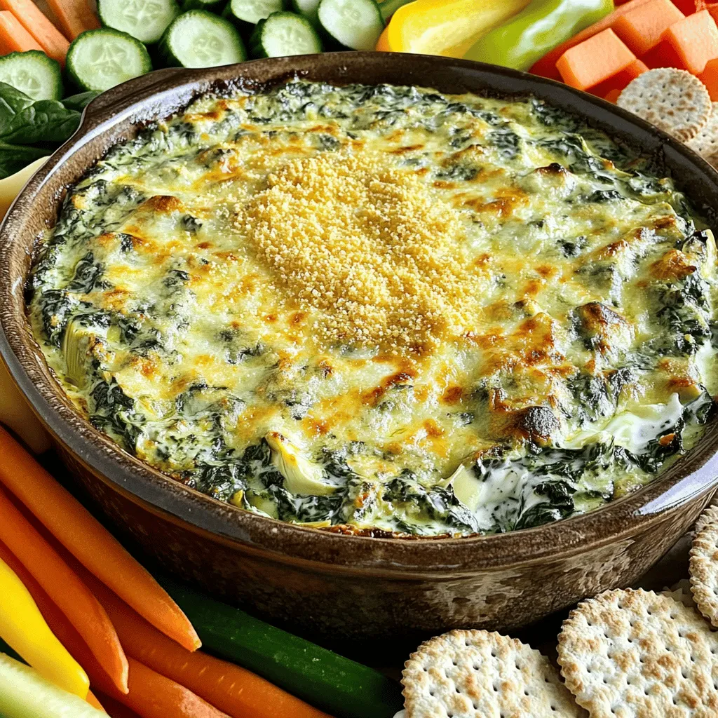 Using fresh ingredients makes this dip bright and tasty. I love adding fresh spinach for its rich nutrients. It gives the dip a nice green color and loads of vitamins. The artichoke hearts add a unique flavor and fiber. You can use canned ones for ease, but fresh artichokes are even better if you have time. To keep this dip light, I use Greek yogurt instead of sour cream. This adds creaminess and protein while cutting fat. Low-fat cream cheese also works well in this recipe. For cheese, I recommend shredded low-fat mozzarella and grated Parmesan. These options keep the dip rich without the extra calories. Want to kick up the flavor? Consider adding red pepper flakes for a little heat. Just a pinch can make a big difference. You can also try adding chopped fresh herbs like basil or dill for freshness. Experimenting with these add-ins can lead to new favorite flavors. For the full recipe, check out the Healthy Spinach Artichoke Dip. - Pre-heating the Oven Start by preheating your oven to 350°F (175°C). This step is key. It ensures your dip cooks evenly and gets that perfect, bubbly top. - Mixing the Ingredients In a large bowl, combine 1 cup of Greek yogurt and 1/2 cup of softened cream cheese. Mix until smooth. Then, add 2 cups of chopped fresh spinach and 1 can of drained artichoke hearts. Stir in 1/2 cup of shredded low-fat mozzarella and 1/4 cup of grated Parmesan. Next, add 2 minced cloves of garlic, 1 tablespoon of lemon juice, and salt and pepper to taste. If you like heat, toss in 1/4 teaspoon of red pepper flakes. Mix everything until it’s well combined. Transfer the mixture to a baking dish, spreading it out evenly. Bake for 20-25 minutes. Look for the dip to be hot and bubbly, with the top slightly golden. This is when it’s just right. - Allowing the Dip to Cool Once you remove the dip from the oven, let it cool for a couple of minutes. This helps avoid burns and makes it easier to scoop. - Suggested Serving Arrangements Serve the dip warm with fresh veggie sticks like carrots, cucumbers, and bell peppers. Whole-grain crackers also work great. This not only makes for a beautiful display but adds a healthy crunch. For the full recipe, check the details above! To make your dip super creamy, I suggest using full-fat Greek yogurt. It gives a rich texture. Mixing in a bit more cream cheese helps too. You can use a hand mixer to blend the ingredients smoothly. This ensures no lumps remain, making your dip velvety and delightful. Adding spices can take your dip to the next level. I love using garlic powder for extra depth. A pinch of cayenne pepper can add heat without overpowering the dish. You might also try a dash of onion powder. These spices will enhance the taste and make it more enjoyable. You can prepare this dip a day ahead. Just mix all the ingredients and store them in the fridge. When your guests arrive, bake it as directed in the Full Recipe. This way, you can enjoy your time with friends and serve a warm, tasty dip. Remember, it tastes even better the next day! {{image_2}} To make a vegan version of spinach artichoke dip, swap out the dairy. Use silken tofu or cashew cream instead of cream cheese. Replace Greek yogurt with coconut yogurt for a creamy texture. For cheese, opt for nutritional yeast. It gives a cheesy taste without dairy. This version tastes great and is plant-based! If you like heat, try adding spice. Mix in diced jalapeños or a splash of hot sauce. Adding a pinch of cayenne pepper can also kick it up a notch. Another fun twist is to add sun-dried tomatoes. They bring a rich flavor that pairs well with spinach and artichokes. This spicy version will surely impress your guests. For a low-carb option, cut down on dairy and cheese. Use more spinach and artichoke hearts in the mix. Substitute Greek yogurt with a plant-based yogurt or leave it out. You can also use cauliflower puree for creaminess. This twist keeps the dip tasty while lowering the carbs. Enjoy this healthy version guilt-free! Try out these variations based on your taste and dietary needs. Each option offers a unique spin on the classic recipe. For the full recipe, check out the Healthy Spinach Artichoke Dip details above! To keep your healthy spinach artichoke dip fresh, store it in an airtight container. This helps prevent any odors from other foods in your fridge. Let the dip cool completely before sealing it away. When stored correctly, this dip lasts up to four days in the fridge. When you're ready to enjoy your dip again, preheat your oven to 350°F (175°C). Place the dip in an oven-safe dish. Cover it with foil to keep it moist. Heat for about 15-20 minutes or until it is hot throughout. This method keeps the dip creamy and delicious. You can also use a microwave for quick reheating. Heat in short bursts of 30 seconds, stirring in between. If you want to save some dip for later, freezing works great! First, let the dip cool fully. Then, spoon it into a freezer-safe container or bag. Be sure to leave some space for expansion. It can last up to three months in the freezer. When you're ready to eat it, thaw it overnight in the fridge. Reheat as described above for the best taste. For the complete experience, check out the full recipe. You can use Greek yogurt instead of cream cheese. It adds creaminess and cuts calories. If you want a dairy-free option, try silken tofu. Blend it until smooth. This will give you a nice texture. You can also use cashew cream for a nutty flavor. Your Healthy Spinach Artichoke Dip lasts about three to five days in the fridge. Make sure to store it in an airtight container. This keeps it fresh and safe to eat. Before serving, check for any changes in smell or texture. Yes, you can make this dip in advance! Prepare it a day before your event. Just store it in the fridge until you’re ready to bake. This helps the flavors blend well. When it's time, pop it in the oven for a warm treat. You can serve this dip with fresh veggie sticks. Carrots, cucumbers, and bell peppers work great. Whole-grain crackers are also a good choice. They add a nice crunch. For a fun twist, offer pita chips or toasted baguette slices. For the full recipe, check out Healthy Spinach Artichoke Dip 🥬. This blog covers the key steps for making a healthy spinach artichoke dip. You learned about fresh ingredients, preparation, and baking tips. I shared ways to make it creamier and spiced, plus variations for different diets. Storing and reheating are simple too. Enjoying this dip is easy and delicious, whether for a party or a snack. Try these tips and recipes to impress friends and family. You’ll enjoy the flavors and health benefits all at once. Remember to mix it up and have fun!