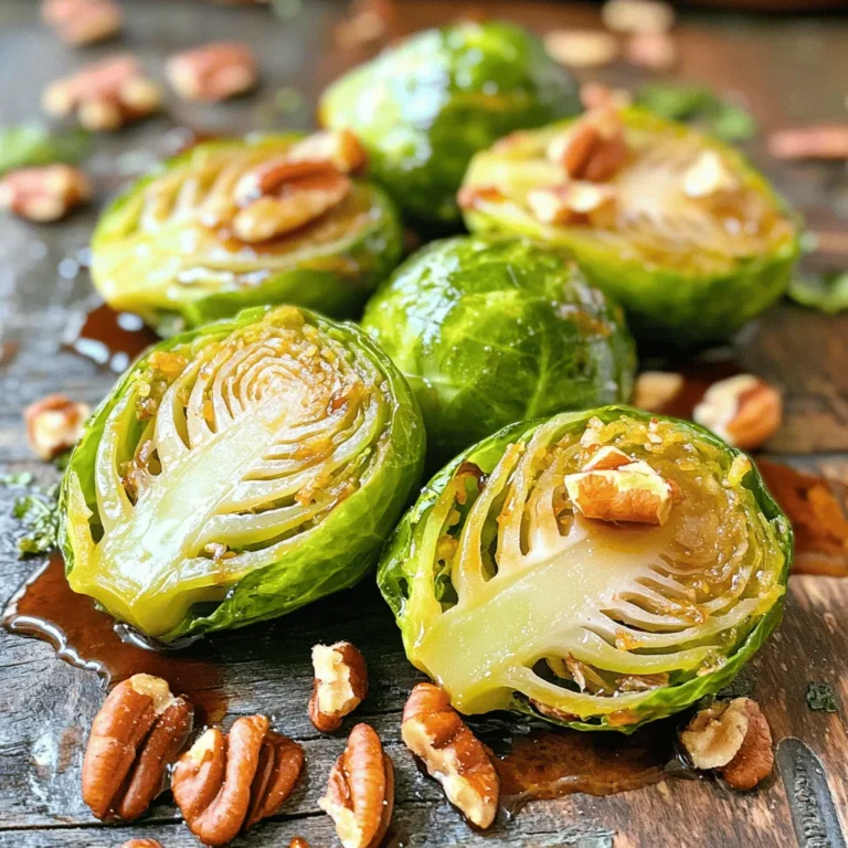 - 1 lb Brussels sprouts, trimmed and halved - 3 tablespoons olive oil - 1/4 cup pure maple syrup - 1 tablespoon Dijon mustard - 1/2 teaspoon garlic powder - Salt and pepper to taste - 1/4 cup pecans, roughly chopped - 2 tablespoons balsamic vinegar In this dish, the Brussels sprouts shine. You want to pick fresh, firm ones. Trimming and halving them helps them cook evenly. The olive oil adds richness, while the maple syrup gives that sweet touch. Dijon mustard brings a little tang. Garlic powder adds flavor without overpowering. Season with salt and pepper to taste for balance. Pecans give a nice crunch. Adding balsamic vinegar at the end brightens the dish. - Fresh herbs (e.g., thyme or parsley) - Grated cheese (e.g., Parmesan or feta) For extra flair, consider garnishing with fresh herbs. Thyme or parsley works well. Grated cheese, like Parmesan or feta, can add a salty depth. These extras enhance the look and taste of your dish. One serving has about 200 calories. It contains 14 grams of fat, 5 grams of protein, and 20 grams of carbohydrates. This dish provides good fiber from Brussels sprouts and healthy fats from olive oil and nuts. Enjoy this side as part of a balanced meal. For the complete dish, check out the Full Recipe. - Preheat your oven to 400°F (200°C). - Line a baking sheet with parchment paper for easy cleanup. - In a large mixing bowl, combine: - 1 lb Brussels sprouts, trimmed and halved - 3 tablespoons olive oil - 1/4 cup pure maple syrup - 1 tablespoon Dijon mustard - 1/2 teaspoon garlic powder - Salt and pepper to taste Toss all the ingredients well. Make sure every sprout gets coated. This mix gives the sprouts a sweet and savory taste. - Spread the Brussels sprouts in a single layer on the prepared baking sheet. - Roast them in your preheated oven for 20-25 minutes. Stir halfway through. This helps them cook evenly. - In the last five minutes of roasting, add 1/4 cup of roughly chopped pecans. This brings a nice crunch and nutty flavor. - Once done, drizzle 2 tablespoons of balsamic vinegar over the sprouts and toss gently. - For a beautiful presentation, place the sprouts on a serving dish. - You can also sprinkle some fresh herbs or grated cheese on top to enhance the look and taste. For the full recipe, you can check the earlier section. Enjoy your sweet and nutty side dish! To get the best caramelization on your Brussels sprouts, use high heat. Preheat your oven to 400°F (200°C) and make sure your baking sheet is hot. Spread the sprouts in one layer without crowding them. This allows the heat to circulate and helps them roast well. Stirring halfway through is key. It ensures every side gets that nice golden-brown color. If you skip this step, some sprouts may burn while others stay pale. Nobody wants that uneven look! One big mistake is overcrowding the baking sheet. If you pile too many Brussels sprouts together, they will steam instead of roast. This means no crispy edges and less flavor. Always leave space between each sprout. Another mistake is using low-quality maple syrup. Cheap syrup lacks the rich flavor you want. Stick with pure maple syrup for the best taste. It makes a huge difference in the final dish. You can easily enhance the flavor of your Brussels sprouts. Try adding spices like cayenne or smoked paprika for a kick. You might also add nuts, like sliced almonds or walnuts, for crunch. Balancing sweetness and acidity is important. The maple syrup adds sweetness, but balsamic vinegar provides a nice tang. This balance makes the dish more exciting and flavorful. For the full recipe, check out the recipe section above! {{image_2}} If you want to change the flavor, try honey or agave syrup. Both sweeteners add a nice twist. Honey gives a floral taste, while agave is milder. You can swap them in equal amounts for a delicious result. Mix it up with other veggies! Cauliflower and carrots work well here. Cauliflower gives a light, airy texture. Carrots add a sweet crunch. Just cut them into similar sizes as Brussels sprouts for even cooking. Want some heat? Add chili flakes for a spicy kick. Just a pinch can make it exciting! For a savory twist, try using different mustards. Whole grain or spicy brown mustards add depth. Experimenting can lead to your new favorite dish. To keep your Maple Glazed Brussels Sprouts fresh, place them in an airtight container. Make sure to cool them down before sealing. Store in the fridge for up to three days. This keeps the flavors and textures intact. If you need to store them longer, freezing might be a good option. You can reheat your Brussels sprouts in the oven or microwave. For the oven, preheat to 350°F (175°C). Spread the sprouts on a baking sheet and warm for about 10-15 minutes. This helps them retain a nice crunch. If you choose the microwave, place them on a microwave-safe plate. Heat in 30-second intervals, stirring in between. This method is quicker but may make them softer. You can freeze Maple Glazed Brussels Sprouts, but they may lose some texture. To freeze, first let them cool completely. Then, place them in a freezer-safe bag, removing as much air as possible. They can be stored for up to three months. When you’re ready to eat, thaw in the fridge overnight, then reheat using your preferred method. Yes, you can make Maple Glazed Brussels Sprouts ahead of time. Cook them fully and let them cool. Store them in an airtight container in the fridge. They will last for about three days. When you’re ready to serve, reheat them in the oven. This will help them regain their crispiness. Maple Glazed Brussels Sprouts pair well with many dishes. You can serve them with roasted chicken or turkey for a hearty meal. They also go great with grilled fish or a nice steak. For a vegetarian option, try them alongside quinoa or a grain salad. To make this recipe vegan, simply replace the Dijon mustard with a vegan version. You can also skip the pecans or use a different nut. The maple syrup is already vegan, so no changes are needed there. This change keeps the flavor rich and tasty while staying plant-based. Cleaning Brussels sprouts is simple and quick. Start by trimming off the tough ends. Remove any yellow or damaged leaves. Rinse them under cold water to remove dirt. Pat them dry with a towel before cooking. This way, they stay fresh and ready to enjoy! This blog post covered how to make tasty Maple Glazed Brussels Sprouts. You learned the key ingredients, step-by-step instructions, and helpful tips. I shared ways to avoid common mistakes and how to adjust flavors or ingredients. In conclusion, this dish offers a great mix of flavor and nutrition. Whether you serve it for a holiday or a weeknight dinner, you’ll impress everyone at your table. Enjoy cooking and experimenting with this delicious recipe!