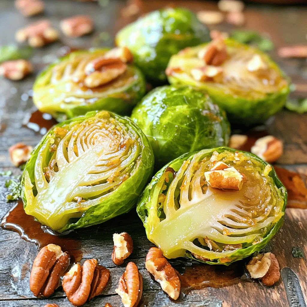 - 1 lb Brussels sprouts, trimmed and halved - 3 tablespoons olive oil - 1/4 cup pure maple syrup - 1 tablespoon Dijon mustard - 1/2 teaspoon garlic powder - Salt and pepper to taste - 1/4 cup pecans, roughly chopped - 2 tablespoons balsamic vinegar In this dish, the Brussels sprouts shine. You want to pick fresh, firm ones. Trimming and halving them helps them cook evenly. The olive oil adds richness, while the maple syrup gives that sweet touch. Dijon mustard brings a little tang. Garlic powder adds flavor without overpowering. Season with salt and pepper to taste for balance. Pecans give a nice crunch. Adding balsamic vinegar at the end brightens the dish. - Fresh herbs (e.g., thyme or parsley) - Grated cheese (e.g., Parmesan or feta) For extra flair, consider garnishing with fresh herbs. Thyme or parsley works well. Grated cheese, like Parmesan or feta, can add a salty depth. These extras enhance the look and taste of your dish. One serving has about 200 calories. It contains 14 grams of fat, 5 grams of protein, and 20 grams of carbohydrates. This dish provides good fiber from Brussels sprouts and healthy fats from olive oil and nuts. Enjoy this side as part of a balanced meal. For the complete dish, check out the Full Recipe. - Preheat your oven to 400°F (200°C). - Line a baking sheet with parchment paper for easy cleanup. - In a large mixing bowl, combine: - 1 lb Brussels sprouts, trimmed and halved - 3 tablespoons olive oil - 1/4 cup pure maple syrup - 1 tablespoon Dijon mustard - 1/2 teaspoon garlic powder - Salt and pepper to taste Toss all the ingredients well. Make sure every sprout gets coated. This mix gives the sprouts a sweet and savory taste. - Spread the Brussels sprouts in a single layer on the prepared baking sheet. - Roast them in your preheated oven for 20-25 minutes. Stir halfway through. This helps them cook evenly. - In the last five minutes of roasting, add 1/4 cup of roughly chopped pecans. This brings a nice crunch and nutty flavor. - Once done, drizzle 2 tablespoons of balsamic vinegar over the sprouts and toss gently. - For a beautiful presentation, place the sprouts on a serving dish. - You can also sprinkle some fresh herbs or grated cheese on top to enhance the look and taste. For the full recipe, you can check the earlier section. Enjoy your sweet and nutty side dish! To get the best caramelization on your Brussels sprouts, use high heat. Preheat your oven to 400°F (200°C) and make sure your baking sheet is hot. Spread the sprouts in one layer without crowding them. This allows the heat to circulate and helps them roast well. Stirring halfway through is key. It ensures every side gets that nice golden-brown color. If you skip this step, some sprouts may burn while others stay pale. Nobody wants that uneven look! One big mistake is overcrowding the baking sheet. If you pile too many Brussels sprouts together, they will steam instead of roast. This means no crispy edges and less flavor. Always leave space between each sprout. Another mistake is using low-quality maple syrup. Cheap syrup lacks the rich flavor you want. Stick with pure maple syrup for the best taste. It makes a huge difference in the final dish. You can easily enhance the flavor of your Brussels sprouts. Try adding spices like cayenne or smoked paprika for a kick. You might also add nuts, like sliced almonds or walnuts, for crunch. Balancing sweetness and acidity is important. The maple syrup adds sweetness, but balsamic vinegar provides a nice tang. This balance makes the dish more exciting and flavorful. For the full recipe, check out the recipe section above! {{image_2}} If you want to change the flavor, try honey or agave syrup. Both sweeteners add a nice twist. Honey gives a floral taste, while agave is milder. You can swap them in equal amounts for a delicious result. Mix it up with other veggies! Cauliflower and carrots work well here. Cauliflower gives a light, airy texture. Carrots add a sweet crunch. Just cut them into similar sizes as Brussels sprouts for even cooking. Want some heat? Add chili flakes for a spicy kick. Just a pinch can make it exciting! For a savory twist, try using different mustards. Whole grain or spicy brown mustards add depth. Experimenting can lead to your new favorite dish. To keep your Maple Glazed Brussels Sprouts fresh, place them in an airtight container. Make sure to cool them down before sealing. Store in the fridge for up to three days. This keeps the flavors and textures intact. If you need to store them longer, freezing might be a good option. You can reheat your Brussels sprouts in the oven or microwave. For the oven, preheat to 350°F (175°C). Spread the sprouts on a baking sheet and warm for about 10-15 minutes. This helps them retain a nice crunch. If you choose the microwave, place them on a microwave-safe plate. Heat in 30-second intervals, stirring in between. This method is quicker but may make them softer. You can freeze Maple Glazed Brussels Sprouts, but they may lose some texture. To freeze, first let them cool completely. Then, place them in a freezer-safe bag, removing as much air as possible. They can be stored for up to three months. When you’re ready to eat, thaw in the fridge overnight, then reheat using your preferred method. Yes, you can make Maple Glazed Brussels Sprouts ahead of time. Cook them fully and let them cool. Store them in an airtight container in the fridge. They will last for about three days. When you’re ready to serve, reheat them in the oven. This will help them regain their crispiness. Maple Glazed Brussels Sprouts pair well with many dishes. You can serve them with roasted chicken or turkey for a hearty meal. They also go great with grilled fish or a nice steak. For a vegetarian option, try them alongside quinoa or a grain salad. To make this recipe vegan, simply replace the Dijon mustard with a vegan version. You can also skip the pecans or use a different nut. The maple syrup is already vegan, so no changes are needed there. This change keeps the flavor rich and tasty while staying plant-based. Cleaning Brussels sprouts is simple and quick. Start by trimming off the tough ends. Remove any yellow or damaged leaves. Rinse them under cold water to remove dirt. Pat them dry with a towel before cooking. This way, they stay fresh and ready to enjoy! This blog post covered how to make tasty Maple Glazed Brussels Sprouts. You learned the key ingredients, step-by-step instructions, and helpful tips. I shared ways to avoid common mistakes and how to adjust flavors or ingredients. In conclusion, this dish offers a great mix of flavor and nutrition. Whether you serve it for a holiday or a weeknight dinner, you’ll impress everyone at your table. Enjoy cooking and experimenting with this delicious recipe!