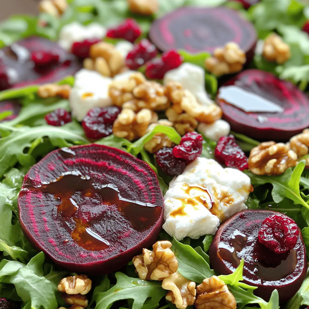 To make a delicious roasted beet and goat cheese salad, you will need: - 4 medium beets, trimmed and washed - 2 tablespoons olive oil - Salt and pepper to taste - 4 cups mixed salad greens (arugula, spinach, and frisée) - 1/2 cup goat cheese, crumbled - 1/2 cup walnuts, roughly chopped - 1/4 cup dried cranberries - 2 tablespoons balsamic vinegar - 1 tablespoon honey - 1 tablespoon Dijon mustard - Fresh herbs (optional: parsley or chives) for garnish You can easily adjust this salad to fit your taste. Here are some great swaps: - Beets: Use golden beets for a milder flavor. - Goat Cheese: Feta cheese works well if you prefer a stronger taste. - Nuts: Try pecans or almonds instead of walnuts. - Greens: Kale or romaine can replace mixed greens for added crunch. - Dried Fruit: Use raisins or chopped apples in place of cranberries. These changes can make the salad your own while still keeping it tasty. Choosing fresh ingredients is key to a great salad. Here are a few tips: - Beets: Look for firm, smooth beets with no soft spots or blemishes. - Greens: Choose vibrant greens that are crisp and free of wilting. - Goat Cheese: Opt for cheese that is creamy and fresh, not dried out. - Nuts: Select raw or lightly roasted nuts for the best flavor. - Dried Fruit: Pick dried cranberries that are plump and not hard. Fresh ingredients boost the flavor and health of your salad. Enjoy the process of picking the best for your dish! To start, preheat your oven to 400°F (200°C). This heat helps to bring out the beet's natural sweetness. Next, trim and wash your beets. Wrap each beet in aluminum foil. Place them on a baking sheet to catch any drips. Roast the beets for 45-60 minutes. You know they are done when a fork goes through easily. Once roasted, take them out and let them cool. After cooling, peel off the skins. They should come off easily. While the beets roast, you can make the dressing. In a small bowl, combine 2 tablespoons of balsamic vinegar, 1 tablespoon of honey, and 1 tablespoon of Dijon mustard. Whisk these together until smooth. Slowly add 2 tablespoons of olive oil while whisking. This creates a creamy texture. Don't forget to add salt and pepper to taste. Set the dressing aside for later. Once your beets are peeled and cooled, slice them into wedges. In a large bowl, combine 4 cups of mixed salad greens, the beet wedges, 1/2 cup of crumbled goat cheese, 1/2 cup of toasted walnuts, and 1/4 cup of dried cranberries. Drizzle your dressing over the salad and toss gently. This helps to mix the flavors without breaking the beets. If you like, add some fresh herbs for garnish. Now you have a colorful salad ready to enjoy. For the complete recipe, check the full recipe link. Roasting beets is simple and rewarding. Start by preheating your oven to 400°F (200°C). Wrap each beet in aluminum foil. This keeps them moist. Place the wrapped beets on a baking sheet. Roast for 45 to 60 minutes. The beets are done when a fork goes in easily. After roasting, let them cool before peeling. The skins come off easily. You’ll enjoy the sweet, earthy flavor of roasted beets. To boost flavor, consider adding fresh herbs. Chives or parsley brighten the salad. You can also swap walnuts with pecans for a different crunch. For a tangy kick, try adding feta cheese instead of goat cheese. A sprinkle of fresh lemon juice brightens the dish too. You may even mix in some sliced apples or pears for sweetness. These changes keep your salad exciting and fresh. Presentation matters when serving salad. Arrange the mixed greens in a large bowl first. Then layer the roasted beet wedges on top. Crumble the goat cheese evenly over the beets. Scatter the toasted walnuts and cranberries next. This creates a beautiful mix of colors. For a finishing touch, drizzle the dressing just before serving. You can garnish with fresh herbs to impress your guests. They will love the look and taste of this delightful salad. For the complete recipe, check out the Full Recipe. {{image_2}} You can add fruits or veggies to this salad to change flavors. In spring, try adding strawberries or radishes. They add a sweet and crunchy touch. In fall, sliced apples or pears work well. They bring a nice contrast to the earthiness of the beets. You can also add roasted sweet potatoes for a cozy, warm twist. If you want to switch the cheese, you have options! Feta is a great choice. It offers a salty flavor that pairs well with beets. Blue cheese is another option if you like bold tastes. For a creamier option, try ricotta. Its soft texture balances the salad without overpowering it. Nuts add crunch and flavor to your salad. Walnuts are great, but you can also use pecans. They add a sweet, buttery taste. Almonds bring a nice crunch, too. Try slicing them for a different texture. If you prefer seeds, sunflower or pumpkin seeds work nicely as well. They add crunch and nutrition without the nutty flavor. Feel free to explore these variations as you create your own roasted beet and goat cheese salad. Each twist makes this dish even more enjoyable! For the complete recipe, check out the Full Recipe. After enjoying your roasted beet and goat cheese salad, store leftovers in an airtight container. This keeps the flavors fresh. Refrigerate the salad for up to three days. Keep the dressing separate to avoid sogginess. For long-lasting ingredients, follow these tips: - Beets: Store in a cool, dark place. They last for weeks if unpeeled. - Greens: Keep mixed greens in a salad spinner or container lined with paper towels. This prevents moisture and wilting. - Goat cheese: Wrap tightly in plastic wrap or store in a sealed container. This keeps it fresh and tasty. If you want warm beets, here’s how to reheat them: - Oven: Preheat to 350°F (175°C). Wrap the beets in foil and heat for 10-15 minutes. - Microwave: Cut the beets into smaller pieces. Place them in a bowl with a splash of water. Cover and heat for 1-2 minutes. This method helps keep the beets moist while warming them up. Enjoy the full recipe to make this delightful salad! Yes, you can prepare the salad ahead. Roast the beets and make the dressing. Store the beets and dressing separately in the fridge. Combine them with greens just before serving. This keeps the salad fresh and crisp. If you don’t have goat cheese, try feta or ricotta. Both options add creaminess. You can also use a dairy-free cheese if needed. This keeps the flavor interesting while catering to dietary needs. To avoid sogginess, keep the components separate until serving. Store the dressing and salad greens in different containers. Mix them just before eating. This ensures each bite stays crunchy and fresh. In this article, we explored the roasted beet and goat cheese salad from start to finish. We discussed key ingredients, prepping tips, and variations to spice up your dish. Remember, choosing fresh ingredients helps make your salad shine. When roasting beets, keep an eye on timing for perfect results. You can also customize it with different cheeses or nuts. With these tips, your salad will impress anyone. Enjoy making this dish and share it with others for a healthy treat!