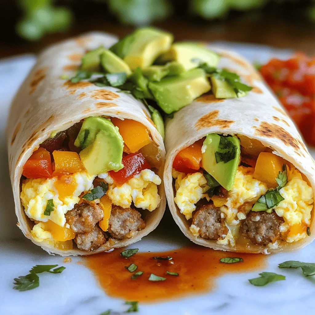 To make tasty savory breakfast burritos, gather these key items: - 4 large flour tortillas - 6 large eggs - 1 cup bell peppers (red and green), diced - 1 cup cooked breakfast sausage, crumbled (or use veggie sausage for a vegetarian option) - 1 cup shredded cheese (cheddar or pepper jack) - 1 avocado, sliced - ¼ cup fresh cilantro, chopped - 1 tablespoon olive oil - 1 teaspoon garlic powder - 1 teaspoon onion powder - Salt and pepper to taste - Salsa, for serving These ingredients create a flavorful mix that makes each bite delightful. You can enhance your burrito’s flavor with fresh, seasonal items. Consider adding: - Spinach or kale for a green boost - Zucchini or mushrooms for extra texture - Fresh tomatoes for a juicy burst - Chopped green onions for a mild onion flavor Using fresh ingredients not only tastes great, but it also adds nutrition to your meal. You can easily adapt this recipe to meet different dietary needs: - For a vegetarian option, swap sausage for black beans or lentils. - Use gluten-free tortillas if you need to avoid gluten. - For a lower-fat option, replace regular cheese with a lighter cheese or omit it entirely. - If you prefer a dairy-free burrito, use plant-based cheese or skip it altogether. These substitutions allow everyone to enjoy a delicious breakfast burrito. Want the full recipe? Check out the [Full Recipe]. Start by heating the olive oil in a skillet over medium heat. Add the diced bell peppers and cook them for 3-4 minutes. You want them soft, not mushy. While they cook, grab a bowl. Whisk together the eggs, garlic powder, onion powder, salt, and pepper. Mix until everything is well combined. Pour this mixture into the skillet with the peppers. Add the crumbled sausage now. Stir gently until the eggs are set. This usually takes about 5 minutes. Remove the skillet from heat. Your filling is ready! Lay a tortilla flat on a clean surface. Sprinkle a good layer of cheese in the center. Next, spoon some of that tasty egg and sausage mixture on top. Add a few slices of avocado and some fresh cilantro for extra flavor. Now, fold the sides of the tortilla inwards. Start rolling the tortilla from the bottom. Keep it tight but not too tight. Repeat this step for the other tortillas. You've just made your burritos! For an extra crispy burrito, return the assembled burritos to the skillet. Toast them for 2-3 minutes on each side. Keep an eye on them; you want them golden brown, not burnt. This will give you that perfect crunch. Once done, serve your burritos right away. Enjoy them with some salsa on the side for dipping! For the full recipe, check the details above. To get creamy scrambled eggs, start with fresh eggs. Crack them into a bowl and whisk well. I suggest adding a splash of milk or cream for extra creaminess. This also helps the eggs cook evenly. Heat your skillet on medium-low. Low heat cooks the eggs gently. Stir them slowly and keep the eggs moving. Remove them from heat just before they are fully set. The residual heat will finish cooking them. To make your burrito pop with flavor, use fresh herbs and spices. Fresh cilantro and a dash of lime juice add brightness. Garlic and onion powders give depth. You can also season your eggs with salt and pepper. For a kick, consider adding hot sauce or diced jalapeños. Mixing flavors like smoked paprika or cumin can create a unique twist. Don’t be afraid to experiment with your favorite ingredients. If you have leftover burritos, store them in an airtight container. Place parchment paper between each burrito to keep them from sticking. They can last in the fridge for up to three days. To reheat, wrap the burrito in a damp paper towel and microwave for one to two minutes. For a crispier texture, use a skillet. Heat each side for about three minutes until warm and crispy. {{image_2}} You can easily make breakfast burritos without meat. Use scrambled tofu instead of eggs. It’s a great alternative and packed with protein. Add spices like turmeric and nutritional yeast for flavor. You can also use black beans or lentils for a hearty filling. These options are not only tasty but also healthy. Feel free to get creative with your fillings. Swap out bell peppers for spinach or kale. You can add mushrooms for an earthy taste. Try different cheeses like feta or mozzarella for a unique twist. If you want a fresh flavor, add tomatoes or corn. The key is to mix and match your favorite ingredients. If you love heat, add jalapeños or hot sauce to your burritos. Pickled jalapeños can give a nice tang. You can also sprinkle in some cayenne pepper or chili flakes when cooking the eggs. For a smoky flavor, try adding chipotle peppers in adobo sauce. These spicy options will surely wake up your taste buds! For a full recipe to get started, check out the Savory Breakfast Burritos section above. To keep your savory breakfast burritos fresh, store them in the fridge. Wrap each burrito in plastic wrap or foil. Place them in an airtight container. They last for about 3 to 4 days this way. Always let them cool before wrapping to avoid sogginess. Keeping them sealed helps maintain their flavors. You can freeze your burritos for longer storage. After wrapping them tightly in plastic wrap, place them in a freezer-safe bag. Make sure to remove as much air as possible. They can last up to 3 months in the freezer. When ready to eat, thaw them in the fridge overnight before reheating. Reheating is crucial for the best taste. You can use a few methods here. The microwave is quick but may make the burrito a bit soggy. For a crispy texture, use a skillet. Heat on medium heat for 3-4 minutes per side. You can also use an oven, preheated to 350°F (175°C). Wrap the burrito in foil and heat for about 15-20 minutes. Choose the method that fits your time and texture needs! You can change your breakfast burrito in many ways. Start with the base ingredients. You can swap flour tortillas for corn ones if you want a gluten-free option. Next, change the filling. Try black beans, spinach, or mushrooms for variety. For meat lovers, you can use bacon or chorizo. If you prefer a vegetarian option, add extra veggies or tofu. You can also mix in different cheeses, like feta or mozzarella. Finally, don’t forget the toppings! Salsa, sour cream, or hot sauce can add a burst of flavor. Experiment until you find your perfect combination. Yes, you can make savory breakfast burritos ahead of time! Prepare the filling the night before. Store it in the fridge in an airtight container. This makes your morning easier. When you are ready to eat, warm the filling in a skillet or microwave. Then, assemble your burritos using fresh tortillas. If you want, you can freeze the assembled burritos. Just wrap them tightly in foil or plastic wrap. When you want to eat them, heat them in the oven or microwave. Breakfast burritos pair well with many side dishes. Here are some tasty options: - Fresh fruit salad - Hash browns or home fries - Yogurt with honey and granola - A simple green salad - Sliced tomatoes or cucumbers These sides add balance to your meal. They also provide extra flavor and texture. You can mix and match based on your mood and the season. Explore and enjoy your savory breakfast burrito experience! Savory breakfast burritos are easy to make and fun to customize. We explored essential ingredients, fresh options, and substitutions for your diet. I shared step-by-step instructions, tips for perfect eggs, and ways to keep leftovers tasty. You can try different flavors, including vegetarian and spicy options. Don’t forget about storing them right for later. Enjoy creating your own burrito masterpiece!
