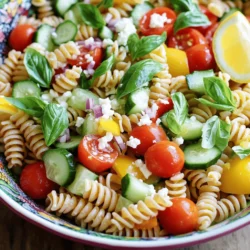 To make a fresh and tasty Lemon Basil Pasta Salad, you need some key ingredients. Here’s what you’ll want to gather: - 8 oz (about 225g) whole wheat pasta (like fusilli or penne) - 1 cup cherry tomatoes, halved - 1 cup cucumber, diced - 1/2 red bell pepper, diced - 1/4 red onion, finely chopped - 1 cup fresh basil leaves, roughly torn Whole wheat pasta adds a nice nutty taste. It is also a healthier choice. Fresh vegetables bring crunch and color to the dish. Cherry tomatoes burst with flavor, while cucumbers add a refreshing note. Red bell pepper and red onion give a sweet and sharp taste. You can add more fun to your pasta salad with some optional ingredients. Here are a few to consider: - 1/4 cup feta cheese, crumbled (optional) - Fresh herbs like parsley or oregano - A sprinkle of black pepper or red pepper flakes Feta cheese gives a creamy texture. You can also use other cheeses, like goat cheese. Fresh herbs add more layers of flavor. Experiment with what you have on hand! To start, bring a large pot of salted water to a rapid boil. Add the whole wheat pasta and cook it until it is al dente, which usually takes about 8 to 10 minutes. Al dente means the pasta still has a slight bite. It’s key for good texture in the salad. Once cooked, drain the pasta in a colander. Rinse it under cold water to stop the cooking process. This keeps the pasta firm and prevents it from becoming mushy. In a big mixing bowl, combine the cooled pasta with fresh vegetables. Add halved cherry tomatoes, diced cucumber, diced red bell pepper, finely chopped red onion, and the torn fresh basil leaves. If you want to add feta cheese, fold it in gently at this stage. Be careful not to break the cheese too much, as you want nice chunks in the salad. Mixing the pasta and veggies creates a bright and colorful dish that looks as good as it tastes. For the dressing, grab a small bowl. Whisk together extra virgin olive oil, fresh lemon juice, lemon zest, salt, and pepper. Whisking helps blend the oil and lemon juice well. This is called emulsification. Taste the dressing and adjust the flavors as needed. If you want more zing, add more lemon juice or zest. Once the dressing is ready, drizzle it over the pasta salad. Toss everything gently until well combined. This allows all the flavors to mix beautifully. Allow the salad to sit for at least 15 minutes before serving. This step helps the flavors meld together, making each bite even better. You can also find the full recipe to guide you through each step. To get the best taste from your Lemon Basil Pasta Salad, you must balance acidity and seasoning. The lemon juice adds a bright flavor, but too much can overpower the dish. Start with the juice of one lemon, then taste. If you want more zing, add a little more. Soaking time also matters. After mixing the salad, let it sit for at least 15 minutes. This allows the flavors to meld. If you can, let it sit longer. The pasta will soak up the dressing, making each bite more delicious. When serving your pasta salad, use a big, colorful bowl. This makes the dish pop and look inviting. For gatherings, consider small serving cups or jars for individual portions. It's fun and easy for guests to grab. Don’t forget to garnish! A few fresh basil leaves and lemon wedges on the side look great. They also hint at the flavors inside. A nice touch like this makes the dish feel special and appealing. {{image_2}} You can easily change up the veggies in this dish. Try seasonal options like roasted zucchini, bell peppers, or even peas. Each adds fresh taste and color. Seasonal swaps keep your salad lively and exciting. For cheese, you can use mozzarella or goat cheese instead of feta. This change brings new flavors and textures. You can also try a vegan cheese for a plant-based option. Each choice lets you customize the dish to your taste. If you need gluten-free options, use rice pasta or quinoa pasta. Both work well and taste great. They give you the same feel without gluten. For a vegan dish, skip the feta cheese. You can add avocado for creaminess. You can also use nutritional yeast for a cheesy flavor. These swaps make the salad enjoyable for everyone. For the full recipe, be sure to check out the Lemon Basil Pasta Salad. It’s a delightful dish that pleases many! To keep your Lemon Basil Pasta Salad fresh, store it in the fridge right away. Place the salad in an airtight container to keep moisture out. This will help the salad stay tasty for about three days. If you want to enjoy it later, remember to stir it before serving. The flavors will mix again. For the best containers, use glass or BPA-free plastic. These materials do not react with food. They also prevent leaks. Always allow the pasta salad to cool before sealing it. This keeps it fresh and safe. Can you freeze pasta salad? Yes, but it's not the best option. Freezing changes the texture of the vegetables. If you want to freeze it, leave out fresh basil and feta cheese. These ingredients do not freeze well. Reheating tips for the best experience: If you freeze the salad, thaw it in the fridge overnight. When ready to eat, mix in fresh basil and feta. This will brighten the flavors. Enjoy your pasta salad fresh for the best taste! Lemon Basil Pasta Salad can last 3 to 5 days in the fridge. Store it in an airtight container. The salad tastes best within the first couple of days. After that, the veggies may become soggy. Always check for any off smells before eating. Yes, you can make this salad a day ahead. This helps the flavors blend well. Prepare the pasta and mix in the veggies. Keep the dressing separate until you are ready to serve. It will keep the salad fresh and crunchy. When ready to serve, add the dressing and toss. You can add cooked chicken, shrimp, or chickpeas for protein. Grilled chicken adds a nice flavor. Shrimp cooks quickly and pairs well with lemon. Chickpeas are great for a vegetarian option. These proteins make the salad more filling and fun! You learned about the key ingredients for Lemon Basil Pasta Salad and how to make it. Whole wheat pasta and fresh veggies are the heart of this dish. Customizing with feta and herbs adds your special touch. I showed you step-by-step instructions for cooking, mixing, and dressing. Don’t forget the tips for flavor and presentation! You can experiment with variations and adjust ingredients to fit your diet. With the right storage, your salad stays fresh. Enjoy creating this delicious dish that brightens any meal!