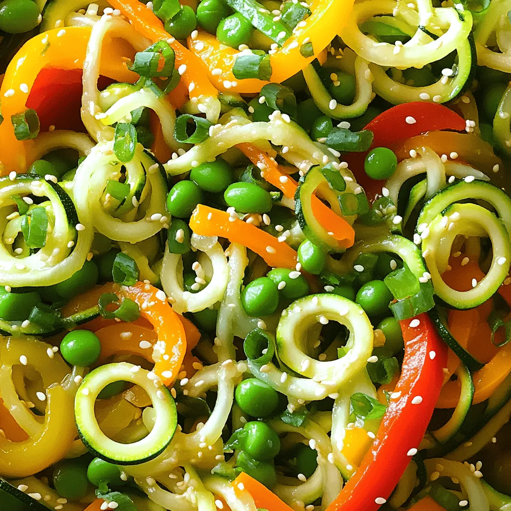 To make a tasty zucchini noodle stir fry, gather these key ingredients: - 3 medium zucchinis, spiralized - 1 cup bell peppers (red, yellow, green), sliced - 1 cup snap peas, trimmed - 1 carrot, julienned - 1 small red onion, thinly sliced - 3 cloves garlic, minced - 1 tablespoon ginger, minced - 3 tablespoons soy sauce (or tamari for gluten-free) - 1 tablespoon sesame oil - 1 tablespoon olive oil - 1 teaspoon chili flakes (optional, for heat) - 2 green onions, chopped - Toasted sesame seeds for garnish Fresh produce makes a big difference. Look for bright, crisp vegetables. I recommend using: - Organic zucchinis for best flavor - Colorful bell peppers for sweetness - Crunchy snap peas for texture - A fresh carrot for color and crunch Using fresh ingredients boosts taste and nutrition. Plus, it adds vibrant colors to your dish. Feel free to get creative! Here are some optional ingredients to enhance flavor: - Extra vegetables like mushrooms or bok choy - Proteins like chicken, shrimp, or tofu - Fresh herbs like cilantro or basil for brightness - A splash of lime juice for zest These additions let you play with flavors and textures. You can make this dish your own. For the full recipe, check out the details above. Start with fresh zucchinis. You will need three medium-sized zucchinis for this dish. Use a spiralizer or a vegetable peeler to create long, noodle-like strands. Place the spiralized noodles in a large bowl. Set them aside for now. This step helps to keep the noodles from getting too watery later. Heat a large skillet or wok over medium-high heat. Add one tablespoon of olive oil and let it warm up. Once hot, toss in the sliced red onion. Stir-fry for about two minutes until they soften. Next, add three cloves of minced garlic and one tablespoon of minced ginger. Stir this mixture for about thirty seconds until it smells amazing. Now, add the sliced bell peppers, trimmed snap peas, and julienned carrot. Cook them for about three to four minutes. You want them to stay crisp but tender. Pour in three tablespoons of soy sauce and one tablespoon of sesame oil. If you like heat, add one teaspoon of chili flakes. Mix everything well. Quickly add the zucchini noodles to the skillet. Toss all the ingredients gently. Cook for an additional two to three minutes. You want the noodles warm but not mushy. Remove the skillet from the heat. Stir in two chopped green onions for a fresh kick. Adjust the seasoning if needed. To serve, scoop the stir fry into bowls. Garnish with toasted sesame seeds for a nice crunch. Enjoy your fresh and flavorful Zucchini Noodle Stir Fry! For the full recipe, check the earlier section. To keep your zucchini noodles firm, start by salt them. After spiralizing, sprinkle salt on the noodles. Let them sit for 10 minutes. This step draws out extra water. Pat them dry with a clean towel before cooking. When you cook, avoid high heat for too long. Zucchini noodles need just a few minutes to heat through. If you cook them too long, they become mushy. Choosing the right oils makes a big difference in flavor. I suggest using olive oil for a mild taste. Sesame oil adds a nice nutty touch. A mix of both works well. For a more intense flavor, try avocado oil. It has a high smoke point, making it great for stir-frying. Avoid oils with strong flavors like coconut oil. They can overpower the dish. Seasoning is key to a tasty zucchini noodle stir fry. Start with soy sauce for saltiness. Add ginger and garlic for warmth and depth. If you want some heat, include chili flakes. Fresh herbs like basil or cilantro can brighten the dish. I like to finish with a sprinkle of toasted sesame seeds for crunch. This adds texture and a bit of flair. For the full recipe, check out the Zesty Zucchini Noodle Stir Fry section. {{image_2}} You can easily make a vegan version of this dish. Just skip the protein add-ins. Use the same fresh veggies from the recipe. They add great taste and color. For added protein, consider using edamame or chickpeas. They fit well and boost nutrition without meat. This dish stays fresh, vibrant, and full of flavor. To make this dish gluten-free, replace soy sauce with tamari. Tamari gives a similar taste without gluten. Always check labels when buying sauces. Many brands offer gluten-free versions. You can enjoy this dish without worrying about gluten. The other ingredients in the recipe are naturally gluten-free, so you’re good to go! Adding protein can turn this dish into a filling meal. For chicken, cut it into bite-sized pieces. Cook it first until golden brown. For tofu, opt for firm tofu, cut into cubes, and sauté until crispy. Shrimp cooks quickly, so add it after the veggies. Cook until pink and opaque. Each option adds a unique taste and texture, making your stir fry even better. For the full recipe, check out the Zesty Zucchini Noodle Stir Fry. Store your zucchini noodle stir fry in an airtight container. Make sure the stir fry cools down before sealing it. This keeps moisture in check. Use glass or plastic containers for easy stacking. Keep the container in the refrigerator for best results. To reheat, use a skillet over medium heat. Add a splash of water or oil to keep it moist. Stir often to heat evenly. You can also use a microwave. Place the stir fry in a microwave-safe bowl. Heat in short bursts of 30 seconds, stirring in between. Your zucchini noodle stir fry lasts about 3 to 4 days in the fridge. After that, the noodles may get soggy. Always check for any off smells or changes in texture before eating. Enjoy this fresh and vibrant dish with the best quality! For the complete recipe, refer to the Full Recipe section. Zucchini noodles are low in calories. They are a great source of vitamins A and C. They also provide fiber, which helps digestion. Eating zucchini noodles can help you feel full without many carbs. This makes them a smart choice for anyone watching their weight. Yes, you can prep the veggies and noodles ahead. Cut the veggies and spiralize the zucchini. Store them in the fridge for up to two days. But, cook the stir fry fresh for the best taste. If you store it cooked, the noodles may get soggy. If you don’t have a spiralizer, use a vegetable peeler. Simply peel long strips off the zucchini. Then, stack the strips and cut them into thin noodles. You can also use a box grater to shred the zucchini into noodle-like pieces. You can use tamari for a gluten-free option. Coconut aminos also work well for a soy-free choice. If you want less sodium, try low-sodium soy sauce. You can even use homemade broth or a mix of vinegar and water for a different flavor. For the full recipe, check out Zesty Zucchini Noodle Stir Fry. Zucchini noodle stir fry is a fun dish. We covered key ingredients, how to prepare zucchini noodles, and cooking tips. I shared variations for vegan and gluten-free recipes, too. Remember to store leftovers properly for the best taste. In conclusion, zucchini noodles are healthy, tasty, and easy to make. Enjoy this dish with your favorite protein or vegetables. Get creative in the kitchen and have fun!