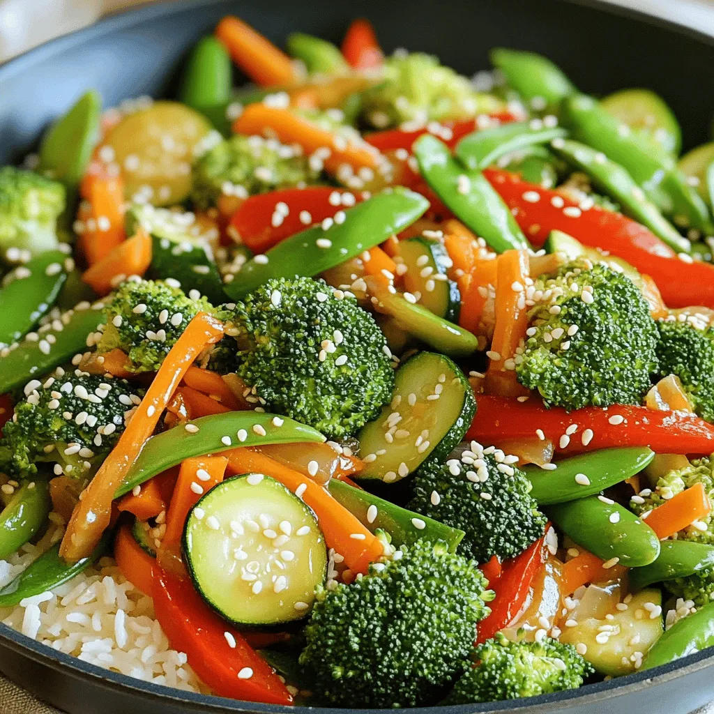 For a vibrant veggie stir fry, use fresh vegetables for the best taste. Here’s what you need: - 1 cup broccoli florets - 1 red bell pepper, thinly sliced - 1 cup snap peas - 1 medium carrot, julienned - 1 zucchini, sliced These colorful veggies add crunch and flavor. You can mix and match based on what you like. Seasonings bring out all the yummy flavors in your stir fry. Here are the essentials: - 3 cloves garlic, minced - 1-inch piece ginger, grated - 2 tablespoons soy sauce - 1 tablespoon sesame oil - 1 tablespoon olive oil - Salt and pepper to taste These seasonings create a nice balance of taste. They enhance the vegetables and make them shine. Garnishes make your dish look good and taste even better. Consider these options: - 1 teaspoon sesame seeds (for garnish) - Fresh herbs, like cilantro or green onions These little touches add flair and extra flavor. You can adjust them to fit your taste or what you have at home. For a complete guide, check the Full Recipe. Start by washing all your veggies well. I like to chop them into even pieces. This helps them cook nicely. For the broccoli, cut it into small florets. Thinly slice the red bell pepper. Julienning the carrot gives it a nice look. For the zucchini, slice it into half-moons. Don't forget the snap peas; just trim the ends off. Mince the garlic and grate the ginger. Having everything ready makes cooking easier. Heat olive oil in your skillet or wok over medium-high heat. Once it’s hot, add the garlic and ginger. Sauté for about 30 seconds until you smell their wonderful aroma. Next, toss in the broccoli and carrots. Stir-fry them for 3-4 minutes until they soften a bit. Now, add the bell pepper, zucchini, and snap peas. Continue to stir-fry for another 3-5 minutes. You want them to be crisp-tender. Now, pour in the soy sauce and sesame oil. Toss everything well to coat. Cook for another minute or two. Finally, season it with salt and pepper to your liking. To get the best stir fry, keep the heat high. This helps sear the veggies quickly. Make sure not to overcrowd the pan; it steams them instead of frying. Cut your veggies to similar sizes for even cooking. Always have your sauce ready to go. This way, you can add it at the right time. Lastly, serve your stir fry hot. It tastes best when fresh! Cut your veggies evenly for perfect cooking. Use a sharp knife for smooth cuts. For speed, stack and slice. For example, slice bell peppers into thin strips. Julienne carrots for quick cooking. Cut broccoli into small florets. This helps them cook at the same rate. High heat is key to a great stir fry. Heat your pan well before adding oil. This keeps your veggies crisp. Stir them quickly to cook evenly. Don't overcrowd the pan. If you add too many veggies, they will steam, not fry. Prepping ahead saves time on busy nights. Chop your veggies the day before. Store them in the fridge. You can also use frozen veggies for a quick meal. They cook fast and taste great. With these tips, your Easy Veggie Stir Fry will be ready in no time! Check the Full Recipe for more details. {{image_2}} You can easily add protein to your stir fry. Tofu is a great choice. Use firm or extra-firm tofu for the best texture. Cut it into cubes and sauté it until golden brown. Chicken is another easy option. Use thin strips to cook it quickly. Add the chicken after the garlic and ginger. Cook it until it’s no longer pink. Shrimp cooks fast and adds a nice flavor. Toss in peeled and deveined shrimp after the veggies start to soften. Cook until they turn pink and opaque. Feel free to switch up the veggies. Bell peppers, carrots, and snap peas are great, but you can use others too. Try mushrooms for a rich taste or bok choy for a nice crunch. You can also change the flavor profile. Add a splash of lime juice for zing. Use chili paste for heat. A sprinkle of fresh herbs like cilantro can brighten the dish. To keep it gluten-free, use tamari instead of soy sauce. Tamari has the same taste but is safe for those avoiding gluten. For a vegan twist, ensure any added protein is plant-based. Tofu works well here. You can skip the sesame oil if you prefer a lighter taste. Explore these variations to make your veggie stir fry unique. Check out the Full Recipe for more ideas on how to prepare this tasty dish! After you finish your veggie stir fry, let it cool down. This step helps keep your food safe. Place the stir fry in a shallow container. Spread it out to cool faster. Once cool, cover it tightly. Store it in the fridge for up to three days. To reheat your stir fry, use a skillet or microwave. If using a skillet, add a splash of water. Heat it over medium heat, stirring often. This keeps the veggies from drying out. If using the microwave, place it in a safe dish. Cover it loosely and heat in 30-second bursts. Stir between intervals to ensure even heating. You can freeze your veggie stir fry for later use. Allow it to cool completely before freezing. Use an airtight container or freezer bag. Remove as much air as possible to prevent freezer burn. It can stay frozen for up to three months. When ready to eat, thaw it in the fridge overnight. Reheat it using the methods above. For the full recipe, check out the Vibrant Veggie Stir Fry . You can use other sauces for flavor. Try hoisin sauce or teriyaki sauce. You can also mix equal parts of vinegar and water for a tangy taste. Add garlic and ginger to boost flavor. For a creamy touch, use peanut sauce. Each will give your stir fry a unique taste. To make your stir fry saucy, add more liquid. Use vegetable broth or stock for depth. Mixing cornstarch with cold water creates a thick sauce. Add this mix during cooking. You can also try adding canned tomatoes for a rich flavor. Adjust the amount based on your taste. Yes, you can prep veggies ahead of time. Wash and chop them a day before and store in the fridge. Use airtight containers to keep them fresh. This saves time when you cook. Just remember, some veggies may lose crunch after a day. Use fresh ones for the best taste. - 1 cup broccoli florets - 1 red bell pepper, thinly sliced - 1 cup snap peas - 1 medium carrot, julienned - 1 zucchini, sliced - 3 cloves garlic, minced - 1-inch piece ginger, grated - 2 tablespoons soy sauce - 1 tablespoon sesame oil - 1 tablespoon olive oil - 1 teaspoon sesame seeds (for garnish) - Salt and pepper to taste You can find the full recipe for this colorful dish [here](#). It’s quick and easy! Each serving offers a healthy balance of nutrients. - Calories: Approximately 150 - Protein: 4g - Carbohydrates: 10g - Fat: 10g - Fiber: 3g This veggie stir fry is great for a quick meal. The mix of colors and flavors makes it fun to eat. Plus, it’s packed with vitamins! Enjoy this dish any night of the week. In this post, I've shared how to make a tasty veggie stir fry. We covered fresh vegetables, key seasonings, and even optional garnishes. I explained the steps for cooking and offered tips for the best results. You can mix in proteins, try different veggies, and adapt for special diets. Plus, I shared how to store and reheat leftovers. Now you can enjoy a quick, healthy dish anytime. Happy cooking!