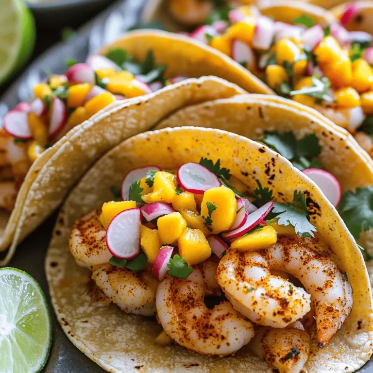 To make spicy shrimp tacos with mango salsa, gather these ingredients: - 1 pound shrimp, peeled and deveined - 2 tablespoons olive oil - 2 teaspoons chili powder - 1 teaspoon cumin - 1/2 teaspoon garlic powder - 1/2 teaspoon paprika - Salt and pepper to taste - 8 small corn tortillas - 1 ripe mango, diced - 1/2 red onion, finely chopped - 1 jalapeño, minced - 1/4 cup cilantro, chopped - 2 tablespoons lime juice - Sliced radishes and lime wedges for garnish Using fresh ingredients is key to great flavor. Choose ripe mangoes, as they add sweetness. Fresh shrimp gives the best taste and texture. Look for shrimp that smells like the ocean, not fishy. Fresh cilantro brightens the dish. It adds a nice herbal note. Use fresh lime juice instead of bottled for a zesty kick. You may already have some pantry staples needed for this recipe. Olive oil is great for cooking shrimp. Chili powder and cumin are crucial for spice. Garlic powder and paprika give depth. Make sure to have salt and pepper on hand to season. These basics enhance the overall taste of your tacos. For a twist, consider adding some extra spices you enjoy. For the full recipe, check out the details above. To start, gather your ingredients. You need one pound of shrimp, olive oil, and spices. The spices are chili powder, cumin, garlic powder, and paprika. I like to add salt and pepper to taste. In a bowl, mix the shrimp with two tablespoons of olive oil. Add two teaspoons of chili powder, one teaspoon of cumin, half a teaspoon of garlic powder, and half a teaspoon of paprika. Make sure each shrimp gets coated with the spices. Now, heat a skillet over medium-high heat. Once it's hot, add the seasoned shrimp. Cook for two to three minutes on each side. The shrimp will turn pink when they are done. Remove the shrimp from heat and set them aside. While the shrimp cooks, let’s make the mango salsa. You will need one ripe mango, half a red onion, one jalapeño, cilantro, and lime juice. Start by dicing the mango. Then, finely chop half a red onion and mince one jalapeño. In a bowl, combine the diced mango, red onion, jalapeño, and a quarter cup of chopped cilantro. Add two tablespoons of lime juice to the mix. Stir gently to combine everything. Season with a pinch of salt for flavor. Next, warm the corn tortillas. Use a dry skillet and heat each tortilla for about 30 seconds on each side. This makes them soft and pliable. Now it’s time to assemble the tacos! Place a few shrimp on each tortilla. Top with a generous spoonful of mango salsa. For an extra touch, garnish with sliced radishes and lime wedges. For the full recipe, you can refer to the section above. Enjoy your delicious spicy shrimp tacos with mango salsa! To cook shrimp just right, start with fresh shrimp. They should be pink and firm. I like to marinate them for at least 15 minutes. This lets the flavors blend well. Heat your skillet to medium-high. Cook the shrimp for 2-3 minutes on each side. They are done when they turn pink and opaque. Overcooking makes shrimp rubbery. So, watch closely! You can adjust the spice level to fit your taste. For mild shrimp, skip the jalapeño in the salsa. If you want more heat, add extra chili powder or fresh chopped peppers. I often use a pinch of cayenne for a spicy kick. Taste your mix before cooking. This helps you find the right balance. Remember, it’s all about what you enjoy! Warm and soft tortillas make your tacos shine. Use corn tortillas for the best flavor. Heat a skillet on medium. Cook each tortilla for about 30 seconds on each side. This warms them up and makes them pliable. If you like, wrap them in a clean kitchen towel to keep them warm. This step helps avoid cracks when you fill them. For the full recipe, check out the detailed steps above! {{image_2}} You can switch up shrimp for other proteins. Chicken is a great choice. It cooks well and takes on flavors nicely. Fish like tilapia or cod works too. Just season them the same way. If you want a plant-based option, try using tofu. Firm tofu soaks up the spices well. Mango salsa shines, but you can explore more. Pineapple salsa adds a sweet twist. Mix diced pineapple, red onion, and cilantro for a bright blend. A classic tomato salsa works too. Use fresh tomatoes, onion, and lime juice. If you like heat, try a spicy peach salsa. It pairs well and adds a kick. Toppings can enhance your tacos. Try adding shredded cabbage for crunch. It gives a refreshing bite. You can also use avocado slices for creaminess. A drizzle of crema or sour cream adds richness. Don’t forget lime wedges for extra zing. Fresh herbs like cilantro or parsley brighten each bite. For crunch, sprinkle some crushed tortilla chips on top. For more ideas, check out the Full Recipe. You can store leftover shrimp in an airtight container. Make sure it is cool before sealing. Place it in the fridge. Use the shrimp within two days for best taste. If you want to keep it longer, freeze the shrimp. Wrap it tightly in plastic wrap and then in foil. This method helps to keep it fresh for up to three months. To keep your mango salsa fresh, store it in a sealed container. Place it in the fridge right after making it. Use it within three days for the best flavor. If you want to keep it longer, avoid adding lime juice until you are ready to use it. This helps to prevent browning and keeps the salsa vibrant. To reheat your tacos, use a skillet or oven. Place the tacos in a dry skillet over medium heat. Heat for about one minute on each side. If using an oven, wrap them in foil and heat at 350°F for about 10 minutes. This keeps the tortillas soft and the shrimp warm. Avoid using a microwave, as it can make the tortillas soggy. The best shrimp for these tacos is large, fresh shrimp. Look for shrimp labeled "jumbo" or "extra-large." These sizes hold up well during cooking and pack great flavor. You can use raw, peeled, and deveined shrimp for easy prep. If you choose frozen shrimp, make sure to thaw them completely before cooking. This ensures even cooking and the best taste. Yes, you can prepare some parts ahead. You can cook the shrimp and make the mango salsa a few hours in advance. Store them separately in the fridge. Just warm the tortillas before serving. This way, your tacos stay fresh and tasty. Avoid assembling the tacos too early, as the tortillas may get soggy. To make these tacos gluten-free, use corn tortillas. They are naturally gluten-free and perfect for any filling. Always check labels for any added ingredients that may contain gluten. When seasoning the shrimp, use gluten-free spices and sauces. This keeps your tacos safe for anyone with gluten sensitivities. Many side dishes go well with shrimp tacos. Consider serving a fresh salad or black beans for added protein. Cilantro lime rice is also a nice touch. For a crunchy side, try tortilla chips with guacamole or salsa. These sides balance the flavors in the tacos and make your meal complete. This blog post covered everything you need for shrimp tacos. We talked about fresh ingredients, making mango salsa, and preparing shrimp. I shared tips for cooking shrimp just right and customizing spice levels. You can also explore variations with different proteins and salsas. Use leftover shrimp wisely with proper storage tips. No matter how you serve these tacos, they will impress. Enjoy the flavors, and don’t hesitate to get creative! Your perfect shrimp taco adventure starts now.