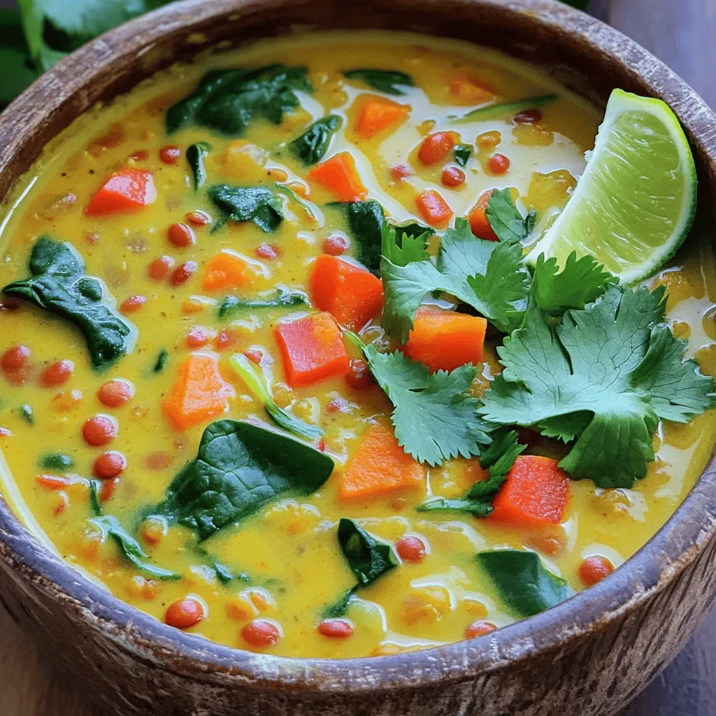 To make Coconut Curry Lentil Soup, you will need these key ingredients: - 1 cup red lentils, rinsed - 1 can (13.5 oz) coconut milk - 1 tablespoon coconut oil - 1 medium onion, diced - 3 cloves garlic, minced - 1 tablespoon fresh ginger, grated - 1 tablespoon curry powder - 1 teaspoon turmeric powder - 1 teaspoon cumin - 4 cups vegetable broth - 1 medium carrot, diced - 1 red bell pepper, diced - 1 cup spinach, fresh - Salt and pepper to taste - Fresh cilantro, for garnish - Lime wedges, for serving These ingredients come together to create a rich and creamy soup. The red lentils provide protein and fiber, while coconut milk adds smoothness. You can enhance the soup with some optional ingredients: - 1 tablespoon soy sauce or tamari for depth - 1 teaspoon chili flakes for heat - 1 tablespoon lime juice for brightness - A handful of mushrooms for earthy flavor These optional ingredients can help personalize your soup. Feel free to mix and match based on your taste. Here's a look at the nutrition in some key ingredients: - Red lentils: High in protein and fiber, they are great for heart health. - Coconut milk: Adds healthy fats and a rich flavor, but watch the calories. - Spinach: Packed with vitamins A, C, and K, it boosts your immune system. Knowing what each ingredient offers helps you eat well. This soup is not only tasty but also healthy. For the full recipe, check out the recipe section above. To make Coconut Curry Lentil Soup, start by gathering all your ingredients. You will need red lentils, coconut milk, coconut oil, onion, garlic, ginger, curry powder, turmeric powder, cumin, vegetable broth, carrot, bell pepper, spinach, salt, pepper, cilantro, and lime. 1. In a large pot, heat the coconut oil over medium heat. 2. Add the diced onion and sauté for 3-4 minutes. Wait until it becomes soft and clear. 3. Next, stir in the minced garlic and grated ginger. Cook for 1-2 minutes until you smell their aroma. 4. Now, sprinkle in the curry powder, turmeric, and cumin. Let the spices cook for another minute. This helps to bring out their flavor. 5. Pour in the vegetable broth. Add the rinsed lentils, diced carrot, and bell pepper next. 6. Bring the mix to a boil. Then, lower the heat and let it simmer. Leave it uncovered for about 20-25 minutes. The lentils and veggies should be soft when done. 7. Once cooked, stir in the coconut milk and fresh spinach. Heat everything for about 5 minutes. 8. Taste and season with salt and pepper as needed. 9. Serve it hot. Garnish with fresh cilantro and lime wedges for an extra kick. For the best texture, rinse the lentils before cooking. This removes any dust and helps them cook evenly. If you want a creamier soup, blend part of it after cooking. Just scoop some into a blender, blend until smooth, and mix it back in. This makes the soup thick and rich without losing the chunky bits. You can also make this soup in a slow cooker or Instant Pot. For a slow cooker, sauté the onion, garlic, and ginger first. Then add all the other ingredients and set it on low for 6-8 hours. If using an Instant Pot, follow the same steps but cook on high pressure for about 10 minutes. Release the pressure naturally for the best results. Each method brings its own unique flavor and texture to the soup. To make your Coconut Curry Lentil Soup even tastier, focus on layers of flavor. Start with fresh spices. Use whole spices like cumin seeds for a rich taste. Toast them in the coconut oil before adding the onion. This step brings out their oils and fragrance. For texture, try adding a splash of lime juice at the end. It brightens the soup and balances the creaminess of coconut milk. You can also toss in some diced sweet potatoes for a heartier feel. One common mistake is overcooking the lentils. They should be tender but not mushy. Check them often as they cook. Another pitfall is skipping the sauté step. Sautéing the onion, garlic, and ginger builds a solid base for flavor. Make sure to stir the spices well to avoid burning them. Lastly, don’t forget to season your soup. A pinch of salt and pepper can elevate the dish, so taste as you go. For a complete meal, serve your soup with warm naan or crusty bread. This adds a nice touch and soaks up the soup. You can also pair it with a fresh salad for a balance of flavors. Top your soup with fresh cilantro and a wedge of lime for a burst of color and zest. If you want to add protein, consider serving it with grilled chicken or shrimp. For the full recipe, check out the complete guide. {{image_2}} This soup is already vegan and vegetarian. You can enjoy it as is. If you want to make it creamier, add more coconut milk. For a protein boost, toss in some tofu or chickpeas. These options make the dish heartier without losing its charm. You can easily swap ingredients to fit your needs. If you need gluten-free options, ensure your vegetable broth is certified gluten-free. For a lower-carb version, replace lentils with cauliflower rice. You can also use almond milk instead of coconut milk if you want a lighter taste. Coconut Curry Lentil Soup is a canvas for flavor. Add some diced tomatoes for a tangy kick. Want more heat? Toss in chili peppers or red pepper flakes. You can also mix in fresh herbs like basil or mint to give it a fresh twist. Each change brings a new vibe to the soup. After you enjoy your Coconut Curry Lentil Soup, let it cool. Use airtight containers to keep the soup fresh. This method will help avoid spills and keep out air. Store the soup in the fridge for up to four days. Label your containers with the date to remember when you made it. If you want to save your soup for later, freezing is a great option. Use freezer-safe bags or containers. Leave some space at the top. This space allows the soup to expand when it freezes. You can freeze it for up to three months. When you are ready to eat it, just pull it out and let it thaw in the fridge overnight. To reheat, pour your soup into a pot over low heat. Stir it often so it heats evenly. If the soup is too thick, add a splash of vegetable broth or water. You can also use the microwave. Heat it in a bowl, stirring every minute until hot. Enjoy your soup just as delicious as when you first made it! Rinse the lentils well under cold water. This helps remove any dirt or debris. Use red lentils for this recipe. They cook quickly and become soft. You don’t need to soak them first. Just rinse and add them directly to the pot! Yes, you can make this soup ahead of time. It tastes even better the next day! Store it in an airtight container in the fridge. It will last for about three to four days. Reheat it on the stove or in the microwave. You may want to add a splash of broth if it thickens. This soup pairs well with several sides. Try serving it with warm naan or rice. A simple green salad can also balance the meal. For a crunchy bite, add some toasted pita chips. Fresh lime wedges on the side add a nice zing! Absolutely! This soup freezes well. Let it cool completely before packing it. Use freezer-safe containers or bags. It can be frozen for up to three months. When ready to eat, thaw it overnight in the fridge and reheat. To control the spice, start with less curry powder. You can always add more later. If you want more heat, try adding a pinch of cayenne pepper. For milder flavors, skip the cumin. Adjust the seasonings to suit your taste! Toppings can enhance the soup's flavors. Fresh cilantro adds a bright touch. Sliced green onions bring crunch. A dollop of yogurt or sour cream can add creaminess. Lime wedges are also great for squeezing on top. While red lentils are best, you can use green or brown lentils. They will take longer to cook and may not break down as much. Adjust the cooking time accordingly. You may need to add more broth to keep a good soup consistency. Yes! This soup is perfect for meal prep. It’s filling and nutritious. Make a big batch and portion it out for the week. It will save you time on busy days. Enjoy it for lunch or dinner! You can find the complete recipe and detailed instructions for Coconut Curry Lentil Soup [Full Recipe]. Enjoy cooking this hearty and flavorful dish! This blog post covered a tasty Coconut Curry Lentil Soup. We looked at key ingredients, cooking steps, and helpful tips to make it perfect. I shared variations for different diets and how to store leftovers safely. Enjoy this soup warm and fresh, or as leftovers. You can adapt it to fit your taste or dietary needs. With simple steps and easy swaps, you can craft a dish you love. Now, it's time to enjoy your cooking adventure!