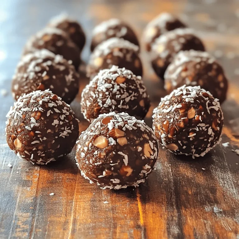 To make Chocolate Hazelnut Energy Balls, gather these ingredients: - 1 cup rolled oats - 1/2 cup hazelnuts, toasted and roughly chopped - 1/2 cup almond butter - 1/3 cup maple syrup - 1/4 cup cocoa powder - 1 teaspoon vanilla extract - 1/4 teaspoon sea salt - 1/4 cup chocolate chips (dark or dairy-free) - Optional: 1/4 cup shredded coconut for rolling Each energy ball has about 100 calories. Here’s a rough breakdown: - Carbohydrates: 12g - Protein: 3g - Fat: 5g - Fiber: 2g These numbers can vary based on your specific brands and any substitutions you make. - Rolled oats: Great for energy, oats keep you full longer. They help lower cholesterol too. - Hazelnuts: Packed with healthy fats, they support heart health. They also add crunch and flavor. - Almond butter: A good source of protein and healthy fats, it helps build and repair muscles. - Maple syrup: This natural sweetener offers antioxidants and can boost your energy. - Cocoa powder: Rich in antioxidants, cocoa can improve mood and heart health. - Vanilla extract: It adds flavor and may help reduce stress. - Sea salt: A little salt can enhance flavors and maintain your body's fluid balance. - Chocolate chips: They add sweetness and can improve heart health in moderation. - Shredded coconut: This adds fiber and healthy fats, plus a tropical taste. These ingredients not only taste good but also offer health benefits. For the full recipe, check out the directions to make these delicious snacks! Start by gathering your dry ingredients. In a large bowl, mix the rolled oats, chopped hazelnuts, cocoa powder, and sea salt. Stir well to combine everything evenly. This step is key to a balanced taste in your energy balls. Make sure no lumps remain in the dry mix. In a separate bowl, whisk the almond butter, maple syrup, and vanilla extract together. Mixing these ingredients until smooth is important. They’ll add sweetness and richness to the energy balls. A smooth consistency ensures even blending with the dry mix later. Now, pour the wet ingredients into the dry mix. Stir them together until fully combined. The mixture should feel thick and dough-like. Next, fold in the chocolate chips, ensuring they spread throughout the dough. With clean hands, scoop about one tablespoon of the mixture and roll it into a ball. If you like, you can roll the balls in shredded coconut for an extra touch. Place the energy balls on a parchment-lined baking sheet. Chill them in the refrigerator for about 30 minutes. This step helps them firm up nicely. After chilling, transfer the balls to an airtight container. Store them in the fridge for up to a week or freeze them for longer freshness. Enjoy these snacks anytime you need a quick energy boost! You can find the full recipe at the beginning of this article. To get the best texture, mix your dry and wet ingredients well. The dough should be thick and a bit sticky. If it's too dry, add a little more almond butter. If it's too wet, add more oats. Rolling them into balls helps set the texture, too. The chill time in the fridge makes them firmer and easier to eat. You can easily swap ingredients to match your needs. If you have nut allergies, try sunflower seed butter instead of almond butter. For a vegan option, use maple syrup and dairy-free chocolate chips. If oats are a concern, you can use quinoa flakes or crushed rice cereal. Feel free to experiment to find what works for you! You can serve these energy balls in many fun ways. Try stacking them on a plate with fresh fruit. You can also pack them in lunch boxes for snacks on the go. For a party, place them in a decorative bowl. These energy balls make a great treat for kids and adults alike. For the full recipe, check back to see how you can make these delightful snacks! {{image_2}} You can swap almond butter for other nut butters. Peanut butter gives a classic taste. Cashew butter adds a creamy texture. Sunflower seed butter is great for nut-free diets. Each choice changes the flavor but keeps it tasty. Make your energy balls unique by adding spices or extracts. A pinch of cinnamon adds warmth. You can try a drop of almond extract for a nutty kick. Adding a bit of sea salt boosts the sweet taste. These small tweaks can transform your snack. Coating your energy balls can add fun textures. Roll them in chopped nuts for crunch. Seeds like sesame or chia bring a nice pop. Shredded coconut adds a tropical feel. Each coating changes the look and taste of your balls. Try a mix for a colorful treat! After making your Chocolate Hazelnut Energy Balls, you should refrigerate them. Place each ball in an airtight container. This helps keep them fresh and tasty. Make sure to separate layers with parchment paper to avoid sticking. These energy balls can last up to a week in the fridge. If you want to keep your energy balls for a longer time, freezing is a great option. First, let them cool in the fridge for about 30 minutes. Then, lay them on a baking sheet. Freeze them until solid, usually about an hour. After that, move them to a freezer-safe bag. They can stay fresh for up to three months in the freezer. Pay attention to the smell and texture when you take them out. If they smell off or feel mushy, it’s best to toss them out. Always check for signs of freezer burn if frozen for a long time. These tips will help ensure you enjoy every bite of your Chocolate Hazelnut Energy Balls. These energy balls can last up to a week in the fridge. Store them in an airtight container. They stay fresh and tasty. If you freeze them, they can last for three months. Just thaw them when you want a snack. Yes, you can use other sweeteners. Honey or agave syrup works well too. Just remember that different sweeteners may change the taste a bit. Adjust the amount based on how sweet you want it. Absolutely! These energy balls are great for meal prep. You can make a big batch ahead of time. Just store them in the fridge or freezer. Grab one whenever you need a quick snack. To make these energy balls vegan, use maple syrup as your sweetener. Choose dairy-free chocolate chips. Also, ensure your almond butter has no added dairy. This way, you keep all the flavors while making them vegan-friendly. Yes, you can skip the chocolate chips. If you want to add something different, try dried fruit or nuts. This gives a nice twist to the flavor while keeping the energy balls delicious. Check the [Full Recipe] for more details. You learned about making tasty Chocolate Hazelnut Energy Balls. We explored ingredients, their nutrition, and health perks. I shared easy steps to prepare your snacks with tips for the best texture. You can customize flavors and store them well for later use. These energy balls are simple, fun, and flexible. They fit many diets and preferences. Enjoy making them your way, and keep them fresh for your next snack!