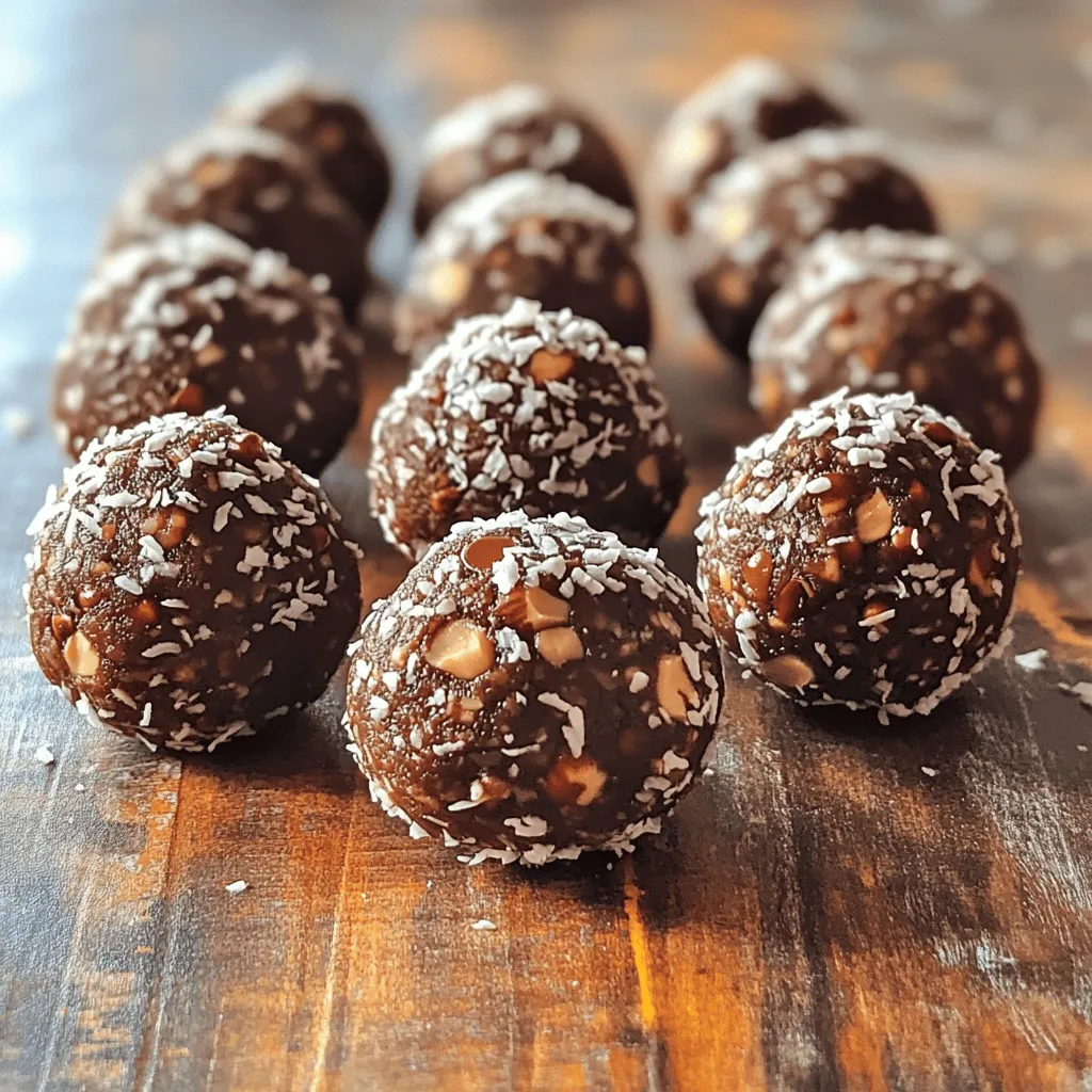 To make Chocolate Hazelnut Energy Balls, gather these ingredients: - 1 cup rolled oats - 1/2 cup hazelnuts, toasted and roughly chopped - 1/2 cup almond butter - 1/3 cup maple syrup - 1/4 cup cocoa powder - 1 teaspoon vanilla extract - 1/4 teaspoon sea salt - 1/4 cup chocolate chips (dark or dairy-free) - Optional: 1/4 cup shredded coconut for rolling Each energy ball has about 100 calories. Here’s a rough breakdown: - Carbohydrates: 12g - Protein: 3g - Fat: 5g - Fiber: 2g These numbers can vary based on your specific brands and any substitutions you make. - Rolled oats: Great for energy, oats keep you full longer. They help lower cholesterol too. - Hazelnuts: Packed with healthy fats, they support heart health. They also add crunch and flavor. - Almond butter: A good source of protein and healthy fats, it helps build and repair muscles. - Maple syrup: This natural sweetener offers antioxidants and can boost your energy. - Cocoa powder: Rich in antioxidants, cocoa can improve mood and heart health. - Vanilla extract: It adds flavor and may help reduce stress. - Sea salt: A little salt can enhance flavors and maintain your body's fluid balance. - Chocolate chips: They add sweetness and can improve heart health in moderation. - Shredded coconut: This adds fiber and healthy fats, plus a tropical taste. These ingredients not only taste good but also offer health benefits. For the full recipe, check out the directions to make these delicious snacks! Start by gathering your dry ingredients. In a large bowl, mix the rolled oats, chopped hazelnuts, cocoa powder, and sea salt. Stir well to combine everything evenly. This step is key to a balanced taste in your energy balls. Make sure no lumps remain in the dry mix. In a separate bowl, whisk the almond butter, maple syrup, and vanilla extract together. Mixing these ingredients until smooth is important. They’ll add sweetness and richness to the energy balls. A smooth consistency ensures even blending with the dry mix later. Now, pour the wet ingredients into the dry mix. Stir them together until fully combined. The mixture should feel thick and dough-like. Next, fold in the chocolate chips, ensuring they spread throughout the dough. With clean hands, scoop about one tablespoon of the mixture and roll it into a ball. If you like, you can roll the balls in shredded coconut for an extra touch. Place the energy balls on a parchment-lined baking sheet. Chill them in the refrigerator for about 30 minutes. This step helps them firm up nicely. After chilling, transfer the balls to an airtight container. Store them in the fridge for up to a week or freeze them for longer freshness. Enjoy these snacks anytime you need a quick energy boost! You can find the full recipe at the beginning of this article. To get the best texture, mix your dry and wet ingredients well. The dough should be thick and a bit sticky. If it's too dry, add a little more almond butter. If it's too wet, add more oats. Rolling them into balls helps set the texture, too. The chill time in the fridge makes them firmer and easier to eat. You can easily swap ingredients to match your needs. If you have nut allergies, try sunflower seed butter instead of almond butter. For a vegan option, use maple syrup and dairy-free chocolate chips. If oats are a concern, you can use quinoa flakes or crushed rice cereal. Feel free to experiment to find what works for you! You can serve these energy balls in many fun ways. Try stacking them on a plate with fresh fruit. You can also pack them in lunch boxes for snacks on the go. For a party, place them in a decorative bowl. These energy balls make a great treat for kids and adults alike. For the full recipe, check back to see how you can make these delightful snacks! {{image_2}} You can swap almond butter for other nut butters. Peanut butter gives a classic taste. Cashew butter adds a creamy texture. Sunflower seed butter is great for nut-free diets. Each choice changes the flavor but keeps it tasty. Make your energy balls unique by adding spices or extracts. A pinch of cinnamon adds warmth. You can try a drop of almond extract for a nutty kick. Adding a bit of sea salt boosts the sweet taste. These small tweaks can transform your snack. Coating your energy balls can add fun textures. Roll them in chopped nuts for crunch. Seeds like sesame or chia bring a nice pop. Shredded coconut adds a tropical feel. Each coating changes the look and taste of your balls. Try a mix for a colorful treat! After making your Chocolate Hazelnut Energy Balls, you should refrigerate them. Place each ball in an airtight container. This helps keep them fresh and tasty. Make sure to separate layers with parchment paper to avoid sticking. These energy balls can last up to a week in the fridge. If you want to keep your energy balls for a longer time, freezing is a great option. First, let them cool in the fridge for about 30 minutes. Then, lay them on a baking sheet. Freeze them until solid, usually about an hour. After that, move them to a freezer-safe bag. They can stay fresh for up to three months in the freezer. Pay attention to the smell and texture when you take them out. If they smell off or feel mushy, it’s best to toss them out. Always check for signs of freezer burn if frozen for a long time. These tips will help ensure you enjoy every bite of your Chocolate Hazelnut Energy Balls. These energy balls can last up to a week in the fridge. Store them in an airtight container. They stay fresh and tasty. If you freeze them, they can last for three months. Just thaw them when you want a snack. Yes, you can use other sweeteners. Honey or agave syrup works well too. Just remember that different sweeteners may change the taste a bit. Adjust the amount based on how sweet you want it. Absolutely! These energy balls are great for meal prep. You can make a big batch ahead of time. Just store them in the fridge or freezer. Grab one whenever you need a quick snack. To make these energy balls vegan, use maple syrup as your sweetener. Choose dairy-free chocolate chips. Also, ensure your almond butter has no added dairy. This way, you keep all the flavors while making them vegan-friendly. Yes, you can skip the chocolate chips. If you want to add something different, try dried fruit or nuts. This gives a nice twist to the flavor while keeping the energy balls delicious. Check the [Full Recipe] for more details. You learned about making tasty Chocolate Hazelnut Energy Balls. We explored ingredients, their nutrition, and health perks. I shared easy steps to prepare your snacks with tips for the best texture. You can customize flavors and store them well for later use. These energy balls are simple, fun, and flexible. They fit many diets and preferences. Enjoy making them your way, and keep them fresh for your next snack!
