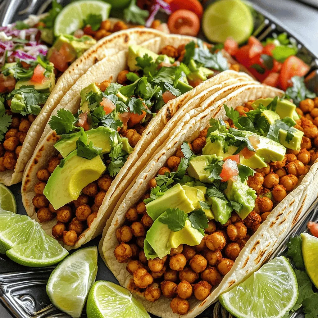 - 1 can (15 oz) chickpeas - 2 tablespoons olive oil - 1 teaspoon smoked paprika - 1 teaspoon ground cumin - 1/2 teaspoon cayenne pepper - 1/2 teaspoon garlic powder - Salt and pepper to taste - 1 medium onion - 1 bell pepper - 1 teaspoon lime juice - 8 small corn or flour tortillas - Fresh cilantro, avocado slices For this spicy chickpea tacos recipe, you need simple yet tasty ingredients. Chickpeas are the star here. They bring protein and fiber to your meal. Olive oil adds richness. Smoked paprika and cumin give a warm, smoky flavor. If you like heat, cayenne pepper kicks it up a notch. Garlic powder adds depth, while salt and pepper balance everything out. Don't forget the veggies! A medium onion and a bell pepper add crunch and freshness. Lime juice adds a zesty touch. For the perfect taco, use small corn or flour tortillas. They hold everything together nicely. Top with fresh cilantro and avocado for extra taste and creaminess. You can check out the full recipe for all the details on how to prepare these delicious tacos! 1. Start by mixing the chickpeas in a bowl. 2. Add olive oil, smoked paprika, cumin, cayenne, garlic powder, salt, and pepper. 3. Toss them well until every chickpea is coated. 4. Heat a large skillet over medium heat. 5. Add the seasoned chickpeas and cook for 5-7 minutes. 6. Stir occasionally until they become crispy. 1. Next, add diced onion and bell pepper to the skillet. 2. Sauté the mixture for about 5 minutes. 3. Cook until the vegetables are soft and fragrant. 1. Warm your tortillas in a dry skillet or microwave. 2. Take each tortilla and fill it with the spicy chickpea mixture. 3. Top with fresh avocado slices and chopped cilantro. 4. Add salsa or hot sauce if you like more heat. 5. Serve the tacos right away for the best taste. For a detailed look at the recipe, check out the Full Recipe. - Adjusting spice levels for personal taste: Start with less cayenne pepper. You can always add more. Mix in some lime juice for extra zest and balance. - Ensuring even cooking of chickpeas: Make sure to stir your chickpeas often. This helps them cook evenly and get a nice crisp. - Serving suggestions for an appealing presentation: Use a large platter. Arrange the tacos neatly for a beautiful display. - Using colorful toppings: Add diced tomatoes, shredded cabbage, or bright radishes. This adds color and makes your meal fun to eat. - Prepping ingredients ahead of time: Chop veggies and measure spices before cooking. This keeps things quick and easy. - Quick heating methods for tortillas: Use a microwave or a dry skillet. Both methods warm tortillas fast, so you can serve your tacos right away. For the full recipe, check out the Spicy Chickpea Tacos section. {{image_2}} You can mix things up with different beans or legumes. Try black beans or lentils. They both work well and add a unique taste. If you want a fresh twist, swap tortillas for lettuce wraps. This makes the tacos lighter and adds a crunch. To change the heat, adjust the cayenne pepper. Start with less if you prefer mild tacos. You can also add spicy elements like jalapeños. Slice them thin and mix them in for extra heat. Different salsas can elevate your tacos. A mango salsa adds sweetness, while a tomatillo salsa gives a tangy kick. For side dishes, try a simple corn salad or rice. These pair well and help round out the meal. For the full recipe, check out the cooking instructions you can follow step by step. To store leftover chickpea filling, let it cool first. Place it in an airtight container. This keeps moisture in and prevents drying out. The chickpea filling lasts about 3 to 5 days in the fridge. Just make sure to check for any off smells before using. You can reheat the chickpea mix in a skillet over medium heat. Stir it often to keep it from sticking. You can also use a microwave for quick reheating. Just place it in a bowl and cover with a damp paper towel. This helps keep the filling moist and tasty. To freeze the filling, let it cool completely. Then, place it in a freezer-safe bag. Squeeze out as much air as possible before sealing. You can store it for up to 3 months. When ready to use, thaw it in the fridge overnight. Reheat as mentioned before for delicious tacos again. Enjoy your Spicy Chickpea Tacos anytime! For the full recipe, check the earlier section. It takes about 20 minutes to make Spicy Chickpea Tacos. You need 10 minutes to prep and another 10 minutes to cook. This quick meal is perfect for busy nights. Yes, you can prep these tacos ahead of time. Cook the chickpeas and veggies, then store them in the fridge. Warm them up when you are ready to serve. You can also chop the toppings in advance. One serving has about 300 calories. You’ll get around 10 grams of protein, plus fiber from the chickpeas. The tacos are also rich in vitamins from the veggies. This makes them a healthy choice. Absolutely! The Spicy Chickpea Tacos are vegan-friendly. All the ingredients, like chickpeas and veggies, are plant-based. You can enjoy a delicious meal without any animal products. For the full recipe, check out the main section. In this post, we explored how to make Spicy Chickpea Tacos. We discussed the key ingredients, such as chickpeas and spices. I shared step-by-step instructions for preparing and cooking. You learned tips for presentation and time-saving tricks. Lastly, I covered storage and variations to suit your taste. These tacos are easy, delicious, and perfect for everyone. Enjoy making them your own!