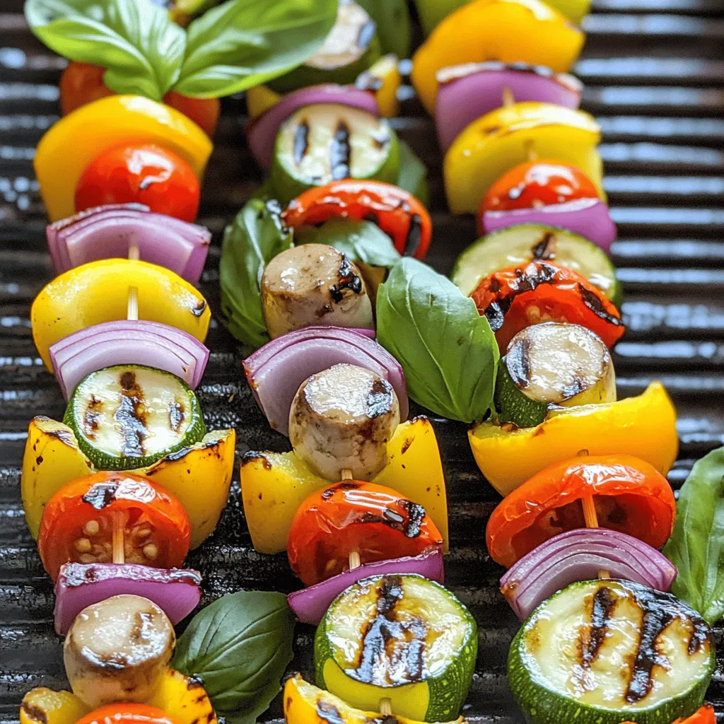 To make grilled vegetable skewers, gather these key ingredients: - 1 zucchini, cut into thick rounds - 1 bell pepper (any color), cut into squares - 1 red onion, cut into wedges - 1 cup cherry tomatoes - 1 cup mushrooms, halved - 2 tablespoons olive oil - 2 teaspoons balsamic vinegar - 1 teaspoon garlic powder - 1 teaspoon dried oregano - Salt and pepper to taste - Fresh basil leaves for garnish These ingredients create a mix of flavors and colors. Each vegetable brings its unique taste. You can easily find these items at your local store. To enhance your skewers, consider adding these optional ingredients: - 1 teaspoon smoked paprika for a smoky taste - 1 tablespoon fresh lemon juice for brightness - Fresh herbs like thyme or rosemary for aroma These extras can really take your dish to the next level. They add depth and make the skewers even more exciting. If you can't find certain ingredients, here are some swaps: - Use yellow squash instead of zucchini. - Try different bell pepper colors for variety. - Replace red onion with white or yellow onion. - Substitute grape tomatoes for cherry tomatoes. These substitutions work well and keep your skewers flavorful. Feel free to get creative with whatever veggies you have on hand. For the full recipe, check the earlier sections. Start by gathering your ingredients. In a large bowl, mix the olive oil, balsamic vinegar, garlic powder, and oregano. Add salt and pepper to taste. Whisk everything well until it blends. This marinade gives the skewers a great flavor. Once your marinade is ready, add the chopped vegetables: zucchini, bell pepper, red onion, cherry tomatoes, and mushrooms. Toss the veggies gently in the marinade. Let them sit for about 15 minutes. This time helps the vegetables soak up all the tasty flavors. Now it's time to grill! First, preheat your grill to medium-high heat. Thread the marinated veggies onto skewers, mixing the colors for a fun look. Place them on the grill and cook for 10 to 12 minutes. Turn them occasionally to get an even char. When done, remove the skewers from the grill and let them cool a bit. Finally, garnish with fresh basil leaves before serving. You can find the Full Recipe in the earlier sections. Enjoy your delicious grilled vegetable skewers! To make perfect grilled skewers, start with even-sized pieces. Cut your vegetables into similar sizes, so they cook evenly. Soak wooden skewers in water for 30 minutes before grilling. This step helps prevent burning. Always preheat your grill to medium-high heat. This step ensures a good sear and keeps the vegetables from sticking. Some vegetables grill better than others. Good choices include: - Zucchini - Bell peppers - Red onions - Cherry tomatoes - Mushrooms These vegetables hold their shape and flavor well. You can mix colors for a beautiful plate. Try using seasonal veggies for fresh tastes. Avoid overcrowding your skewers. When you pack them too tight, air can't flow. This airflow helps cook the veggies evenly. Another mistake is not marinating long enough. Let them soak for at least 15 minutes. This time helps the flavors blend. Lastly, do not skip the turning. Turn the skewers every few minutes for even cooking. Feel free to check out the Full Recipe for more details on making these tasty grilled vegetable skewers! {{image_2}} You can change the flavor with different marinades. Try a lemon-herb mix. Just combine lemon juice, olive oil, and fresh herbs. Another option is a spicy marinade with chili powder and lime juice. A sweet marinade with honey and soy sauce also works well. Each marinade adds its own twist to the skewers. Feel free to get creative! Adding proteins makes these skewers heartier. You can use chicken, shrimp, or tofu. Cut them into bite-sized pieces for even cooking. Marinate the proteins the same way as the veggies. Just remember to adjust the cooking time. Chicken and shrimp need more time than veggies to cook through. Seasonal vegetables make your skewers fresh and tasty. In spring, use asparagus and baby carrots. Summer brings zucchini and bell peppers, perfect for grilling. Fall is great for squash and mushrooms. Winter offers Brussels sprouts and root veggies. Mixing seasonal produce keeps the flavors exciting all year long. Check out the Full Recipe for more ideas! To store leftover skewers, let them cool first. Place them in an airtight container. You can keep them in the fridge for up to three days. To keep them fresh, you can also wrap them tightly in plastic wrap. When you want to enjoy your leftover skewers, reheating is simple. You can use the grill for the best flavor. Heat it to medium and grill the skewers for about five minutes. Alternatively, you can use a microwave. Place the skewers on a plate and heat for 1-2 minutes. Ensure they are warm throughout. Freezing grilled vegetables is easy. First, let them cool completely. Place them in a freezer-safe bag. Remove as much air as possible before sealing. You can freeze them for up to three months. To use, thaw in the fridge overnight and reheat as needed. This way, you can enjoy your grilled garden delight skewers later! Check the Full Recipe for more details. Grill vegetable skewers for about 10 to 12 minutes. Turn them every few minutes. You want them tender and lightly charred. The grill's heat helps bring out their natural sweetness. You can use many veggies for grilled skewers. Here are some great options: - Zucchini - Bell peppers - Red onions - Cherry tomatoes - Mushrooms - Eggplant - Asparagus Feel free to mix and match. Different colors and shapes make your skewers fun and tasty. Yes, you can prepare vegetable skewers ahead of time. Just chop the veggies and marinate them. Keep them in the fridge for up to 24 hours. This saves time when you're ready to grill. Grilled vegetable skewers pair well with many dishes. Here are some ideas: - Quinoa or rice - Grilled meats or fish - A fresh salad - Hummus or tzatziki for dipping You can also serve them as a light meal on their own. Check out the Full Recipe for more details! Grilling vegetable skewers is simple and fun. We covered the ingredients, steps, and tips to make them tasty. Remember to choose fresh veggies and explore different marinades. Avoid common mistakes for better results. You can even try new flavor combos for variety. Lastly, store leftovers properly to enjoy later. With these ideas, your grilling game will impress family and friends. Get started and make your next meal memorable!