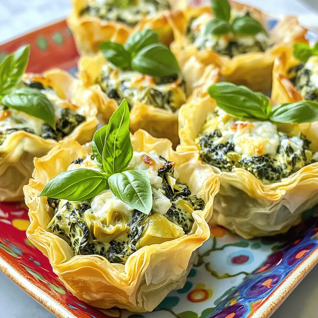 - 1 cup fresh spinach, chopped - 1 cup canned artichoke hearts, drained and chopped - ½ cup cream cheese, softened - ½ cup sour cream - 1 cup shredded mozzarella cheese - ¼ cup grated Parmesan cheese - 1 teaspoon garlic powder - ½ teaspoon salt - ¼ teaspoon black pepper - 1 package of phyllo pastry dough (about 16 sheets) - Olive oil spray or melted butter for brushing - Mixing bowl - Muffin tin - Knife or pizza cutter - Baking sheet I love how simple yet satisfying Spinach Artichoke Dip Bites are. You start with fresh spinach and canned artichoke hearts. These bring a bright flavor and great texture to the dish. The cream cheese and sour cream make the filling rich and creamy. Shredded mozzarella and grated Parmesan add a cheesy goodness that melts in your mouth. For seasoning, garlic powder, salt, and black pepper enhance the flavors. You can’t forget the phyllo pastry dough. It gives the bites a flaky and crispy crust. For brushing, you can use olive oil or melted butter. Both options add a nice golden color and flavor. You’ll need a mixing bowl to mix everything. A muffin tin helps shape the bites perfectly. A knife or pizza cutter is handy for cutting the dough. Finally, a baking sheet will catch any drips while baking. With these ingredients and tools ready, you’re set to make delicious Spinach Artichoke Dip Bites. Check out the Full Recipe for complete instructions! To start, gather your ingredients. Combine the chopped spinach, artichokes, cream cheese, sour cream, mozzarella, and Parmesan cheese in a mixing bowl. Make sure to mix well. You want all the flavors to blend. Next, season the mixture with garlic powder, salt, and black pepper. Stir until everything is evenly mixed. This filling is the heart of your bites. Now, preheat your oven to 375°F (190°C). While it heats, unroll the phyllo dough on a clean surface. Take one sheet of dough and lay it flat. Lightly brush it with olive oil or melted butter. Then, place a second sheet on top and repeat the brushing. This adds flavor and helps the layers stick together. With the dough ready, it's time to cut it. Use a sharp knife or pizza cutter to slice the phyllo into 3-inch squares. You should get about 12 squares from each set of two sheets. Now, gently press each square into a greased mini muffin tin. Let the edges hang over the sides. Once all squares are in the tin, fill each phyllo cup with the spinach-artichoke mixture. Spoon it generously, filling them to the brim. Finally, place the muffin tin in the oven and bake for 15-20 minutes. You want the phyllo to turn crispy and golden brown. Enjoy your delicious bites! For the complete recipe, check the Full Recipe section. Handling phyllo dough can be tricky. Here are some tips to make it easier: - Keep it covered: Always cover the phyllo sheets with a damp towel. This keeps them from drying out. - Use a light touch: When brushing with olive oil or butter, be gentle. You want to keep the layers intact. - Work quickly: Phyllo dough dries fast. Prepare your cups and fill them as soon as possible. For even filling distribution, follow these steps: - Spoon carefully: Use a small spoon to add the filling. This helps you control the amount. - Level it out: Smooth the filling to be even across each cup. This ensures all bites have the same great taste. For a stunning presentation, try these ideas: - Vibrant platter: Arrange the bites on a colorful platter. Add some fresh basil leaves for flair. - Garnish with cheese: A sprinkle of extra Parmesan adds a nice touch. When it comes to dips or sauces, consider these options: - Creamy ranch: This pairs well with the rich flavors of the bites. - Spicy sriracha: For those who like a kick, this adds great heat. To keep your Spinach Artichoke Dip Bites fresh, follow these storage tips: - Airtight container: Place the bites in an airtight container. This keeps them from getting soggy. - Refrigerate: Store them in the fridge for up to three days. For the best taste when reheating: - Oven method: Preheat your oven to 350°F (175°C). Bake for about 10 minutes. This keeps them crispy. - Microwave caution: If using a microwave, heat in short bursts. This may make them soft. Enjoy your delicious bites with these simple tips and tricks! For the full recipe, refer back to the main section. {{image_2}} You can switch up the cheeses to make it your own. Try adding feta for a tangy kick. Goat cheese also works well for a creamy texture. If you want a sharper taste, use cheddar cheese. You can also mix in different vegetables. Swap spinach for kale or Swiss chard. For a crunch, add diced bell peppers or mushrooms. These swaps keep the bites exciting and fresh. If you're gluten-free, use gluten-free phyllo dough. You can also try puff pastry as a substitute. Both options still give you that flaky texture. For a vegan version, replace cream cheese and sour cream with vegan alternatives. Use cashew cream or tofu for a creamy base. Make sure to choose a vegan cheese that melts well. This way, everyone can enjoy the dip bites. These bites shine at parties and gatherings. They are easy to grab and enjoy. Serve them warm on a colorful platter for a great look. For kids, make mini versions using smaller phyllo squares. You can also add fun shapes with cookie cutters. Serve with a side of marinara or ranch for dipping. These adaptations make the bites fun and appealing for all ages. Spinach Artichoke Dip Bites taste best fresh. You can store them in the fridge for about 3 days. Just keep them in an airtight container. The flavors may change a bit over time, but they will still be tasty. For the best experience, reheat them in the oven to restore the crispness. Yes, you can freeze Spinach Artichoke Dip Bites. Wrap them well in plastic wrap or foil. Place them in a freezer-safe bag. They can last up to 2 months in the freezer. To enjoy, thaw them in the fridge overnight. Reheat them in the oven to get that crispy crust back. You can serve many tasty things with Spinach Artichoke Dip Bites. Here are some ideas: - Fresh veggie sticks like carrots and celery - Crunchy pita chips or tortilla chips - A light salad with vinaigrette - Creamy ranch or yogurt dip These pairings create a fun and delicious spread for any gathering! Ingredients: - 1 cup fresh spinach, chopped - 1 cup canned artichoke hearts, drained and chopped - ½ cup cream cheese, softened - ½ cup sour cream - 1 cup shredded mozzarella cheese - ¼ cup grated Parmesan cheese - 1 teaspoon garlic powder - ½ teaspoon salt - ¼ teaspoon black pepper - 1 package of phyllo pastry dough (about 16 sheets) - Olive oil spray or melted butter for brushing Instructions: 1. Prep the Filling: In a bowl, mix the spinach, artichokes, cream cheese, sour cream, mozzarella, Parmesan, garlic powder, salt, and black pepper. Stir well to combine. 2. Prep the Phyllo Dough: Preheat your oven to 375°F (190°C). Unroll the phyllo dough. Place one sheet on a flat surface and brush it lightly with olive oil or melted butter. Add a second sheet on top and brush again. 3. Cut the Dough: Use a knife or pizza cutter to slice the phyllo into 3-inch squares. Each set of two sheets gives you about 12 squares. 4. Form the Cups: Press each square into a greased mini muffin tin, letting the edges hang over. Do this until all squares are used, making about 12 cups. 5. Fill the Cups: Spoon the spinach-artichoke mix into each phyllo cup, filling to the top. 6. Bake: Place the muffin tin in the oven. Bake for 15-20 minutes, until the phyllo is golden and crispy. 7. Cool and Serve: Once baked, take the bites out of the tin. Let them cool slightly before serving. This recipe is simple and fun. You can find the full recipe in the section above. Enjoy your tasty bites! In this article, we explored how to make delicious Spinach Artichoke Dip Bites from scratch. You learned about key ingredients, like fresh spinach and cream cheese, as well as how to handle phyllo dough. We discussed tips for perfect bites and some fun variations. Now, you have the tools and insights to create these tasty treats for any gathering. Get ready to impress your friends and family with your cooking skills! Enjoy the process and the tasty results.