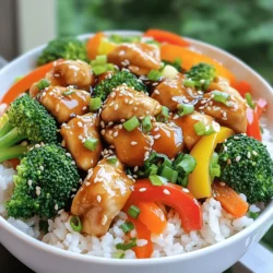 To make tasty Teriyaki Chicken Bowls, you need a few key items. Here’s the list: - 2 boneless, skinless chicken breasts, diced - 1 cup teriyaki sauce (homemade or store-bought) - 2 tablespoons sesame oil - 1 tablespoon fresh ginger, minced - 2 garlic cloves, minced - 1 cup jasmine rice - 2 cups water or chicken broth (for cooking rice) - 1 cup broccoli florets - 1 carrot, julienned - 1 bell pepper (red or yellow), sliced - 2 green onions, chopped - Sesame seeds for garnish These ingredients create a rich flavor that makes every bite enjoyable. You can add more ingredients to boost flavor. Here are some great options: - Pineapple chunks for sweetness - Snap peas for crunch - Red pepper flakes for heat - Chopped cilantro for freshness These extras can make your dish even more exciting and unique. Teriyaki Chicken Bowls offer a balanced meal. They provide protein, fiber, and vitamins. - Protein: Chicken is a great source of lean protein. - Carbohydrates: Jasmine rice gives energy. - Vitamins: Vegetables like broccoli and carrots add essential nutrients. This meal can fit well into a healthy diet. It’s filling and tasty, making it perfect for lunch or dinner. For the complete recipe, check out the Full Recipe. To start, rinse 1 cup of jasmine rice under cold water. This helps remove extra starch. You want the water to run clear. Next, place the rice in a medium saucepan. Add 2 cups of water or chicken broth. Bring this to a boil. Once boiling, reduce the heat to low. Cover the saucepan and let it simmer for 15 minutes. The rice will cook and become fluffy. After 15 minutes, remove it from heat. Keep it covered for another 5 minutes. This resting time makes the rice even better. While the rice cooks, heat 2 tablespoons of sesame oil in a large skillet. Set the heat to medium-high. Add 1 tablespoon of minced ginger and 2 minced garlic cloves. Sauté these for about 1 minute. You want to smell that great aroma! Now, add 2 diced boneless, skinless chicken breasts to the skillet. Cook the chicken for 6 to 8 minutes. Stir it occasionally. You want it browned and fully cooked. This step makes your chicken tender and tasty. Now it’s time for some color! Add 1 cup of broccoli florets, 1 julienned carrot, and 1 sliced bell pepper to the skillet. Cook everything for another 3 to 4 minutes. The veggies should be tender but still crisp. Then, pour in 1 cup of teriyaki sauce. This is where the magic happens! Stir everything together. Let it cook for an extra 2 to 3 minutes. This helps the sauce thicken and coat the chicken and veggies. Now, you have a savory mix ready to serve! You can now assemble your bowls with the rice and top them with this delicious teriyaki chicken and veggie mix. Don't forget to check out the Full Recipe for more details! When cooking chicken, always start with high-quality meat. Fresh chicken breasts will give the best flavor. Cut the chicken into small, even pieces. This helps it cook faster and more evenly. Always use a hot pan. Heat your skillet before adding the oil. This helps to sear the chicken. Searing locks in moisture and adds flavor. Cook the chicken until it reaches a safe internal temperature of 165°F (75°C). Use a meat thermometer for accuracy. Let the chicken rest for a few minutes after cooking. This allows the juices to settle, making it more tender. Making your own teriyaki sauce is easy and fun. You need just a few simple ingredients. Combine soy sauce, sugar, ginger, and garlic in a saucepan. - 1 cup soy sauce - 1/2 cup brown sugar - 2 tablespoons fresh ginger, minced - 2 garlic cloves, minced - 1 tablespoon cornstarch mixed with 2 tablespoons water (for thickening) Heat the mixture over medium heat, stirring until the sugar dissolves. Add the cornstarch slurry to thicken the sauce. Cook until it reaches your desired thickness. This sauce will give your teriyaki chicken bowls a fresh and rich flavor. Presentation makes your meal more appealing. Use deep bowls to showcase the layers. Start with a base of fluffy jasmine rice. Top it with the teriyaki chicken and veggies. Add color by using a mix of vegetables. Bright bell peppers and green broccoli look great. Finish with green onions and sesame seeds for a pop of flavor and texture. Serve with a side of pickled ginger for extra zing. This adds both taste and an attractive touch to your plate. {{image_2}} You can easily make a tasty teriyaki bowl without chicken. For a vegetarian dish, try using tofu. Firm tofu works best. Press it to remove excess water, then dice it. Sauté it until golden. You can also use tempeh for a nutty flavor. Both options soak up teriyaki sauce well. For a vegan twist, skip the chicken broth when cooking rice. Use water or vegetable broth instead. If you want to change the protein, there are many options. Shrimp is a quick-cooking choice that pairs well with teriyaki sauce. Just sauté it until it's pink. You can also use beef or pork. Thinly slice these meats for quicker cooking. Grilled salmon adds a rich taste too. Each option offers a different flavor and texture. You can easily jazz up your teriyaki bowl. Add pineapple for a sweet twist. Chopped nuts, like cashews or peanuts, add crunch. You can also try different vegetables. Snap peas, zucchini, and mushrooms work great. For heat, add some red pepper flakes or sriracha. Experiment with these ideas to find your favorite mix. For the complete recipe, check out the Full Recipe. After enjoying your teriyaki chicken bowls, let the leftovers cool. Store them in an airtight container. Make sure to separate the rice and chicken mixture. This way, both stay fresh longer. Place the container in the fridge. Leftovers can last up to three days. To reheat your teriyaki chicken bowls, you have a few options. The microwave is quick and easy. Place the chicken and rice in a microwave-safe dish. Cover it with a damp paper towel to keep moisture. Heat in short bursts of 30 seconds until warm. Stir between each burst to ensure even heating. You can also use the stove. Just add a splash of water to a pan. Heat over low heat, stirring until warmed through. If you want to save your teriyaki chicken bowls for later, freezing is a great option. Let the dish cool completely. Then, place it in a freezer-safe container. Make sure to label it with the date. When frozen, it is best used within three months. To reheat, thaw in the fridge overnight. Then, follow the reheating instructions to enjoy a tasty meal again. For the full recipe, check the detailed cooking steps and tips. You can serve your Teriyaki Chicken Bowls with a variety of sides. Here are some great options: - Steamed edamame - Cucumber salad - Seaweed salad - Pickled ginger - Miso soup These sides add flavor and texture. They also bring a nice balance to the meal. Yes, you can use store-bought teriyaki sauce. It saves time and effort. Just make sure to check the label for quality. Look for sauces with natural ingredients. Homemade teriyaki sauce is easy to make too. Mix soy sauce, sugar, ginger, and garlic. Adjust the sweetness to your liking. To make Teriyaki Chicken Bowls less spicy, reduce or skip the ginger and garlic. You can also use less teriyaki sauce. If you want more flavor without heat, add more veggies. Carrots and broccoli are great for this. For a different taste, try adding pineapple. It gives sweetness and balances flavors well. For the full recipe, you can check the earlier section. Teriyaki chicken bowls offer a fun mix of flavors and textures. We explored main and optional ingredients, tips for cooking, and ways to customize your dish. You learned how to cook rice and chicken step-by-step. We also covered storage and reheating tips to keep your bowls fresh. These meals are easy to make and share. With so many variations, you can enjoy them your way. Now, gather your ingredients, get cooking, and savor each bite!