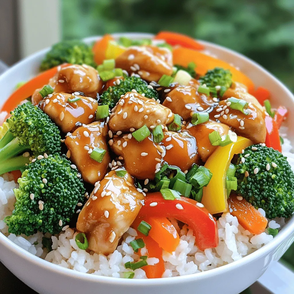 To make tasty Teriyaki Chicken Bowls, you need a few key items. Here’s the list: - 2 boneless, skinless chicken breasts, diced - 1 cup teriyaki sauce (homemade or store-bought) - 2 tablespoons sesame oil - 1 tablespoon fresh ginger, minced - 2 garlic cloves, minced - 1 cup jasmine rice - 2 cups water or chicken broth (for cooking rice) - 1 cup broccoli florets - 1 carrot, julienned - 1 bell pepper (red or yellow), sliced - 2 green onions, chopped - Sesame seeds for garnish These ingredients create a rich flavor that makes every bite enjoyable. You can add more ingredients to boost flavor. Here are some great options: - Pineapple chunks for sweetness - Snap peas for crunch - Red pepper flakes for heat - Chopped cilantro for freshness These extras can make your dish even more exciting and unique. Teriyaki Chicken Bowls offer a balanced meal. They provide protein, fiber, and vitamins. - Protein: Chicken is a great source of lean protein. - Carbohydrates: Jasmine rice gives energy. - Vitamins: Vegetables like broccoli and carrots add essential nutrients. This meal can fit well into a healthy diet. It’s filling and tasty, making it perfect for lunch or dinner. For the complete recipe, check out the Full Recipe. To start, rinse 1 cup of jasmine rice under cold water. This helps remove extra starch. You want the water to run clear. Next, place the rice in a medium saucepan. Add 2 cups of water or chicken broth. Bring this to a boil. Once boiling, reduce the heat to low. Cover the saucepan and let it simmer for 15 minutes. The rice will cook and become fluffy. After 15 minutes, remove it from heat. Keep it covered for another 5 minutes. This resting time makes the rice even better. While the rice cooks, heat 2 tablespoons of sesame oil in a large skillet. Set the heat to medium-high. Add 1 tablespoon of minced ginger and 2 minced garlic cloves. Sauté these for about 1 minute. You want to smell that great aroma! Now, add 2 diced boneless, skinless chicken breasts to the skillet. Cook the chicken for 6 to 8 minutes. Stir it occasionally. You want it browned and fully cooked. This step makes your chicken tender and tasty. Now it’s time for some color! Add 1 cup of broccoli florets, 1 julienned carrot, and 1 sliced bell pepper to the skillet. Cook everything for another 3 to 4 minutes. The veggies should be tender but still crisp. Then, pour in 1 cup of teriyaki sauce. This is where the magic happens! Stir everything together. Let it cook for an extra 2 to 3 minutes. This helps the sauce thicken and coat the chicken and veggies. Now, you have a savory mix ready to serve! You can now assemble your bowls with the rice and top them with this delicious teriyaki chicken and veggie mix. Don't forget to check out the Full Recipe for more details! When cooking chicken, always start with high-quality meat. Fresh chicken breasts will give the best flavor. Cut the chicken into small, even pieces. This helps it cook faster and more evenly. Always use a hot pan. Heat your skillet before adding the oil. This helps to sear the chicken. Searing locks in moisture and adds flavor. Cook the chicken until it reaches a safe internal temperature of 165°F (75°C). Use a meat thermometer for accuracy. Let the chicken rest for a few minutes after cooking. This allows the juices to settle, making it more tender. Making your own teriyaki sauce is easy and fun. You need just a few simple ingredients. Combine soy sauce, sugar, ginger, and garlic in a saucepan. - 1 cup soy sauce - 1/2 cup brown sugar - 2 tablespoons fresh ginger, minced - 2 garlic cloves, minced - 1 tablespoon cornstarch mixed with 2 tablespoons water (for thickening) Heat the mixture over medium heat, stirring until the sugar dissolves. Add the cornstarch slurry to thicken the sauce. Cook until it reaches your desired thickness. This sauce will give your teriyaki chicken bowls a fresh and rich flavor. Presentation makes your meal more appealing. Use deep bowls to showcase the layers. Start with a base of fluffy jasmine rice. Top it with the teriyaki chicken and veggies. Add color by using a mix of vegetables. Bright bell peppers and green broccoli look great. Finish with green onions and sesame seeds for a pop of flavor and texture. Serve with a side of pickled ginger for extra zing. This adds both taste and an attractive touch to your plate. {{image_2}} You can easily make a tasty teriyaki bowl without chicken. For a vegetarian dish, try using tofu. Firm tofu works best. Press it to remove excess water, then dice it. Sauté it until golden. You can also use tempeh for a nutty flavor. Both options soak up teriyaki sauce well. For a vegan twist, skip the chicken broth when cooking rice. Use water or vegetable broth instead. If you want to change the protein, there are many options. Shrimp is a quick-cooking choice that pairs well with teriyaki sauce. Just sauté it until it's pink. You can also use beef or pork. Thinly slice these meats for quicker cooking. Grilled salmon adds a rich taste too. Each option offers a different flavor and texture. You can easily jazz up your teriyaki bowl. Add pineapple for a sweet twist. Chopped nuts, like cashews or peanuts, add crunch. You can also try different vegetables. Snap peas, zucchini, and mushrooms work great. For heat, add some red pepper flakes or sriracha. Experiment with these ideas to find your favorite mix. For the complete recipe, check out the Full Recipe. After enjoying your teriyaki chicken bowls, let the leftovers cool. Store them in an airtight container. Make sure to separate the rice and chicken mixture. This way, both stay fresh longer. Place the container in the fridge. Leftovers can last up to three days. To reheat your teriyaki chicken bowls, you have a few options. The microwave is quick and easy. Place the chicken and rice in a microwave-safe dish. Cover it with a damp paper towel to keep moisture. Heat in short bursts of 30 seconds until warm. Stir between each burst to ensure even heating. You can also use the stove. Just add a splash of water to a pan. Heat over low heat, stirring until warmed through. If you want to save your teriyaki chicken bowls for later, freezing is a great option. Let the dish cool completely. Then, place it in a freezer-safe container. Make sure to label it with the date. When frozen, it is best used within three months. To reheat, thaw in the fridge overnight. Then, follow the reheating instructions to enjoy a tasty meal again. For the full recipe, check the detailed cooking steps and tips. You can serve your Teriyaki Chicken Bowls with a variety of sides. Here are some great options: - Steamed edamame - Cucumber salad - Seaweed salad - Pickled ginger - Miso soup These sides add flavor and texture. They also bring a nice balance to the meal. Yes, you can use store-bought teriyaki sauce. It saves time and effort. Just make sure to check the label for quality. Look for sauces with natural ingredients. Homemade teriyaki sauce is easy to make too. Mix soy sauce, sugar, ginger, and garlic. Adjust the sweetness to your liking. To make Teriyaki Chicken Bowls less spicy, reduce or skip the ginger and garlic. You can also use less teriyaki sauce. If you want more flavor without heat, add more veggies. Carrots and broccoli are great for this. For a different taste, try adding pineapple. It gives sweetness and balances flavors well. For the full recipe, you can check the earlier section. Teriyaki chicken bowls offer a fun mix of flavors and textures. We explored main and optional ingredients, tips for cooking, and ways to customize your dish. You learned how to cook rice and chicken step-by-step. We also covered storage and reheating tips to keep your bowls fresh. These meals are easy to make and share. With so many variations, you can enjoy them your way. Now, gather your ingredients, get cooking, and savor each bite!