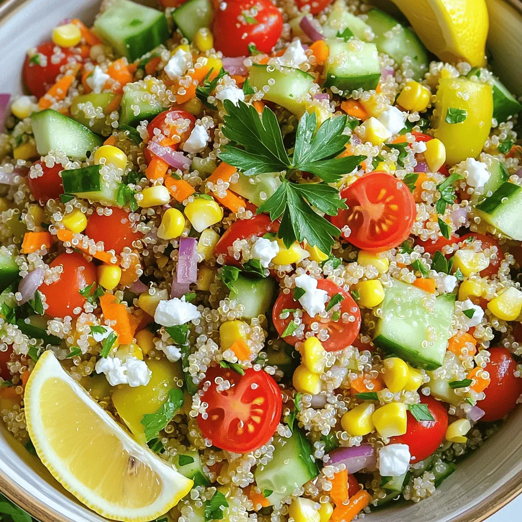 - 1 cup quinoa, rinsed - 2 cups vegetable broth (or water) - 1 cup cherry tomatoes, halved - 1 cucumber, diced - 1 bell pepper (any color), diced - 1 cup corn (fresh or frozen) - 1 carrot, grated - 1/4 cup red onion, finely chopped - 1/4 cup fresh parsley, chopped - 3 tablespoons olive oil - 2 tablespoons lemon juice - 1 teaspoon Dijon mustard - Salt and pepper to taste Quinoa serves as the base of this salad. It is light and fluffy. The assorted vegetables add color and texture. Each vegetable brings unique flavors. Cherry tomatoes burst with sweetness. Crunchy cucumbers offer freshness. Bell peppers add a sweet crunch. Corn brings a touch of sweetness too. Grated carrot adds a nice crunch, while the red onion adds a hint of sharpness. Fresh parsley ties everything together with its herbal note. - 1/4 cup feta cheese, crumbled (optional) - Additional herbs for flavor Feta cheese adds a creamy, salty kick. You can use any cheese you love. Fresh herbs, like basil or mint, offer more flavor. Feel free to mix and match to suit your taste. - Mixing bowls - Saucepan - Whisk You need a saucepan to cook the quinoa. Mixing bowls help combine the ingredients. A whisk is key for mixing the dressing smoothly. Having these tools ready makes cooking easier. For the full recipe, check the instructions above to guide you through this fun cooking journey. To start, you need to cook the quinoa. First, combine 1 cup of rinsed quinoa with 2 cups of vegetable broth or water in a medium saucepan. This will give your quinoa flavor. Bring it to a boil over high heat. Once it boils, reduce the heat to low. Cover the pot and let it simmer for about 15 minutes. The quinoa will be fluffy and the liquid will be absorbed when done. Remove it from heat and let it cool. While the quinoa cooks, it’s time to prep your vegetables. You want fresh veggies for the best taste. Begin with the cherry tomatoes. Cut them in half. Then, dice your cucumber and bell pepper into small pieces. Grate the carrot for a nice texture. Finally, finely chop the red onion and parsley. Keeping your cuts even makes the salad look great. Next, let’s make the dressing. In a small bowl, add 3 tablespoons of olive oil, 2 tablespoons of lemon juice, and 1 teaspoon of Dijon mustard. Use a whisk to mix these ingredients well. The goal is to blend them into a smooth dressing. Taste it and adjust the salt and pepper. You can add more lemon juice for zing if you like. Now, it’s time to assemble the salad. In a large mixing bowl, combine the cooled quinoa with the chopped veggies, grated carrot, and parsley. Gently toss everything together. This helps mix the flavors without crushing the ingredients. For the final touch, pour the dressing over the salad. Toss it again to make sure all the ingredients are well coated. If you want to add feta cheese, sprinkle it on top and mix gently. Now, taste the salad. Adjust the seasoning if needed. To enhance the flavors, chill the salad in the fridge for at least 30 minutes before serving. This step lets the flavors blend beautifully. You can find the Full Recipe for more details. - Gluten-Free Options Quinoa is naturally gluten-free. You can swap in rice or millet if you prefer. Both grains work well in this salad. - Vegan Alternatives For a vegan version, skip the feta cheese. You can use avocado for creaminess instead. Nutritional yeast adds a cheesy flavor too. - Best Pairings with the Salad This salad pairs well with grilled chicken or fish. It also goes nicely with a bowl of soup. A side of crusty bread makes a great addition. - Ideal Presentation Ideas Serve the salad in a colorful bowl for a vibrant look. Garnish with fresh herbs on top. A lemon wedge adds a bright touch. - Using Spices Experiment with spices like cumin or paprika. A pinch of chili powder can add a nice kick. Fresh herbs like basil or cilantro can boost flavor. - Adding Crunch Toss in some nuts or seeds for crunch. Almonds or pumpkin seeds are good choices. You can also add crispy chickpeas for extra texture. Feel free to check out the Full Recipe for more details! {{image_2}} Spring Variations In spring, use fresh veggies like asparagus, peas, and radishes. These add crunch and color. You can swap in arugula for spinach. This change brings a peppery flavor that brightens your salad. Fall Variations In fall, try roasted butternut squash, Brussels sprouts, or kale. Roasting adds a sweet, warm taste. Toss in some sliced apples or dried cranberries for a sweet touch. These flavors make the salad hearty and satisfying. Adding Grilled Chicken Grilled chicken adds protein and makes the salad filling. Slice the chicken thin and mix it in. This adds a nice smoky flavor that pairs well with the veggies. Plant-Based Proteins For a plant-based option, consider chickpeas or black beans. These add protein and fiber. They also soak up the dressing well, boosting the flavor of the salad. You can also use tofu or tempeh for extra protein. Mediterranean Twist For a Mediterranean version, add olives and sun-dried tomatoes. You can also toss in artichokes for a tangy bite. Use a dressing of olive oil and red wine vinegar for a zesty kick. Mexican-Style Salad For a fun twist, go Mexican! Add black beans, corn, and avocado. A sprinkle of lime juice gives it a fresh taste. You could also use cilantro in place of parsley for a vibrant touch. For the full recipe, check out the full recipe section! How long does vegetable quinoa salad last? It stays fresh for about 3 to 5 days in the fridge. Store it in an airtight container to keep it safe. This will help prevent it from drying out and losing flavor. What are the best storage containers? I recommend using glass containers with tight-fitting lids. They keep your salad fresh and allow you to see the colorful ingredients inside. Plastic containers can also work, but make sure they are BPA-free for safety. Can you freeze vegetable quinoa salad? Yes, you can freeze it, but keep in mind that some veggies may change texture. To freeze, place the salad in a freezer-safe container. Leave some space at the top for expansion. What are the thawing tips? When you're ready to eat, thaw the salad overnight in the fridge. This keeps it safe and helps maintain flavor. Avoid reheating the salad, as fresh veggies lose their crunch when heated. How do you keep ingredients crisp? Store the quinoa and veggies separately if possible. Mix them just before serving. This will help keep the vegetables crunchy and fresh. What about preparing in advance? You can cook quinoa ahead of time and store it in the fridge. Chop the veggies right before serving to maintain their color and taste. This makes meal prep easy while still enjoying fresh flavors. Quinoa is a tiny seed that cooks like a grain. It is a great source of protein. - Nutritional Benefits: - High in protein and fiber - Contains all nine essential amino acids - Gluten-free and rich in vitamins Quinoa is not only a grain but also a superfood. It has more protein than rice or pasta. This makes it a smart choice for meals. - Cooking vs. Other Grains: Quinoa cooks faster than brown rice. It takes about 15 minutes to cook. Other grains may take longer to prepare. Quinoa has a nice nutty flavor and fluffy texture. You can prep this salad in advance for easy meals. It stays fresh in the fridge for a few days. - Prep Steps for Meal Prep: - Cook quinoa and let it cool - Chop vegetables and store them separately - Mix dressing and keep it in a jar This way, you have all parts ready. Just combine them when you want to eat. - Shortcuts for Busy Schedules: Use canned or frozen veggies for quick prep. Pre-cooked quinoa is also a great option. This saves time and makes cooking easier. Absolutely! Customizing this salad is fun and easy. - Ideas for Customization: - Swap out veggies based on what you like - Add fruits like apples or berries for sweetness You can make the salad your own with your favorite flavors. - Popular Add-ins and Toppings: - Nuts and seeds for crunch - Avocado for creaminess - Grilled chicken or beans for protein Mix and match to create your perfect salad. This salad pairs well with many dishes. - Meal Pairing Ideas: - Serve with grilled chicken or fish - Pair with a warm soup for a cozy meal These options make the salad a great side dish. - Complementary Dishes: - A light vinaigrette or yogurt dressing enhances flavors - Serve with whole-grain bread for a complete meal Enjoy this salad as part of a balanced plate. You can find the full recipe online for more details. This blog post covered how to make a tasty quinoa salad. We discussed key ingredients, like quinoa and fresh veggies. You learned step-by-step instructions for cooking and assembling the salad. We also shared tips for storage and variations to fit your taste. Eating healthy can be simple and fun. Enjoy making this salad your own, and feel free to explore different flavors and ingredients. Your kitchen adventures can lead to tasty meals!