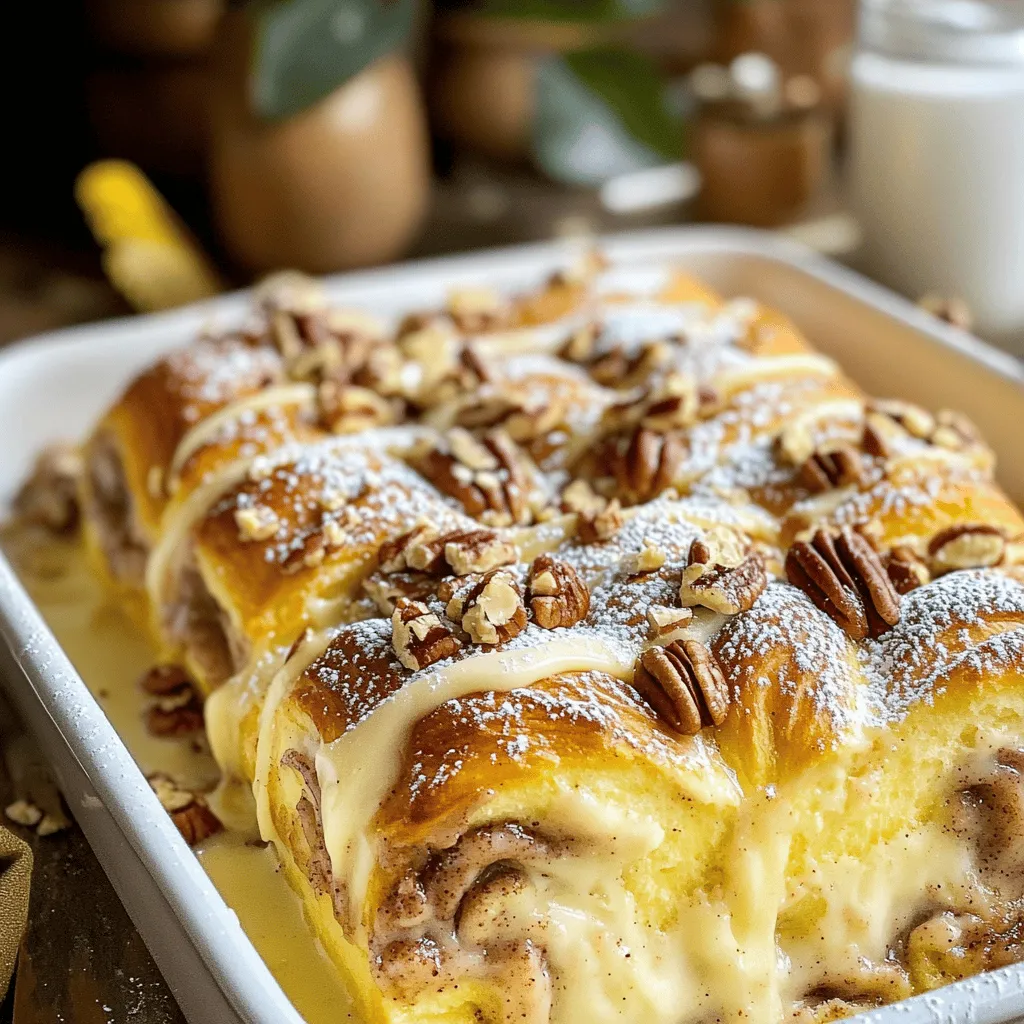 To make a delicious cinnamon roll casserole, you'll need a few simple ingredients. - 2 cans of refrigerated cinnamon rolls (16-count each), cut into quarters - 4 large eggs - 1 cup milk - 1/2 cup heavy cream - 1 teaspoon ground cinnamon - 1/2 teaspoon vanilla extract - 1/4 cup maple syrup - 1/2 cup chopped pecans (optional) - Cream cheese icing (from the cinnamon rolls or homemade) Each ingredient plays a role in creating that warm, sweet flavor and soft texture. The refrigerated cinnamon rolls form the base, while the eggs and dairy add richness. Ground cinnamon and vanilla provide that classic flavor we love. The maple syrup gives a nice sweetness, and the pecans add a delightful crunch. You can find the full recipe [Full Recipe]. This will guide you through every step to ensure success. If you want to change things up, consider adding fruits or different nuts. The options are endless, making this dish fun and customizable! First, turn on your oven. Set it to 350°F (175°C). This is the perfect temperature for baking. While the oven heats up, grab a 9x13-inch baking dish. Lightly grease it with butter or cooking spray. This step helps prevent the casserole from sticking. Next, take a large mixing bowl. Add four large eggs, one cup of milk, and half a cup of heavy cream. Now, sprinkle in one teaspoon of ground cinnamon and half a teaspoon of vanilla extract. Pour in a quarter cup of maple syrup for sweetness. Whisk everything together until it looks smooth and well mixed. Now for the fun part! Open two cans of refrigerated cinnamon rolls. Cut each roll into quarters. Carefully fold these pieces into your egg mixture. Make sure every piece is coated well. If you want, add half a cup of chopped pecans for some crunch and flavor. Gently mix them in too. Pour the mixture into your greased baking dish. Spread the cinnamon roll pieces out evenly. Place the dish in your preheated oven. Bake for 25 to 30 minutes. Keep an eye on it! The top should turn golden brown, and the center must be set. To check, insert a toothpick into the center. If it comes out clean, it’s done! Once baked, remove the casserole from the oven. Let it cool for about 5-10 minutes. Drizzle the cream cheese icing over the top while it’s warm. Enjoy your tasty breakfast treat! For the full recipe, check out the details above. To get the right texture, cut the cinnamon rolls into small quarters. This helps them soak up the egg mixture. Make sure to mix gently so they stay fluffy. Use a mix of milk and cream to get a rich taste without making it too heavy. To prevent sogginess, do not let the mixture sit too long before baking. If you wait too long, the bread can absorb too much liquid. Bake the casserole until the top turns golden brown. This shows that it is cooked well. Serve your cinnamon roll casserole warm for the best taste. Pair it with fresh fruit or crispy bacon for a balanced meal. Drizzle cream cheese icing over the top for added sweetness. You can also sprinkle some chopped pecans for crunch. For extra flair, dust the top with powdered sugar. A dollop of whipped cream on the side makes this breakfast even more special. For the complete recipe, check out the [Full Recipe]. {{image_2}} You can easily make this casserole your own. First, consider adding different spices. Nutmeg or cardamom can lift the flavor. A pinch of ginger gives it a warm twist. Try mixing in a bit of cocoa powder for a chocolatey touch. Next, you can use flavored syrups. Instead of maple syrup, try vanilla or hazelnut. This small swap can change the whole dish. It adds depth and excitement to each bite. If you want a dairy-free option, you can use almond milk or oat milk. These milks work well in the egg mixture. They keep the casserole moist without losing flavor. You also don’t have to stick to regular cinnamon rolls. You can try using chocolate or pumpkin spice rolls. These fun alternatives will create a new taste experience. Each variation brings its own charm to the dish. For the full recipe, check out [Full Recipe]. After you enjoy your cinnamon roll casserole, let it cool down. Place it on the counter for about 10 to 15 minutes. Once it is cool, cover it tightly. You can use plastic wrap or aluminum foil. This helps keep the casserole fresh and moist. For storage, choose the right container. I recommend a glass or plastic airtight container. These containers keep out air and moisture. You can also use a baking dish with a lid. It’s important to store it in the fridge. It can last for about 3 to 5 days. When you want to enjoy your leftovers, you can reheat them in several ways. One method is to use the oven. Preheat your oven to 350°F (175°C). Place the casserole in an oven-safe dish. Cover it with foil to keep it from drying out. Heat for about 15 to 20 minutes or until warm. Another option is the microwave. Cut a piece of the casserole and place it on a microwave-safe plate. Heat it in 30-second intervals. This helps you get the perfect temperature. Keep an eye on it to avoid overheating. Reheating properly makes a big difference. You want to keep the flavors rich and the texture soft. Whether you use the oven or microwave, both methods work great for keeping your cinnamon roll casserole delicious. Can I make it ahead of time? Yes, you can prepare the casserole a day in advance. Just mix the ingredients, place them in the baking dish, and cover it with plastic wrap. Store it in the fridge overnight. In the morning, take it out and bake it. This helps save time on busy mornings. How long does it last in the fridge? Cinnamon roll casserole stays fresh in the fridge for about three to four days. Just store it in an airtight container. When you're ready to eat it, you can reheat individual portions in the microwave. Can I freeze it? Yes, you can freeze the casserole. Allow it to cool completely, then cut it into portions. Wrap each piece tightly in plastic wrap, then place them in a freezer-safe bag. It will keep well for up to three months. To enjoy, thaw in the fridge overnight and reheat. What are some topping ideas? There are many fun toppings for your casserole! Try adding fresh fruit like berries or bananas. A sprinkle of powdered sugar adds sweetness. You can also drizzle extra maple syrup or honey for more flavor. For a nutty crunch, add more chopped pecans or walnuts on top. These toppings make your casserole even more special! For the full recipe, check out [Full Recipe]. This blog post covered how to make a delicious cinnamon roll casserole. We explored the key ingredients, like cinnamon rolls and eggs. I shared step-by-step instructions for preparation and baking. You learned tips to improve texture and prevent sogginess. For those who love sweet breakfasts, this dish is a winner. Feel free to customize flavors and toppings to suit your taste. Enjoy this tasty treat warm, and share it with friends and family.