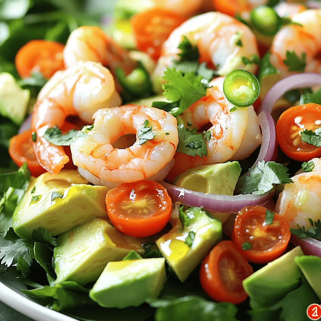 - 1 pound shrimp, peeled and deveined - 2 ripe avocados, diced - 1 cup cherry tomatoes, halved - 1 small red onion, finely chopped - 1 jalapeño, seeded and minced - 2 tablespoons fresh cilantro, chopped - Juice of 2 limes - 2 tablespoons olive oil - Salt and pepper to taste When I prepare this shrimp and avocado salad, I always start with the main ingredients. The shrimp is the star here. I prefer fresh shrimp for the best taste. You want to peel and devein them so they are ready to cook. Next, I grab two ripe avocados. They should feel soft but not mushy. Dicing them adds a creamy texture that pairs well with the shrimp. The cherry tomatoes add a pop of sweetness. Halving them allows their juices to mix into the salad. For the additional ingredients, I finely chop a small red onion. It gives a nice crunch and sharp flavor. The jalapeño adds some heat, but you can adjust the amount to fit your taste. Lastly, I sprinkle in fresh cilantro for a burst of flavor. Now, let’s talk about the dressing. I squeeze the juice from two limes. This adds a bright and tangy taste. Then I mix it with two tablespoons of olive oil. This helps to bring all the flavors together. I season with salt and pepper to taste. This simple yet vibrant mix of ingredients makes my shrimp and avocado salad truly delightful. For a complete guide, check the Full Recipe. Start by bringing salted water to a boil in a medium pot. This step is key for flavor. Once it’s boiling, add the shrimp. Cook them for about 2 to 3 minutes. You want them to turn pink and opaque. This shows they are fully cooked. After cooking, remove the shrimp from the pot. Transfer them to an ice bath right away. This stops the cooking and keeps the shrimp tender. Drain the shrimp and set them aside for later. In a large mixing bowl, mix diced avocados, halved cherry tomatoes, chopped red onion, minced jalapeño, and chopped cilantro. Each ingredient brings its own taste and texture. Make sure everything is well combined. In a separate bowl, whisk together lime juice, olive oil, salt, and pepper. This dressing adds zest and ties the salad together. Now, add the cooled shrimp to the bowl with the vegetable mix. This step is vital to get the flavors just right. Drizzle the dressing over the salad ingredients. Toss everything gently to combine. Be careful not to mash the avocados. Taste and adjust seasoning with more salt and pepper if needed. Serve the shrimp and avocado salad on a bed of mixed greens for a fresh, tasty dish. For the detailed recipe, check the Full Recipe. Using an ice bath is key. After cooking shrimp, dunk them in ice water. This stops the cooking. It keeps the shrimp tender and juicy. If you use larger shrimp, cook them for a bit longer. Around 4-5 minutes should do the trick. This ensures they turn perfectly pink and opaque. Seasoning can change your salad. Try adding a pinch of cumin or smoked paprika. These spices give a warm touch. Fresh herbs like cilantro make a big difference. They add brightness and depth to your dish. You can even mix in fresh basil or mint for a different flavor. Serving on mixed greens elevates the dish. The greens add color and crunch. You can use arugula, spinach, or a spring mix. For garnishing, consider using lime wedges or extra cilantro. Sliced radishes or bright cherry tomatoes add fun color. A sprinkle of feta or avocado slices on top makes it look fancy. For step-by-step instructions, check out the Full Recipe. {{image_2}} You can bring a fresh twist to your shrimp and avocado salad. Adding citrus fruits like mango or grapefruit can brighten the dish. Their sweet and sour flavors pair well with the creamy avocado. You can also try diced peaches or pineapple for a tropical vibe. Other vegetables like bell peppers or cucumbers add crunch and color. These variations make the salad even more exciting. If you want to switch things up, consider using crab or scallops instead of shrimp. Both offer a sweet taste that complements the salad. For a vegetarian option, try chickpeas or grilled tofu. These ingredients still give you protein while keeping the meal light and fresh. You can mix and match based on your dietary needs or preferences. The dressing can change the entire flavor of the salad. You can use creamy dressings, like yogurt or avocado-based ones, for a rich taste. If you prefer a lighter option, go for a vinaigrette with olive oil and vinegar. Adding spices like cumin or chili powder can give the dressing an extra kick. This simple change can really elevate your dish. For the full recipe, check the [Full Recipe]. To keep your shrimp and avocado salad fresh, store leftovers in the fridge. Place the salad in an airtight container. This helps prevent air from spoiling the flavors. Enjoy your salad within 1-2 days for the best taste. If you notice any browning on the avocado, gently toss the salad to mix it up again. This can help keep it looking fresh. You can freeze shrimp salad, but it may change in texture. If you want to freeze it, leave out the avocado. The avocado does not freeze well and can become mushy. Place the shrimp salad in a freezer-safe container. When you're ready to eat it, thaw the salad in the fridge overnight. Once thawed, add fresh avocado before serving for the best taste. In the fridge, your shrimp and avocado salad will stay fresh for about 2 days. After that, it may not taste as good. To check if it’s gone bad, look for changes in smell or texture. If it smells sour or has a slimy feel, it’s time to toss it. Always trust your senses when it comes to food safety. To cook shrimp right, start with salted boiling water. For small shrimp, cook for about 2-3 minutes. For larger shrimp, aim for 4-5 minutes. You know they’re done when they turn pink and opaque. After cooking, move them to an ice bath. This stops the cooking and keeps them tender. Yes, you can prepare parts of the salad ahead. Cook the shrimp and chop veggies a few hours before serving. Keep them in separate containers to stay fresh. Add the avocado and dressing just before serving to avoid browning. This keeps your salad crisp and colorful. This salad pairs well with light sides. Think crusty bread or garlic toast. A fruit salad or a simple cucumber salad adds freshness too. You might also enjoy serving it with tortilla chips for a fun crunch. You can find the Full Recipe for Shrimp and Avocado Salad in the earlier section. It provides all the steps and details you need for a great meal. This blog shared an easy shrimp and avocado salad recipe. You learned about the main ingredients, step-by-step cooking, and tips for success. We explored ways to vary flavors and store leftovers safely. Remember, fresh ingredients make all the difference. Try mixing in fruits or herbs for a unique twist. Enjoy this light dish any time. It’s perfect for warm days or casual gatherings. Your friends and family will love it!