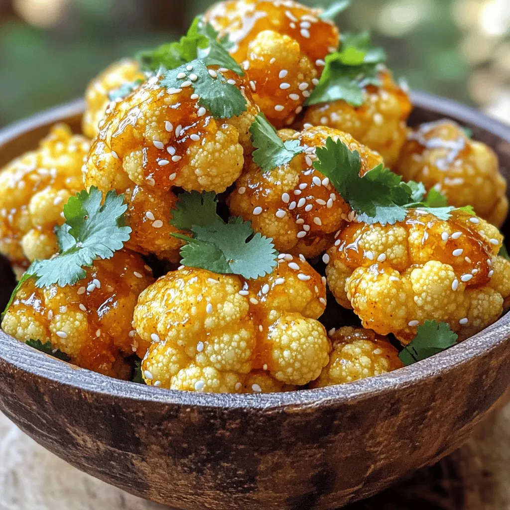 To make Sriracha Honey Cauliflower Bites, you need: - 1 medium cauliflower, cut into bite-sized florets - 1 cup all-purpose flour (or a gluten-free alternative) - 1 cup unsweetened almond milk (or any preferred milk) - 1 teaspoon garlic powder - 1 teaspoon onion powder - 1/2 teaspoon salt - 1/4 teaspoon black pepper - 1 teaspoon smoked paprika - 1/4 cup Sriracha sauce (adjust for spiciness) - 1/4 cup honey (or agave syrup for a vegan option) - 1 tablespoon soy sauce (or tamari for gluten-free) - Sesame seeds for garnish (optional) - Fresh cilantro for garnish (optional) You can swap some ingredients for other options. If you're gluten-free, use a gluten-free flour blend. For a dairy-free option, almond milk works great. If you want a vegan recipe, use agave syrup instead of honey. Feel free to adjust the Sriracha to control the heat. You can also use lime juice for a zesty twist instead of soy sauce. This recipe can fit many diets. It’s vegetarian and can be made vegan. If you choose a gluten-free flour, it becomes gluten-free too. Always check labels on sauces and other ingredients for allergens. This snack is a tasty way to enjoy veggies while keeping them healthy! 1. Preheat the oven to 425°F (220°C). This helps the cauliflower become crispy. 2. Prepare the baking sheet. Line it with parchment paper. This makes cleanup easy. 3. Make the batter. In a large bowl, mix the flour, garlic powder, onion powder, salt, black pepper, and smoked paprika. 4. Add almond milk slowly while stirring. Keep mixing until it becomes smooth. 5. Coat the cauliflower florets. Dip each piece in the batter. Make sure every floret is covered. Shake off extra batter. 6. Place on the baking sheet in a single layer. This ensures even cooking. 7. Bake the cauliflower for 20-25 minutes. Flip them halfway through. Look for a golden color and crisp texture. 8. Check for doneness. The bites should be cooked through and crispy when done. 9. Make the sauce while the cauliflower is baking. In a small pan, mix Sriracha, honey, and soy sauce over medium heat. 10. Stir continuously until everything is well mixed and warm. This helps blend the flavors. 11. Remove from heat. Set the sauce aside until the cauliflower is ready. 12. Toss the baked cauliflower in the sauce. Make sure each floret is covered well. 13. Return to the baking sheet for another 10 minutes. This adds extra crispiness. 14. Garnish and serve. After cooling, sprinkle sesame seeds and cilantro on top. Enjoy this tasty snack! 15. For the complete recipe, check the Full Recipe section above. To make your Sriracha honey cauliflower bites crispy, follow these steps: - Ensure you coat the florets well in the batter. - Use a parchment-lined baking sheet. This helps them crisp without sticking. - Bake at a high temperature of 425°F (220°C). This creates a nice crunch. - Flip the cauliflower halfway through baking. This ensures even cooking on all sides. - For extra crispiness, bake them a little longer after coating with sauce. Getting the sauce just right is key. Here’s how: - Use fresh Sriracha for a bold taste. Adjust the amount to match your spice level. - Mix honey with Sriracha for a sweet heat. You can swap honey for agave syrup if you prefer. - Heat the sauce gently on medium. Stir it well to blend the flavors. - Toss the hot cauliflower in the sauce right after baking. This ensures every bite is flavorful. Present your cauliflower bites in a fun way: - Serve them in a large bowl or on a colorful platter. - Garnish with sesame seeds and fresh cilantro for a pop of color. - Pair with a cooling dip like ranch or yogurt sauce. This balances the heat from the Sriracha. - Enjoy these bites warm as a snack or appetizer. They are perfect for sharing. For more details, check out the Full Recipe. {{image_2}} To make Sriracha honey cauliflower bites vegan, swap honey for agave syrup. This sweet change keeps the flavor but makes it plant-based. Use almond milk or another non-dairy milk, like oat or soy. These options keep the bites creamy and delicious without dairy. You can adjust the spice level based on your taste. If you like heat, add more Sriracha. Start with a tablespoon and taste as you go. For a milder version, decrease the Sriracha. You can also mix in some sweet chili sauce for a sweet and spicy combo. This adds a different layer of flavor without too much heat. If you want to try different flours, you can! Use almond flour for a nutty flavor or chickpea flour for a protein boost. Gluten-free options like rice flour or a gluten-free blend work well too. Each flour will give the bites a unique taste and texture. Adjust the liquid in the batter to get the right consistency. These variations help you customize the bites to fit your taste and diet. For the full recipe, check out the complete guide above! After enjoying your Sriracha honey cauliflower bites, store any leftovers in an airtight container. Keep them in the fridge for up to three days. Make sure they cool down first to avoid moisture buildup. To reheat, preheat your oven to 375°F (190°C). Place the cauliflower bites on a baking sheet. Heat for about 10-15 minutes until warm and crispy again. This method helps keep them crunchy. You can also use an air fryer for a quick reheating option. If you want to freeze these bites, do so before baking. Prepare the cauliflower and coat it with the batter, then place the florets on a baking sheet. Freeze them for about an hour, then transfer to a freezer bag. They can stay frozen for up to three months. When ready to bake, cook them from frozen, adding a few extra minutes to the baking time. You can follow the [Full Recipe] for details on preparation. Yes, you can make Sriracha Honey Cauliflower Bites ahead of time. Prepare the bites and bake them. Let them cool completely before storing. You can keep them in an airtight container in your fridge for up to three days. When ready to serve, reheat them in the oven for best results. This keeps them crispy and tasty. These bites pair well with many foods. Here are some ideas: - A cool ranch dip - A tangy yogurt sauce - Fresh vegetable sticks - A side of rice or quinoa - A light salad These options will add color and flavor to your snack table. Yes, there are gluten-free options for Sriracha Honey Cauliflower Bites. Use gluten-free flour instead of all-purpose flour. Also, choose tamari instead of soy sauce. This way, you can enjoy a tasty snack without gluten. Check labels on all ingredients to ensure they are gluten-free. This way, everyone can savor this delicious treat! This blog post shared all you need to know about Sriracha Honey Cauliflower Bites. We covered the ingredients, cooking steps, and storage tips. You learned ingredient substitutions and dietary options, making it easier for you to enjoy this dish. Remember, you can adjust the spice level and choose vegan or gluten-free options. Keep experimenting with variations and serving ideas. Enjoy the deliciousness of your cauliflower bites, whether as an appetizer or snack!