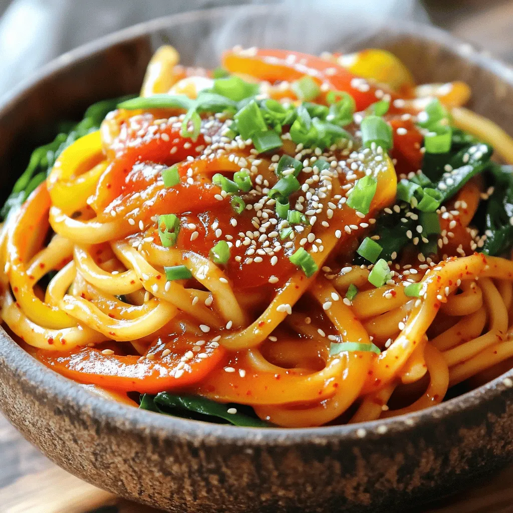 To make Korean Gochujang Noodles, you need to gather the right ingredients. Here’s what you will need: - 200g noodles (preferably udon or soba) - 2 tablespoons gochujang (Korean chili paste) - 1 tablespoon soy sauce - 1 tablespoon sesame oil - 1 tablespoon honey or maple syrup - 2 cloves garlic, minced - 1 teaspoon ginger, grated - 1 bell pepper, thinly sliced (red or yellow) - 1 cup spinach leaves - 1 green onion, chopped - Sesame seeds for garnish - Optional protein: 100g tofu, chicken, or shrimp These ingredients create a perfect blend of flavors. The gochujang brings heat, while the honey adds sweetness. You can customize it with your choice of protein for extra nutrition. Remember, this recipe is about balance. Each ingredient plays a role in the final taste. If you want to dive deeper into the recipe, check out the Full Recipe. It will guide you through the cooking steps for this delicious dish. To start, bring a large pot of salted water to a boil. Add 200g of your favorite noodles, like udon or soba. Cook them until they are al dente, which usually takes around 5 to 7 minutes. Once cooked, drain the noodles and rinse them under cold water. This step stops the cooking process and keeps them firm. Set the noodles aside for later. Next, grab a small bowl. In this bowl, mix together 2 tablespoons of gochujang, 1 tablespoon of soy sauce, 1 tablespoon of sesame oil, and 1 tablespoon of honey or maple syrup. Add 2 cloves of minced garlic and 1 teaspoon of grated ginger. Whisk everything together until it’s well combined. The sauce should be thick and spicy but sweet. This is the heart of your dish. Now, take a large skillet or wok and heat a splash of oil over medium heat. Add 1 thinly sliced bell pepper. Stir-fry it for about 2 to 3 minutes. You want the pepper to soften a bit. Then, toss in 1 cup of spinach leaves and cook until they wilt, which should take about 1 minute. This step adds color and nutrition to your noodles. If you want to add protein, now is the time. You can use 100g of tofu, chicken, or shrimp. Add your chosen protein to the skillet with the veggies. Sauté until the protein is cooked through. If using chicken or shrimp, this will take about 5 to 7 minutes. For tofu, cook until it’s golden. This makes the meal more filling. Once your protein is cooked, add the reserved noodles to the skillet. Pour the prepared gochujang sauce over the noodles. Toss everything together until the noodles are coated well with the sauce. Heat the mixture through for a couple of minutes. This step makes sure every noodle is full of flavor. After combining, remove the skillet from heat. Fold in 1 chopped green onion for freshness. Taste your dish and adjust the seasoning if needed. If you want more spice, add more gochujang or soy sauce. To serve, divide the noodles into bowls. Sprinkle sesame seeds on top for a nice touch. Enjoy your Korean Gochujang Noodles! If you need more details, you can check the Full Recipe. I love using udon or soba noodles for this dish. Udon is thick and chewy, while soba is thin and nutty. Both hold the sauce well. You can also try rice noodles for a gluten-free option. Just follow the package instructions to cook them perfectly. Gochujang brings heat, but you can control it. Start with two tablespoons if you love spice. For less heat, use one tablespoon instead. Taste the sauce before mixing it with noodles. You can always add more gochujang later. This dish is easy to make vegetarian or vegan. Simply skip the meat and use tofu for protein. You can also add more veggies like mushrooms or carrots. Always check the honey you choose. Use maple syrup for a vegan option. For the full recipe, remember to check the details! {{image_2}} You can make Korean Gochujang Noodles gluten-free. Use rice noodles instead of udon or soba. Look for gochujang that has no wheat. This way, you can enjoy the dish without worrying about gluten. To boost nutrition, add more veggies to your noodles. Consider using carrots, zucchini, or broccoli. These add color and crunch. Sauté them with the bell pepper. This simple step brings more flavor and makes your meal heartier. You can switch up the protein based on your taste. Chicken, shrimp, or tofu work great. If you want a vegetarian option, stick with tofu. For a quick meal, use pre-cooked proteins. They save time and keep the dish easy. Check the Full Recipe for more tips on adding protein. To store your Korean Gochujang Noodles, let them cool first. Then, place the noodles in an airtight container. They can last in the fridge for up to three days. Make sure to separate any protein if you added it, as it may change texture. When you’re ready to eat, you can easily reheat your noodles. Use a microwave-safe dish and add a splash of water. Cover it with a lid or microwave-safe wrap. Heat in short bursts, about 30 seconds at a time, stirring in between. Check until they are hot throughout. You can freeze these noodles for later. First, cool them completely. Portion them into freezer-safe bags or containers. Squeeze out as much air as you can. They will keep well for up to three months. To eat, thaw them in the fridge overnight before reheating. For the best flavor, try to eat them fresh. For the full recipe, refer back to the earlier section. Gochujang is a red chili paste from Korea. It has a sweet, spicy, and savory flavor. The main ingredients are chili powder, glutinous rice, fermented soybeans, and salt. You can use it in many dishes, like marinades and stews. It adds a unique depth to your meals. Yes, you can! If you need a substitute, try mixing red pepper flakes with a bit of honey and soy sauce. This mix gives a similar sweet and spicy taste. However, it may not match gochujang's rich flavor completely. To amp up the heat in Korean Gochujang Noodles, add more gochujang to the sauce. You can also mix in some crushed red pepper flakes or sliced fresh chili peppers. Start small, then taste as you go. Adjust to your spice preference. Great side dishes include: - Kimchi - Korean pickled radish - Steamed dumplings - A light salad with sesame dressing These options balance the noodles' heat and add texture to your meal. To find authentic gochujang, visit an Asian grocery store. Many carry brands from Korea. Check the label for quality ingredients and no artificial additives. You can also shop online for trusted brands. You can find the Full Recipe for Korean Gochujang Noodles online. It includes details on ingredients, cooking time, and step-by-step instructions. Enjoy making this dish in your own kitchen! In this post, we explored how to make delicious Korean Gochujang noodles. We outlined the key ingredients, detailed cooking steps, and shared helpful tips. You can customize your dish and try various protein options or vegetables. Remember, adjusting the spice level keeps it fun for everyone. With simple storage and reheating tips, you can enjoy these noodles anytime. Making this meal will impress your family and friends, so give it a try!