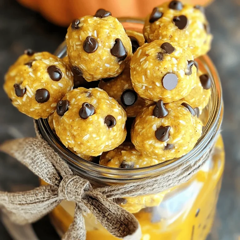 - 1 cup rolled oats - 1/2 cup pumpkin puree - 1/4 cup almond butter (or peanut butter) - 1/4 cup honey or maple syrup - 1/4 cup ground flaxseed - 2 teaspoons pumpkin spice blend (cinnamon, nutmeg, ginger, cloves) - 1/2 teaspoon vanilla extract - 1/4 cup mini chocolate chips (optional) - Pinch of salt These ingredients create a tasty and healthy snack. Let's take a closer look at what each part brings to the mix. Rolled oats are the base of these bites. They provide fiber and help keep you full. The pumpkin puree adds moisture and a nice flavor. It also gives you vitamins A and C. Almond butter or peanut butter gives protein and healthy fats. Honey or maple syrup adds a touch of sweetness. Ground flaxseed is a great source of omega-3 fatty acids. The pumpkin spice blend brings that warm, cozy taste we all love. A bit of vanilla extract enhances the flavor. If you like chocolate, mini chocolate chips can add a fun surprise. Finally, a pinch of salt balances all the flavors. - Caloric value per serving: About 100 calories - Macronutrient breakdown: 3g protein, 5g fat, 12g carbs - Health benefits of key ingredients: - Rolled oats: Good for heart health - Pumpkin puree: Supports your vision - Nut butter: Helps with muscle repair - Flaxseed: May lower cholesterol This snack is not only simple to make but also packed with nutrition. You get energy without the crash. For the Full Recipe, check out the steps to make these delicious bites! Start by mixing the dry and wet ingredients. In a large bowl, add: - 1 cup rolled oats - 1/2 cup pumpkin puree - 1/4 cup almond butter (or peanut butter) - 1/4 cup honey or maple syrup - 1/4 cup ground flaxseed - 2 teaspoons pumpkin spice blend - 1/2 teaspoon vanilla extract - Pinch of salt Stir everything together until it forms a sticky dough. If the mix feels dry, add a tablespoon of water or more pumpkin puree. This helps it hold together well. Now, let's form the energy bites. Scoop about 1 tablespoon of the mix and roll it into a ball. Place these on a parchment-lined baking sheet. If you want mini chocolate chips, fold them in before rolling. Once you have all the bites rolled, chill them in the fridge for at least 30 minutes. This step is key for firmness. After chilling, they will be ready to enjoy. For a fun presentation, serve the energy bites in a decorative jar. Tie it with a ribbon for a great gift. These bites pair well with a warm cup of tea or coffee. You can also enjoy them with yogurt or fruit for a tasty snack. For the complete recipe, check out the [Full Recipe]. - Overmixing the ingredients: Mixing too much can make your bites tough. You want a sticky dough, not a dry paste. Mix just until combined. - Not chilling long enough: Chilling is key for firmness. If you skip this step, your bites may fall apart. Always refrigerate for at least 30 minutes. - Adding nuts or seeds: Chopped almonds or sunflower seeds can add a nice crunch. They also boost the nutrition of your bites. Feel free to experiment with your favorites. - Adjusting sweetness level: Taste the mixture before you roll. If you want it sweeter, add more honey or maple syrup. Just remember, a little goes a long way. - Batch preparation tips: Make a large batch and store them for quick snacks. You can double the recipe if you want more bites. They are perfect for meal prep. - Freezing for longer storage: Energy bites freeze well. Store them in a single layer on a baking sheet first. Once frozen, transfer to an airtight container. This way, you can enjoy them anytime! For the complete recipe, check out the Full Recipe section. {{image_2}} You can change the taste of your energy bites easily. Adding cocoa powder gives a chocolate twist. You can also use vanilla protein powder for extra protein. This boosts flavor and nutrition. Try different nut butters too. Almond butter offers a nutty taste, while peanut butter adds creaminess. Each nut butter gives a unique flavor and texture. Want to make them vegan? Swap honey for maple syrup. This keeps your bites sweet without any animal products. For gluten-free bites, ensure the oats are certified gluten-free. You can also lower sugar by cutting the honey or syrup in half. This makes them healthy for those watching their sugar intake. Seasonal ingredients make these bites fun. In winter, add dried cranberries for a festive touch. They add color and a tart flavor. In spring, mix in citrus zest. Lemon or orange zest brightens the bites and gives them a fresh taste. These seasonal variations keep your snacks exciting all year long. To keep your pumpkin spice energy bites fresh, store them in an airtight container. This method keeps them moist and tasty. Place them in the fridge right after they chill. The cool air helps maintain their texture. For best results, use glass or plastic containers. Glass keeps flavors strong and does not stain. Plastic containers are lightweight and easy to handle. Make sure the lid fits tightly to avoid air exposure. These energy bites last about a week in the refrigerator. If you want to enjoy them later, freezing is a great option. They can stay fresh in the freezer for up to three months. To freeze, place them in a single layer on a baking sheet first. Once frozen, store them in a freezer-safe bag or container. This method prevents them from sticking together. Check for signs of spoilage before eating. If they smell off or show a change in color, toss them. A dry texture or a hard bite can also mean they aren't fresh anymore. Always trust your senses when deciding if food is still good. Pumpkin Spice Energy Bites stay fresh for about a week in the fridge. I recommend storing them in an airtight container. This keeps them moist and tasty. If you want them to last longer, you can freeze them. They can stay good for up to three months in the freezer. Yes, you can swap ingredients based on what you have. For example, you can use peanut butter instead of almond butter. This change affects the taste slightly but keeps the bites creamy. You can also use maple syrup instead of honey for a vegan option. Just remember, these swaps may alter the flavor a bit. These energy bites are great for kids! They are packed with healthy oats, pumpkin, and nut butter. The bites provide energy without too much sugar. However, watch for allergies. The recipe includes nuts, so make sure your child isn’t allergic. You can also skip the chocolate chips if needed. In this blog post, we explored how to make delicious Pumpkin Spice Energy Bites. We covered the key ingredients, their health benefits, and step-by-step instructions for perfecting the recipe. You learned tips to avoid common mistakes and ways to enhance flavor. With various options for dietary needs and seasonal twists, these energy bites are versatile. Now, you can enjoy a tasty snack that fuels your day. Don’t forget to store them properly for lasting flavor! Enjoy making these nutritious bites for yourself or loved ones.