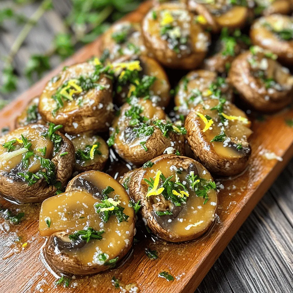 - 500g fresh button mushrooms, cleaned and stems trimmed - 4 tablespoons unsalted butter - 4 cloves garlic, minced - 1 tablespoon fresh parsley, chopped - 1 tablespoon fresh thyme, chopped - 1 teaspoon fresh rosemary, chopped - Salt and pepper to taste - 1 tablespoon lemon juice - Zest of half a lemon - Optional: Grated Parmesan cheese for garnish When I make herbed garlic butter mushrooms, I love using fresh button mushrooms. They have a nice texture and flavor. You can also try cremini or shiitake mushrooms for a deeper taste. I use unsalted butter as it allows me to control the salt level. If you're dairy-free, you can use vegan butter. The garlic adds zest, while the fresh herbs brighten the dish. You can switch fresh herbs for dried ones, but use less. Dried herbs are stronger than fresh. The lemon juice and zest elevate the flavor. They add a nice zing to the rich butter. For an extra treat, sprinkle some grated Parmesan cheese on top before serving. It gives a great salty kick to the dish. This dish is quick and easy to prepare. You can enjoy it as a side or main dish. For the full recipe, check out the instructions above. 1. Cleaning and trimming mushrooms: Start with fresh button mushrooms. Rinse them gently under cool water to remove dirt. Pat them dry with a paper towel. Trim the stems to about half an inch. This helps them fit well in your dish. 2. Pre-measuring ingredients: Measure out all your ingredients ahead of time. You'll need: - 500g fresh button mushrooms - 4 tablespoons unsalted butter - 4 cloves garlic, minced - 1 tablespoon fresh parsley, chopped - 1 tablespoon fresh thyme, chopped - 1 teaspoon fresh rosemary, chopped - Salt and pepper to taste - 1 tablespoon lemon juice - Zest of half a lemon - Optional: Grated Parmesan cheese for garnish Having everything ready makes cooking smoother. 1. Melting the butter and sautéing garlic: In a large skillet, melt the butter over medium heat. Wait until it becomes foamy but not browned. Add the minced garlic. Sauté for about one minute until you smell its rich aroma. Be careful not to burn it. 2. Cooking the mushrooms until golden brown: Once the garlic is ready, increase the heat to medium-high. Add the cleaned mushrooms to the skillet. Stir them well to coat in the garlic butter. Cook for about 5 to 7 minutes, stirring every now and then. Look for a golden brown color and tenderness. 3. Adding herbs and seasonings: After the mushrooms are cooked, add the chopped parsley, thyme, and rosemary. Pour in the lemon juice and sprinkle the lemon zest. Toss everything together to mix. Season with salt and pepper to taste. Cook for another one to two minutes. This lets the herbs’ flavors blend well with the mushrooms. - Serving suggestions: Serve your herbed garlic butter mushrooms hot. A rustic wooden board or a cast-iron skillet makes a great presentation. Garnish with fresh herb sprigs and a sprinkle of extra cheese if you like. Pair with crusty bread for dipping. - Essential cooking tips for best results: Always use fresh ingredients for the best flavor. If you want extra depth, try different butter brands. To prevent sogginess, avoid overcrowding the skillet. This way, the mushrooms can brown nicely. For the complete recipe, check out the [Full Recipe]. To get perfectly sautéed mushrooms, heat your skillet first. Use medium heat to melt the butter until it foams. Avoid high heat at first; this helps the mushrooms cook evenly. When you add the mushrooms, don’t overcrowd the pan. This keeps them from steaming and makes them soggy. Cook them in batches if needed. Stir them gently, so they get a nice brown color all over. To boost the flavor, think about using different herbs. You can add fresh basil or oregano for a unique twist. A pinch of red pepper flakes adds warmth too. Choose high-quality butter for a richer taste. Grass-fed butter has a deeper flavor that pairs well with the mushrooms. You can even try a mix of butters for interesting notes. These mushrooms shine as a side dish. They pair well with grilled meats or roasted veggies. A fresh salad balances their richness nicely. For presentation, serve them in a cast-iron skillet or on a rustic board. Top with fresh herb sprigs or a sprinkle of Parmesan cheese. This makes for an inviting dish at gatherings. Consider serving crusty bread alongside for dipping. For the full recipe, click here [Full Recipe]. {{image_2}} You can change the taste of herbed garlic butter mushrooms by adding different herbs. Basil, oregano, or dill can add a fun twist. Each herb brings its own flavor, so feel free to mix and match. You can also make it richer by adding a splash of white wine while cooking. The wine will add depth and a slight acidity that balances the butter. If you want a creamy version, stir in a bit of heavy cream at the end. This makes the dish even more decadent and smooth. If you want a vegan version of herbed garlic butter mushrooms, simply swap the butter for vegan butter or olive oil. This keeps the dish rich while being plant-based. For those with gluten concerns, this recipe is naturally gluten-free. Just make sure to check any added ingredients, like cheese, to ensure they are gluten-free too. You can enjoy herbed garlic butter mushrooms in many ways. For a hearty meal, toss them with cooked pasta. This makes a simple yet rich herbed mushroom pasta that everyone will love. You can also use these mushrooms as a topping on homemade pizza. They add a burst of flavor that pairs well with cheese and tomato sauce. For the full recipe, check out the detailed instructions and ingredient list! To store your herbed garlic butter mushrooms, place them in an airtight container. This keeps them fresh and prevents odors from mixing. You should refrigerate them within two hours of cooking. Cooked mushrooms can last in the fridge for up to three days. After that, they may lose their taste and texture. When reheating mushrooms, aim for low and slow. You can use a skillet over medium heat. Just add a little butter or oil to keep them moist. Avoid the microwave, as it can make them rubbery. Try not to overheat them, as they can become soggy if cooked too long. Yes, you can freeze herbed garlic butter mushrooms! To do this, let them cool completely. Then, place them in a freezer-safe bag. Squeeze out as much air as possible before sealing. They can last in the freezer for up to three months. When ready to use, thaw them in the fridge overnight before reheating. How long do herbed garlic butter mushrooms last in the fridge? Herbed garlic butter mushrooms stay fresh for about 3 to 5 days in the fridge. Store them in an airtight container to keep them safe. I always recommend eating them soon for the best taste and texture. Can I use dried herbs instead of fresh? Yes, you can use dried herbs, but use less. Dried herbs are more potent. For this dish, use about one-third of the amount called for fresh herbs. This way, you still get great flavor without overwhelming the dish. What’s the best way to clean mushrooms? The best way to clean mushrooms is to wipe them with a damp cloth or paper towel. Avoid washing them under water as they can absorb moisture. This helps keep them firm and tasty. How can I make the recipe spicier? To spice up the recipe, add crushed red pepper flakes or diced fresh chili peppers. You can also add a dash of hot sauce while cooking. Just remember to add a little at a time, so it doesn't overpower the dish. What wine pairs well with herbed garlic butter mushrooms? A light white wine, like Sauvignon Blanc, pairs well with these mushrooms. The crispness of the wine complements the earthy mushrooms. If you prefer red, a light Pinot Noir works nicely too. Can I double the recipe for a larger group? Yes, you can easily double the recipe. Just ensure your skillet is large enough. If it gets crowded, the mushrooms may steam instead of sauté. Cook them in batches if needed for the best results. For the full recipe, refer back to the earlier section. In this post, I covered the essential ingredients and steps for making herbed garlic butter mushrooms. You learned how to clean, cook, and enhance these tasty treats. I also shared tips on storing leftovers and answered common questions. These mushrooms are versatile and easy to adapt for any diet. Embrace the flavors and enjoy experimenting in your kitchen. With these skills, your meals will impress family and friends. Happy cooking!