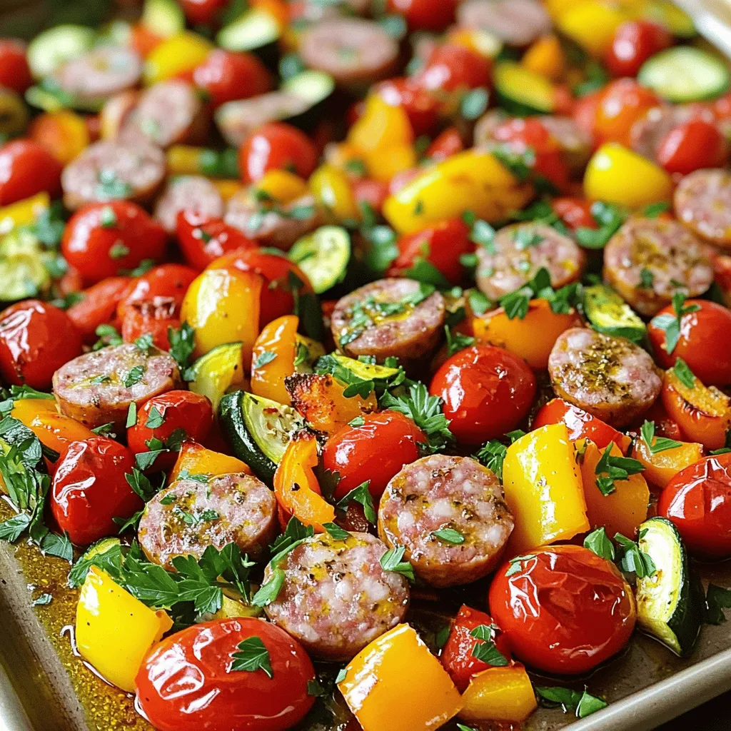 - 1 pound of chicken or turkey sausage, sliced - 1 red bell pepper, chopped - 1 yellow bell pepper, chopped - 1 zucchini, sliced - 1 red onion, cut into wedges - 1 cup of cherry tomatoes - 3 tablespoons olive oil - 2 teaspoons Italian seasoning - 1 teaspoon garlic powder - Salt and pepper to taste - Fresh parsley, chopped (for garnish) To make the Sizzlin' Sausage & Colorful Veggie Medley, you will need fresh ingredients. Start with one pound of chicken or turkey sausage. Slice it into bite-sized pieces. Next, grab a red bell pepper and a yellow bell pepper, and chop them into small pieces. You will also need one zucchini, sliced, and one red onion, cut into wedges. Don't forget about one cup of cherry tomatoes, which adds a sweet burst. Next, gather your seasonings. You will need three tablespoons of olive oil, two teaspoons of Italian seasoning, and one teaspoon of garlic powder. Add salt and pepper to taste. For a fresh touch, use chopped parsley to garnish your dish. Each serving has about 300 calories. You get around 15 grams of fat, 20 grams of protein, and 20 grams of carbs. This meal is balanced and filling. You will need a few tools to get started. Grab a sheet pan for roasting, a mixing bowl for combining the ingredients, a spatula for stirring, and measuring spoons to ensure the right amounts. Using the right equipment makes cooking easier and more fun. I suggest you have everything ready before you start cooking. This way, you can enjoy making your meal without stress. - Preheat your oven to 400°F (200°C). This step is crucial as it helps cook the sausage and veggies evenly. A hot oven gives the best roasting results. - In a large bowl, combine the sliced sausage, chopped bell peppers, zucchini, red onion, and cherry tomatoes. - Drizzle the olive oil over the mixture, then sprinkle Italian seasoning, garlic powder, salt, and pepper. Toss well to ensure all ingredients are evenly coated. Mixing everything in a bowl lets the flavors blend. This step is simple but key to great taste. - Spread the sausage and vegetable mixture evenly on a large sheet pan. - Roast in the oven for 25-30 minutes, stirring halfway through, until the sausage is browned and the veggies are tender. Arranging the mixture in a single layer on the sheet pan helps it roast well. The even heat cooks everything perfectly. Make sure to check the doneness by looking for a nice golden color on the sausage and tender veggies. Once you try this, you'll want to repeat it often! For the full recipe, refer to the earlier section. To get an even cook and nice browning, cut your veggies the same size as the sausage. This helps everything roast at the same rate. Spread the sausage and veggies on the sheet pan in one layer. If they overlap, they may steam instead of roast. Stir them halfway through cooking to ensure even browning. This simple step makes a big difference in texture. Want to kick up the flavor? Try adding smoked paprika for a warm, smoky taste. You can also mix in some red pepper flakes for heat. For a zesty twist, use lemon juice or zest before serving. Marinades can also boost the flavor. Just marinate the sausage for a few hours before cooking. It’s a great way to add depth. A beautiful dish is a joy to serve! After cooking, sprinkle fresh parsley on top. This adds a pop of color. You can also use lemon wedges on the side for a splash of freshness. Serve it on a large platter to show off the vibrant colors. For extra flair, drizzle a bit of balsamic glaze over the veggies. It not only looks nice but adds a sweet touch. {{image_2}} You can switch up the protein in this dish easily. Instead of chicken or turkey sausage, try pork sausage for a richer flavor. You can also use vegetarian sausage if you prefer plant-based options. Ground beef or chicken works well too. They will give a different taste but still cook nicely with the veggies. Feel free to get creative with your vegetables! Seasonal veggies add great flavor. Try carrots, broccoli, or asparagus for a fresh twist. Sweet potatoes add sweetness and heartiness. You can also use mushrooms or spinach for a different texture. Each veggie brings its unique taste, so mix and match! If you need gluten-free options, choose gluten-free sausage. You can also skip the sausage and use beans for protein. For a low-carb option, focus on non-starchy veggies like bell peppers and zucchini. This dish can adapt to many diets while staying tasty and colorful. Explore these options to fit your needs! To keep your sheet pan sausage and veggies fresh, store them in an airtight container. Let the dish cool down before sealing. You can refrigerate the leftovers for up to three days. If you want to keep them longer, freeze them in a freezer-safe bag. Be sure to remove as much air as possible to avoid freezer burn. When reheating, aim for the best texture and flavor. Use your oven or a toaster oven for even heating. Preheat your oven to 350°F (175°C) and place the sausage and veggies on a baking sheet. Heat for about 10-15 minutes. This method helps restore that nice crispness. If you use a microwave, cover the dish to keep moisture in, but it may not be as crispy. In the fridge, your leftovers will stay good for about three days. If you freeze them, they can last up to three months. Keep in mind, the longer you freeze, the more the flavors may change. Always check for any off-smells or changes in color before eating. You can prep this dish in advance. Start by slicing the sausage and chopping the veggies. Place them in a large bowl. Drizzle with olive oil and add the spices. Toss everything well. Cover the bowl with plastic wrap and store it in the fridge. You can keep it there for up to 24 hours. When you are ready to cook, just spread the mixture on a sheet pan and roast. This saves time on busy nights. Yes! This recipe works well with various sausages. You can use pork, beef, or plant-based sausage. Each type brings its own flavor. Chicken or turkey sausage is leaner and still very tasty. If you prefer a spicy kick, try a chorizo. Just remember to adjust cooking time if the sausage is thicker or thinner. You have many options for veggies! Bell peppers add sweetness and color. Zucchini is mild and cooks quickly. Red onion gives a nice bite. Cherry tomatoes add juiciness. You can also try broccoli, carrots, or asparagus. Just cut them to the same size as other veggies for even cooking. This keeps everything tender and tasty. Yes, this recipe is quite healthy! It includes lean protein from sausage. The veggies provide fiber, vitamins, and minerals. Olive oil adds healthy fats. Using fresh ingredients boosts the nutritional value. You can also adjust the amount of oil and salt to fit your diet. Overall, it is a balanced meal that is both satisfying and good for you. This blog post covered a tasty roasted sausage and vegetable dish. We listed fresh ingredients and shared detailed steps for preparation. You learned tips for perfecting the roast and customizing flavors. I also included storage advice to enjoy leftovers later. In summary, this meal is easy and adaptable. Try different proteins and veggies to suit your taste. Enjoy cooking and sharing this healthy dish with family and friends!