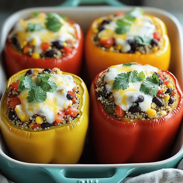 To make veggie stuffed peppers, gather these ingredients: - 4 large bell peppers (any color) - 1 cup cooked quinoa - 1 can (15 oz) black beans, rinsed and drained - 1 cup corn (fresh, frozen, or canned) - 1 medium onion, finely chopped - 2 cloves garlic, minced - 1 teaspoon cumin - 1 teaspoon paprika - 1 teaspoon chili powder - 1 cup diced tomatoes (fresh or canned) - 1 cup shredded cheese (cheddar or a dairy-free alternative) - 2 tablespoons olive oil - Salt and pepper to taste - Fresh cilantro, for garnish You can change this recipe to fit your taste. Here are some ideas: - Swap quinoa for rice or couscous. - Add chopped spinach or kale for extra greens. - Use different beans like kidney or pinto. - Spice it up with jalapeños or red pepper flakes. - Try different cheeses like mozzarella or feta. These veggie stuffed peppers are not just tasty; they are healthy too. Each serving contains good nutrients. Here is a quick overview: - Calories: About 300 per serving - Protein: 15g - Fiber: 10g - Carbohydrates: 45g - Fat: 10g This dish offers a great balance of protein, carbs, and healthy fats. You can enjoy a filling meal that is also good for you! If you want to know more details, check the Full Recipe. Start by preheating your oven to 375°F (190°C). Take your large bell peppers and slice the tops off. Make sure to remove the seeds and membranes. If the peppers wobble, trim the bottoms a bit. This helps them stand tall in the dish. In a large skillet, heat two tablespoons of olive oil over medium heat. Add one medium chopped onion and sauté it for 3-4 minutes until it softens. Then, stir in two minced garlic cloves and cook for one more minute. This brings out a lovely smell. Next, add one cup of cooked quinoa, one can of rinsed black beans, one cup of corn, and one cup of diced tomatoes. Sprinkle in one teaspoon of cumin, paprika, chili powder, and season with salt and pepper. Mix it all well and cook for about five minutes. Finally, stir in half of the one cup of shredded cheese to the mix. Time to fill the peppers! Spoon the veggie mixture generously into each pepper. Press it down gently to pack it in. Top each pepper with the rest of the shredded cheese. Place the stuffed peppers upright in a baking dish. Pour a small amount of water into the bottom of the dish. This helps steam the peppers while they bake. Cover the dish with foil and bake for 25 minutes. After that, remove the foil and bake for another 15 minutes. The peppers should be tender, and the cheese should be melted and bubbly. Once done, take them out and garnish with fresh cilantro. Enjoy your colorful, tasty meal! For the full recipe, check here. Seasoning is key for great flavor in your veggie stuffed peppers. I love using cumin, paprika, and chili powder. These spices give a warm taste to the filling. You can also add some Italian herbs for a different twist. A dash of lime juice adds freshness. Don’t forget to taste as you go. Adjust the salt and pepper to fit your liking. You can cook stuffed peppers in the oven or air fryer. The oven gives them a nice, even cook. Preheat it to 375°F (190°C) for best results. Cover the dish with foil to keep moisture in while baking. If you want a quicker option, try the air fryer. It cooks them faster and can make the peppers a bit crispy. Set the air fryer to 350°F (175°C) and cook for about 15-20 minutes. Check for doneness to ensure the peppers are tender. Texture adds to the joy of eating. To make the filling more exciting, mix in nuts or seeds. Chopped walnuts or sunflower seeds add crunch. You can also use a mix of grains. Try brown rice or farro instead of quinoa for a chewy bite. Adding some sautéed mushrooms can boost the umami flavor, making the dish richer. For a creamier texture, mix in a bit of cream cheese or sour cream before stuffing the peppers. Enjoy customizing your veggie stuffed peppers for the best flavor! Check out the Full Recipe for more details. {{image_2}} If you want to make these veggie stuffed peppers vegan, you can skip the cheese. There are many great options. Use cashew cheese, which you can make by blending soaked cashews with lemon juice and nutritional yeast. You can also try coconut yogurt. It adds creaminess without dairy. Another option is using a vegan cheese brand. Many taste great and melt well. You can swap quinoa for other grains. Brown rice or farro work well. They add different textures and flavors. For legumes, try lentils or chickpeas instead of black beans. Both bring protein and fiber. They also make the dish heartier. Mix and match to find what you like best. Using seasonal veggies can boost flavor and nutrition. In summer, add zucchini or eggplant for a fresh taste. Fall is great for roasted butternut squash. Winter calls for hearty greens like kale or spinach. Just chop them up and mix them in with the filling. This way, your stuffed peppers will always stay exciting and new. For the full recipe, check out the main article. To keep your veggie stuffed peppers fresh, allow them to cool first. Place them in an airtight container. They can stay in the fridge for up to 4 days. If you want to store them longer, consider freezing. When you’re ready to eat, you can reheat them in the oven or microwave. For the oven, preheat it to 350°F (175°C). Place the stuffed peppers in a baking dish and cover with foil. Heat for about 20 minutes, or until warm. In the microwave, heat for 2 to 3 minutes. Make sure they are hot all the way through. To freeze your stuffed peppers, wrap each one in plastic wrap. Then place them in a freezer-safe bag. They can stay frozen for up to 3 months. When you’re ready to enjoy them, thaw them in the fridge overnight before reheating. This way, they keep their flavor and texture. For the full recipe, check the earlier section. You can use rice, farro, or couscous instead of quinoa. Each adds a different texture. Brown rice gives a nutty flavor, while couscous cooks faster. You can even use lentils for added protein. Just ensure you adjust cooking times based on the grain you choose. Yes, you can prepare them a day in advance. Cook the filling and stuff the peppers. Cover them and store in the fridge. When ready to bake, just pop them in the oven. They may need a few extra minutes to heat through. To add spice, include jalapeños or red pepper flakes in the filling. You can also use spicy cheese for an extra kick. For more flavor, try adding herbs like oregano or fresh basil. This will elevate the taste and make your stuffed peppers shine. Veggie stuffed peppers are tasty and easy to make. We covered the key ingredients, step-by-step instructions, and helpful tips. You can customize your peppers with different veggies and grains. Remember to store your leftovers properly for later enjoyment. In the end, stuffed peppers are a fun way to get creative in the kitchen. Try new flavors and make them your own! Enjoy your cooking and have fun with this dish.