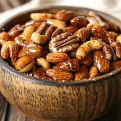 To make Sweet and Spicy Roasted Nuts, you will need a few simple ingredients. Here’s the list: - 2 cups mixed nuts (almonds, cashews, walnuts, pecans) - 1 tablespoon olive oil - 2 tablespoons brown sugar - 1 tablespoon honey - 1 teaspoon cayenne pepper (adjust to taste) - 1 teaspoon smoked paprika - 1/2 teaspoon sea salt - 1/2 teaspoon ground cinnamon - 1/4 teaspoon nutmeg - Zest of 1 orange These ingredients blend sweet and spicy flavors perfectly. The mix of nuts adds crunch and healthy fats. Olive oil helps the spices stick while adding flavor. Brown sugar and honey give sweetness. Cayenne pepper and smoked paprika add heat and depth. Sea salt enhances all the flavors. Cinnamon and nutmeg provide warmth, while orange zest brightens the mix. When you combine these ingredients, you create a snack that is hard to resist. Each bite gives you a sweet start, followed by a spicy kick. The balance of flavors makes these nuts great for any occasion. You can enjoy them during movie night or serve them at a party. For the complete recipe and steps, check the Full Recipe to make your own batch of these tasty roasted nuts! First, preheat your oven to 350°F (175°C). This temperature is key for roasting. Next, gather a mixing bowl and a baking sheet. Line the baking sheet with parchment paper. This helps with easy cleanup later. In your mixing bowl, mix together the olive oil, brown sugar, and honey. Add cayenne pepper, smoked paprika, sea salt, ground cinnamon, nutmeg, and the zest of one orange. Stir until the mixture is smooth and well blended. This mix will create a sweet and spicy coating. Now, add the mixed nuts into the bowl. Stir well to coat each nut with the sweet and spicy mixture. Spread the coated nuts evenly on the prepared baking sheet. Roast them in the oven for 15-20 minutes. Remember to stir halfway through cooking. This ensures even roasting and prevents burning. Keep a close eye on them. When they look golden and smell great, take them out. Let them cool for about 10 minutes on the baking sheet. They will get crunchier as they cool. After cooling, break apart any clumps and store them in an airtight container. For the full recipe, check the detailed instructions above. How to avoid burning the nuts Burnt nuts taste bitter and ruin your snack. To avoid this, set a timer for 15 minutes. Watch closely as they roast. If they start to darken too much, take them out early. Each oven heats differently, so trust your eyes. Stirring and monitoring tips Stir the nuts halfway through roasting. This helps them cook evenly. Use a spatula to flip them gently. Keep an eye on them, especially towards the end. The nuts should be golden brown and smell amazing when done. Adjusting spice levels to taste You can make these nuts as spicy or mild as you like. Start with one teaspoon of cayenne pepper. If you want more heat, add more as you mix. Taste the coating before adding the nuts for a better idea. Suggestions for ingredient substitutions Feel free to swap ingredients based on what you have. If you lack honey, use maple syrup. Don't have smoked paprika? Regular paprika works too. You can also use different nuts if you prefer. Try pistachios or hazelnuts for a fun twist. For the full recipe, check the section above. {{image_2}} You can change the flavors of your roasted nuts in fun ways. For a savory twist, add garlic powder. This gives the nuts a rich taste. You might also want to try adding a bit of chili powder for some extra heat. If you prefer something sweeter, add vanilla or maple syrup. These add a nice touch to the nuts without being too overpowering. You can even mix a bit of cocoa powder for a chocolatey flavor. Experiment with different spices to find your favorite balance. When making roasted nuts, choose a mix that you love. Almonds, cashews, walnuts, and pecans work great together. Each nut offers its unique taste and crunch. You can also mix in nuts like hazelnuts or macadamia nuts for extra flavor. Don’t forget about seeds! Pumpkin seeds and sunflower seeds can add a different texture. They roast well and soak up the spices nicely. Mixing nuts and seeds gives your snack a delightful crunch and a variety of flavors. For the full recipe, check the section above. To keep your sweet and spicy roasted nuts fresh, use airtight containers. Glass jars or plastic bins work well. Make sure they close tightly. This helps keep moisture out, which can make your nuts soft. To maintain crispiness, store them in a cool, dark place. Avoid sunlight or heat sources. If you notice any clumps, gently break them apart before sealing. This way, every nut stays crunchy and tasty. Sweet and spicy roasted nuts can last up to two weeks when stored properly. After this time, they may lose their crispness or flavor. Look for signs of spoilage. If your nuts smell off or taste stale, it's best to throw them away. Always trust your senses. Keeping your roasted nuts fresh ensures that every bite is as yummy as the first. Enjoy every crunch! Can I use pre-packaged mixed nuts? Yes, you can use pre-packaged mixed nuts. They save time and still taste great. Just check the ingredients. Some may have added salt or oils. You can adjust your seasoning based on this. Are there any dietary restrictions to consider? Yes, consider allergies. Some people may be allergic to nuts. Always check with guests before serving. If someone is allergic, you can try seeds like sunflower or pumpkin. These are great alternatives. Best ways to serve these roasted nuts Serve the sweet and spicy roasted nuts in a rustic wooden bowl. A glass jar with a ribbon makes a nice gift. You can also serve them on a platter at parties. They look great and taste even better. Suggestions for pairing with beverages or dishes Pair these nuts with drinks like wine or beer. They also go well with cocktails. For dishes, try serving them alongside cheese or charcuterie boards. The flavors complement each other nicely. Nutritional benefits of mixed nuts Mixed nuts are packed with protein and healthy fats. They can help keep you full and satisfied. They also contain fiber, vitamins, and minerals that are good for your body. How the spices used contribute to health The spices add flavor and health benefits. For example, cayenne pepper may boost metabolism. Cinnamon can help regulate blood sugar. These spices not only enhance taste but also support your health. This blog post covered how to make sweet and spicy roasted nuts. We discussed the ingredients, steps for preparation, and roasting. I shared tips for the perfect flavor and storage methods. Roasting nuts at home is fun and easy. You can adjust flavors and keep them fresh. Enjoy your mix as a snack or with drinks. With these simple tricks, you can impress guests or treat yourself!