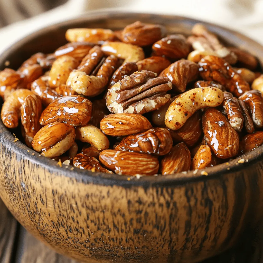 To make Sweet and Spicy Roasted Nuts, you will need a few simple ingredients. Here’s the list: - 2 cups mixed nuts (almonds, cashews, walnuts, pecans) - 1 tablespoon olive oil - 2 tablespoons brown sugar - 1 tablespoon honey - 1 teaspoon cayenne pepper (adjust to taste) - 1 teaspoon smoked paprika - 1/2 teaspoon sea salt - 1/2 teaspoon ground cinnamon - 1/4 teaspoon nutmeg - Zest of 1 orange These ingredients blend sweet and spicy flavors perfectly. The mix of nuts adds crunch and healthy fats. Olive oil helps the spices stick while adding flavor. Brown sugar and honey give sweetness. Cayenne pepper and smoked paprika add heat and depth. Sea salt enhances all the flavors. Cinnamon and nutmeg provide warmth, while orange zest brightens the mix. When you combine these ingredients, you create a snack that is hard to resist. Each bite gives you a sweet start, followed by a spicy kick. The balance of flavors makes these nuts great for any occasion. You can enjoy them during movie night or serve them at a party. For the complete recipe and steps, check the Full Recipe to make your own batch of these tasty roasted nuts! First, preheat your oven to 350°F (175°C). This temperature is key for roasting. Next, gather a mixing bowl and a baking sheet. Line the baking sheet with parchment paper. This helps with easy cleanup later. In your mixing bowl, mix together the olive oil, brown sugar, and honey. Add cayenne pepper, smoked paprika, sea salt, ground cinnamon, nutmeg, and the zest of one orange. Stir until the mixture is smooth and well blended. This mix will create a sweet and spicy coating. Now, add the mixed nuts into the bowl. Stir well to coat each nut with the sweet and spicy mixture. Spread the coated nuts evenly on the prepared baking sheet. Roast them in the oven for 15-20 minutes. Remember to stir halfway through cooking. This ensures even roasting and prevents burning. Keep a close eye on them. When they look golden and smell great, take them out. Let them cool for about 10 minutes on the baking sheet. They will get crunchier as they cool. After cooling, break apart any clumps and store them in an airtight container. For the full recipe, check the detailed instructions above. How to avoid burning the nuts Burnt nuts taste bitter and ruin your snack. To avoid this, set a timer for 15 minutes. Watch closely as they roast. If they start to darken too much, take them out early. Each oven heats differently, so trust your eyes. Stirring and monitoring tips Stir the nuts halfway through roasting. This helps them cook evenly. Use a spatula to flip them gently. Keep an eye on them, especially towards the end. The nuts should be golden brown and smell amazing when done. Adjusting spice levels to taste You can make these nuts as spicy or mild as you like. Start with one teaspoon of cayenne pepper. If you want more heat, add more as you mix. Taste the coating before adding the nuts for a better idea. Suggestions for ingredient substitutions Feel free to swap ingredients based on what you have. If you lack honey, use maple syrup. Don't have smoked paprika? Regular paprika works too. You can also use different nuts if you prefer. Try pistachios or hazelnuts for a fun twist. For the full recipe, check the section above. {{image_2}} You can change the flavors of your roasted nuts in fun ways. For a savory twist, add garlic powder. This gives the nuts a rich taste. You might also want to try adding a bit of chili powder for some extra heat. If you prefer something sweeter, add vanilla or maple syrup. These add a nice touch to the nuts without being too overpowering. You can even mix a bit of cocoa powder for a chocolatey flavor. Experiment with different spices to find your favorite balance. When making roasted nuts, choose a mix that you love. Almonds, cashews, walnuts, and pecans work great together. Each nut offers its unique taste and crunch. You can also mix in nuts like hazelnuts or macadamia nuts for extra flavor. Don’t forget about seeds! Pumpkin seeds and sunflower seeds can add a different texture. They roast well and soak up the spices nicely. Mixing nuts and seeds gives your snack a delightful crunch and a variety of flavors. For the full recipe, check the section above. To keep your sweet and spicy roasted nuts fresh, use airtight containers. Glass jars or plastic bins work well. Make sure they close tightly. This helps keep moisture out, which can make your nuts soft. To maintain crispiness, store them in a cool, dark place. Avoid sunlight or heat sources. If you notice any clumps, gently break them apart before sealing. This way, every nut stays crunchy and tasty. Sweet and spicy roasted nuts can last up to two weeks when stored properly. After this time, they may lose their crispness or flavor. Look for signs of spoilage. If your nuts smell off or taste stale, it's best to throw them away. Always trust your senses. Keeping your roasted nuts fresh ensures that every bite is as yummy as the first. Enjoy every crunch! Can I use pre-packaged mixed nuts? Yes, you can use pre-packaged mixed nuts. They save time and still taste great. Just check the ingredients. Some may have added salt or oils. You can adjust your seasoning based on this. Are there any dietary restrictions to consider? Yes, consider allergies. Some people may be allergic to nuts. Always check with guests before serving. If someone is allergic, you can try seeds like sunflower or pumpkin. These are great alternatives. Best ways to serve these roasted nuts Serve the sweet and spicy roasted nuts in a rustic wooden bowl. A glass jar with a ribbon makes a nice gift. You can also serve them on a platter at parties. They look great and taste even better. Suggestions for pairing with beverages or dishes Pair these nuts with drinks like wine or beer. They also go well with cocktails. For dishes, try serving them alongside cheese or charcuterie boards. The flavors complement each other nicely. Nutritional benefits of mixed nuts Mixed nuts are packed with protein and healthy fats. They can help keep you full and satisfied. They also contain fiber, vitamins, and minerals that are good for your body. How the spices used contribute to health The spices add flavor and health benefits. For example, cayenne pepper may boost metabolism. Cinnamon can help regulate blood sugar. These spices not only enhance taste but also support your health. This blog post covered how to make sweet and spicy roasted nuts. We discussed the ingredients, steps for preparation, and roasting. I shared tips for the perfect flavor and storage methods. Roasting nuts at home is fun and easy. You can adjust flavors and keep them fresh. Enjoy your mix as a snack or with drinks. With these simple tricks, you can impress guests or treat yourself!