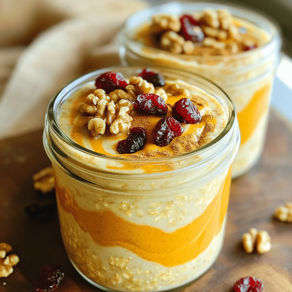 To make pumpkin spice overnight oats, gather these key ingredients: - 1 cup rolled oats - 1 cup almond milk (or any milk of choice) - 1/2 cup canned pumpkin puree - 1 tablespoon maple syrup (or honey) - 1 teaspoon pumpkin pie spice - 1/2 teaspoon vanilla extract - 1/4 cup Greek yogurt (optional for creaminess) - A pinch of salt - Chopped nuts (walnuts or pecans) for topping - Dried cranberries or raisins for garnish These ingredients create a creamy, spiced oatmeal that tastes like fall in a jar. The oats soak up the flavors while you sleep, making breakfast easy and quick. You can play with flavors by swapping or adding ingredients. Try using: - Coconut milk for a tropical twist - Brown sugar instead of maple syrup for a deeper flavor - Nutmeg or cinnamon for extra warmth These small changes can alter the taste and keep your breakfast exciting. Each variation gives you a new way to enjoy your oats. Want to boost the nutrition? Here are some great add-ins: - Chia seeds for fiber and omega-3s - Flaxseeds for healthy fats - Protein powder for an extra protein kick Adding these ingredients not only enhances health but also makes your overnight oats more filling. Customize your oats to fit your dietary needs or preferences. Remember, you can find the full recipe for detailed steps. Start by gathering your ingredients. You will need: - 1 cup rolled oats - 1 cup almond milk (or any milk of choice) - 1/2 cup canned pumpkin puree - 1 tablespoon maple syrup (or honey) - 1 teaspoon pumpkin pie spice - 1/2 teaspoon vanilla extract - 1/4 cup Greek yogurt (optional for creaminess) - A pinch of salt - Chopped nuts (walnuts or pecans) for topping - Dried cranberries or raisins for garnish In a mixing bowl, combine the rolled oats, almond milk, and pumpkin puree. Add maple syrup, pumpkin pie spice, vanilla extract, and salt. If you want a creamier texture, mix in Greek yogurt. Stir everything until it blends well. After mixing, divide the oatmeal mixture into two jars or containers. Seal the lids tightly. This helps keep the oats fresh. Place the jars in the fridge overnight. If you are short on time, let them soak for at least four hours. This soaking time allows the oats to absorb the flavors and liquids. When you are ready to eat, take the jars out of the fridge. Give the oats a good stir to mix the layers. Top with your choice of chopped nuts for crunch. Add dried cranberries or raisins for sweetness. For a pretty touch, serve the oats in clear jars. You can sprinkle extra pumpkin pie spice on top to make it look even better. Check out the Full Recipe for more tips! To make your pumpkin spice overnight oats smooth, use rolled oats. They soak well and keep a nice bite. Blend the oats with almond milk and pumpkin puree for creamy goodness. You can add Greek yogurt for extra creaminess. The mix of pumpkin pie spice and vanilla extract gives it a warm flavor. If you find the oats too thick, add a bit more milk to adjust the texture. You can prepare these overnight oats in just ten minutes. Store them in jars for easy grab-and-go meals. Keep the jars sealed in the fridge for up to three days. When ready to eat, stir well. You can top them with chopped nuts or dried cranberries for crunch. Serve in clear jars to show off the layers. A sprinkle of extra pumpkin pie spice on top makes for a lovely finish. If you want a lighter option, try using unsweetened almond milk. Swap maple syrup for a bit of mashed banana. This adds sweetness without extra sugar. For protein, consider adding chia seeds or flaxseeds. They blend in well and boost nutrition. You can also skip the yogurt and stick with just oats. This keeps it simple while still tasting great. For the full recipe, check out Pumpkin Spice Overnight Oats ! {{image_2}} You can change the spices for different seasons. In fall, stick with pumpkin pie spice. In winter, try cinnamon and nutmeg for warmth. For spring, consider adding fresh ginger or cardamom. These tweaks keep your oats exciting all year. If you want a dairy-free version, use almond milk or oat milk. Skip the Greek yogurt to keep it vegan, or swap it with coconut yogurt. This way, you enjoy creamy oats without any dairy. Fruits and nuts boost flavor and nutrition. Add sliced bananas, berries, or apples for sweetness. Nuts, like walnuts or pecans, give a nice crunch. You can also mix in chia seeds for extra fiber. The more you add, the more fun it gets! For the full recipe, check out the main section. To keep your pumpkin spice overnight oats fresh, store them in airtight containers. Glass jars work great. Make sure the lids seal tightly. This helps prevent any odors from your fridge from getting in. Your oats will stay fresh for up to five days in the fridge. The flavors will deepen over time. If you notice any changes in smell or color, it's best to toss them. To enjoy your oats warm, you can heat them in the microwave. Start with 30 seconds on high. Stir well and check the temperature. If it's not warm enough, heat in 10-second bursts. Add a splash of almond milk if they seem too thick. Enjoy your warm oats with toppings for extra flavor! For the full recipe, check out the detailed instructions provided above. Yes, you can use quick oats. Quick oats cook faster and absorb liquid more quickly. This might change the texture a bit. Your overnight oats may be creamier and softer. If you like that, go for it! To lower the sugar, simply reduce the maple syrup. You can use less than one tablespoon. You can also skip it completely. Use spices like cinnamon to add sweetness without sugar. This keeps your oats tasty and healthy. Yes, it’s fine to leave out Greek yogurt. The oats will still taste great without it. However, the yogurt adds creaminess and protein. If you want a thicker texture, consider adding more oats or nut butter. In this article, we explored the essential ingredients and preparation steps for your oat recipe. We looked at flavor variations, add-ins, and tips to perfect texture. With ideas for storage and answers to common questions, you now have the tools to make it your own. Remember, cooking is about fun and creativity. Try different flavors, adjust as needed, and enjoy your healthy treats. Cooking should inspire joy and wellness, so dive in and have fun!