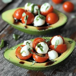 - 2 ripe avocados - 1 cup cherry tomatoes, halved - 1 cup fresh mozzarella balls, halved - 1/4 cup fresh basil leaves, chopped - 2 tablespoons balsamic glaze - 1 tablespoon extra virgin olive oil - Salt and pepper to taste When you make Caprese Stuffed Avocado, start with ripe avocados. They should feel slightly soft when you press them. Next, gather sweet cherry tomatoes. Their bright color adds great flavor. Fresh mozzarella balls bring creaminess and a chewy texture. You will also need fresh basil leaves. Their smell alone makes this dish special. Then, balsamic glaze adds a tangy sweetness. Extra virgin olive oil gives richness. Finally, salt and pepper enhance all the flavors. This simple dish uses fresh, high-quality ingredients. I always recommend using the best you can find. For the full recipe, check out the instructions later in the article. 1. Cutting and preparing avocados Start by cutting the ripe avocados in half. Use a sharp knife for safety. Carefully remove the pit with a spoon. This step is key for avoiding mess. Next, use a spoon to scoop out a little flesh from each half. This creates space for the filling. 2. Mixing Caprese ingredients In a bowl, combine the halved cherry tomatoes, mozzarella balls, and chopped basil. This mixture brings fresh flavors together. Drizzle in the olive oil and balsamic glaze. Season with salt and pepper to taste. Toss gently to combine so all the flavors mix. 3. Stuffing the avocado halves Now it’s time to fill the avocado halves. Spoon the Caprese mixture into each half. Make sure to pack it well for a full bite. Each half should look colorful and inviting. 1. Drizzling balsamic glaze To make your dish pop, drizzle a little more balsamic glaze on top. This adds a glossy finish and extra flavor. It draws the eye and enhances taste. 2. Garnishing with basil Finish your dish by garnishing with a few extra basil leaves. This adds a fresh touch and enhances the aroma. It makes the dish look more appealing and vibrant. What are the signs of ripeness? Look for avocados that feel slightly soft when you press them. The skin color can vary by type. For Hass avocados, dark skin usually means ripeness. Avoid ones with large dark spots or dents. How should I store avocados? If they are not ripe, place them on the counter. When ripe, keep them in the fridge to slow down spoilage. You can also store cut avocado with lemon juice to keep it fresh longer. What are ideal pairings for Caprese Stuffed Avocado? Pair this dish with crusty bread or a fresh side salad. A light white wine, like Sauvignon Blanc, complements the flavors well. For a heartier meal, serve with grilled chicken or shrimp. What are good portion sizes and presentation ideas? Each half avocado serves one person. You can place them on a colorful plate for a pop of color. Drizzle extra balsamic glaze over the top for a fancy touch. Add a few basil leaves for garnish and extra flavor. For the complete recipe, check out the Full Recipe. {{image_2}} You can change the flavors in Caprese Stuffed Avocado easily. Instead of fresh mozzarella, try feta or goat cheese. These choices add a nice tang. For the tomatoes, cherry tomatoes work great, but you can use grape tomatoes or even diced heirloom tomatoes. Each type brings a unique taste and texture. Want to make your dish even better? Adding proteins can transform it. Grilled chicken or shrimp can make the meal more filling. Cook the protein with some herbs for extra flavor. You can also play with herbs and spices. Try adding oregano or a pinch of red pepper flakes for a kick. Fresh thyme or chives can add a lovely touch. These simple swaps and additions can keep your Caprese Stuffed Avocado exciting and new. Explore these variations to find your favorite! For the full recipe, check out the Caprese Stuffed Avocado section. To keep your Caprese stuffed avocado fresh, store any leftovers in the fridge. Place the stuffed halves in an airtight container. This prevents browning and keeps the flavors strong. You can also squeeze some lemon juice on top to slow down browning. For the ingredients, store unused avocados at room temperature until ripe. Once ripe, you should store them in the fridge. Keep cherry tomatoes on the counter, away from direct light. Store mozzarella balls in their brine to keep them fresh. Fresh basil should be in a glass of water, like a flower. Cover it loosely with a plastic bag. Reheating stuffed avocados is tricky but possible. Start by using the oven for best results. Preheat your oven to 350°F (175°C). Place the avocados on a baking sheet. Heat them for about 10 minutes. This warms them through without making them mushy. You can also use the microwave. But be careful, as it can make the avocado too soft. Heat on low power for about 30 seconds. Check often to avoid overheating. Enjoy your meal warm, but fresh is always best! Can I prepare Caprese Stuffed Avocado in advance? Yes, you can prepare the filling in advance. Mix the tomatoes, mozzarella, and basil. Store them in the fridge. Cut the avocados just before serving. This keeps them fresh and green. Is this dish suitable for meal prep? Yes, it is great for meal prep! You can keep the filling and avocados separate. This way, you can enjoy a fresh meal all week long. Just stuff the avocados when you're ready to eat. What can I serve with Caprese Stuffed Avocado? You can serve this dish with a simple salad or crusty bread. A light soup pairs well too. It also makes a great starter for a dinner party. How can I make this recipe vegan? To make it vegan, swap the mozzarella for a plant-based cheese. You can also use tofu for added protein. The rest of the ingredients are already vegan-friendly. Enjoy your tasty, plant-based meal! For the full recipe, check the Caprese Stuffed Avocado section. Caprese stuffed avocados combine simple ingredients for a fresh and tasty dish. We covered how to prepare, present, and store this meal, plus tips on choosing ripe avocados. You can enhance flavors with different proteins or herbs. This dish is fun and flexible for any occasion. Remember, great meals start with fresh ingredients. Enjoy making this simple, healthy recipe!