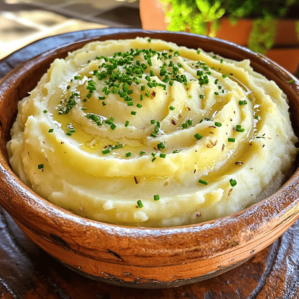 To make creamy garlic mashed potatoes, gather these key items: - 2 pounds Yukon Gold potatoes, peeled and cubed - 1 head of garlic, roasted - 1/2 cup unsalted butter, softened - 1/2 cup heavy cream - 1/2 cup sour cream - Salt to taste - Freshly cracked black pepper to taste - Fresh chives, chopped (for garnish) These simple ingredients create a rich and flavorful dish. Yukon Gold potatoes are my favorite. They have a natural creaminess that shines through when mashed. Roasted garlic adds a sweet, rich flavor. Butter, cream, and sour cream make the potatoes smooth and decadent. You can mix things up with these optional ingredients: - Grated Parmesan cheese - Fresh herbs like thyme or rosemary - Cream cheese for extra richness - A splash of milk for a lighter texture These additions can enhance the flavor or texture. Cheese will make it more savory, while herbs add a fresh touch. If you need alternatives, consider these substitutes: - Russet potatoes instead of Yukon Gold - Olive oil in place of butter for a lighter option - Greek yogurt instead of sour cream for a tangy twist - Almond milk for a dairy-free version Using substitutes can help fit your diet or taste. Russet potatoes will still give you a fluffy texture, while Greek yogurt adds protein. These choices keep the dish delicious while meeting your needs. For the full recipe, check out the Heavenly Creamy Garlic Mashed Potatoes. Start by peeling and cubing 2 pounds of Yukon Gold potatoes. This type is great for creamy mashed potatoes. Place the cubed potatoes in a large pot. Cover them with cold water. Add a pinch of salt to enhance flavor. Bring the pot to a boil over high heat. Once boiling, reduce the heat to medium. Let the potatoes simmer for about 15 to 20 minutes. Test them with a fork. They should be fork-tender when ready. While the potatoes cook, prepare the garlic. Take one head of garlic and slice off the top. Drizzle it with a bit of olive oil to add flavor. Wrap the garlic in foil tightly. Preheat your oven to 400°F (200°C). Roast the garlic for about 30 minutes. It should become soft and caramelized. This method brings out the sweet flavor of garlic. Once the potatoes are cooked, drain them well. Return the potatoes to the pot. Squeeze the roasted garlic cloves into the pot. Add 1/2 cup of softened unsalted butter, 1/2 cup of heavy cream, and 1/2 cup of sour cream. Stir in salt and freshly cracked black pepper to taste. Use a potato masher or a hand mixer to mash everything together. Aim for a creamy texture, but do not over-mix. Adjust the seasoning if needed. Finally, transfer the mashed potatoes to a serving bowl. Garnish with freshly chopped chives for a pop of color. Enjoy this creamy garlic mashed potato dish as a perfect side for any meal. For the full recipe, check the details above. To get creamy garlic mashed potatoes, use Yukon Gold potatoes. They are soft and buttery. Boil them until fork-tender, about 15-20 minutes. Make sure to drain them well. When you mash the potatoes, add in the butter, heavy cream, and sour cream. This mix gives the potatoes their rich texture. You can use a potato masher or a hand mixer. Be gentle, though. Over-mixing can make them gluey. Seasoning is key to great flavor. Always add salt to the boiling water. This helps the potatoes absorb the salt. After mashing, taste your potatoes. Add more salt or freshly cracked black pepper as needed. Fresh chives make a lovely garnish. They add a pop of color and a fresh taste. You can also try adding garlic powder for an extra kick. One common mistake is using the wrong potatoes. Avoid starchy potatoes like Russets; they can be too dry. Another mistake is not draining the potatoes well. Excess water can dilute the flavor and creaminess. Also, don’t skip the roasting of the garlic. This step adds depth and sweetness to your dish. For the full recipe, check the link provided earlier in this article. {{image_2}} To add a fresh twist, use herbs. Try adding fresh rosemary or thyme to your mashed potatoes. Chop about a tablespoon of each and mix them in with the garlic and cream. The herbs bring a bright flavor that pairs well with the garlic. You can also use dried herbs if fresh ones aren't available. Just use half the amount, as dried herbs have a stronger taste. If you love cheese, this variation is for you. Stir in a cup of shredded cheese before mashing. Cheddar cheese adds a sharp flavor, while cream cheese gives a rich creaminess. For a fun twist, consider adding blue cheese for a bold taste. Just remember, cheese can make the dish saltier, so adjust your salt accordingly. You can still enjoy this dish without dairy. Use plant-based milk, like almond or oat milk, instead of cream. Swap the butter for vegan butter or olive oil. For a creamy texture, use cashew cream or silken tofu. They blend well and provide a rich taste. This way, everyone can enjoy creamy garlic mashed potatoes. Feel free to explore these variations to find your favorite! For the complete recipe, check out the Full Recipe section. After enjoying your creamy garlic mashed potatoes, let them cool. Place them in an airtight container. Store them in the fridge for up to three days. If you want them to last longer, consider freezing them. To reheat, take the mashed potatoes out of the fridge. You can use a microwave or stovetop. If using the microwave, heat in short bursts, stirring between. This helps to keep them creamy. If using the stovetop, add a splash of milk or cream to keep them smooth. Heat on low, stirring often. These mashed potatoes freeze well. Scoop them into freezer-safe containers. Leave some space at the top for expansion. Label the containers with the date. They can stay in the freezer for up to three months. When ready to eat, thaw them overnight in the fridge. Reheat as described above. Enjoy your creamy garlic mashed potatoes anytime! For the complete recipe, check out the Full Recipe. The best potatoes for creamy garlic mashed potatoes are Yukon Gold. They are smooth and buttery. Their natural sweetness adds depth to the dish. You can also use Russet potatoes, but they can be a bit drier. Yukon Gold potatoes give you the best creamy texture. Yes, you can make creamy garlic mashed potatoes ahead of time. Prepare them and store in an airtight container. Keep them in the fridge for up to two days. To reheat, place them in a pot over low heat. Stir in a bit of cream to bring back their creaminess. You can adjust this recipe easily. For a dairy-free option, swap the butter and cream for olive oil and almond milk. Use a vegan sour cream for added creaminess. If you need gluten-free, this recipe is naturally gluten-free. Just ensure all your ingredients are labeled gluten-free. For the full recipe, check out the recipe section above. Enjoy your cooking! This post covered essential ingredients and steps for creamy garlic mashed potatoes. You learned how to prepare, combine, and store them. Tips and variations add flavor and fun. Now you can make it your own with herbs or cheese. Avoid common mistakes to ensure you get perfect results. Enjoy experimenting with different ingredients and storage methods. With these insights, you can create tasty mashed potatoes every time. You have all the tools to impress at your next meal. Enjoy!